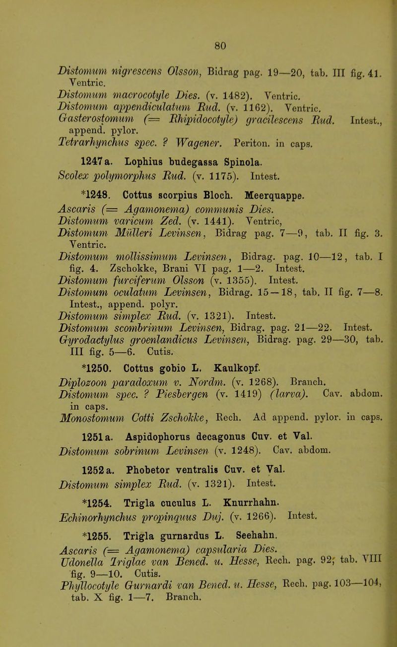 Distomum nigrescens Olsson, Bidrag pag. 19—20, tab. III üa.U. Ventric. Distomum macrocotyle Dies. (v. 1482). Ventric. Distomum appendiculatum Rud. (v. 1162). Ventric. Gasterostmnum (= Rhipidocotyle) yracilescens Rud. Intest., append. pylor. Tetrarhynchus spec. ? Wagener. Periton. in caps. 1247 a. Lophias budegassa Spinola. Scolex polymorphus Rud. (v. 1175). Intest. *1248. Cottus scorpius Bloch. Meerquappe. Ascaris (= Agamonema) communis Dies. Distomum varicum Zed. (v. 1441). Ventric, Distomum Mülleri Levinsen, Bidrag pag. 7—9, tab. II fig. 3. V entric. Distomum mollissimum Levinsen, Bidrag. pag. 10—12, tab, I fig. 4. Zscbokke, Brani VI pag. 1—2. Intest. Distomwn furciferum Olsson (v. 1355). Intest. Distomum oculatum Levinsen, Bidrag. 15 — 18, tab. II fig. 7—8. Intest., append. polyr. Distomum simplex Rud. (v. 1321). Intest. Distomum scomirinum Levinsen, Bidrag. pag. 21—22. Intest. Gyrodactylus groenlandicus Levinsen, Bidrag. pag. 29—30, tab. III fig. 5—6. Cutis. *1250. Cottus gobio L. Kaulkopf. Diplozoon paradoxum v. No^'dm. (v. 1268). Brauch. Distomum spec. ? Riester gen (v. 1419) (larva). Cav, abdom. in caps. Monostomum Cotti Zschohhe, Rech. Ad append. pylor. in caps. 1251a. Aspidophorus decagonus Cuv. et Val. Distomum sdbrinum Levinsen (v. 1248). Cav. abdom. 1252 a. Phobetor ventralis Cuv. et Val. Distomum simplex Rud. (v. 1321). Intest. *1254. Trigla cuculus L. Knurrhahn. Echinorhynchus propinquus Duj. (v. 1266). Intest. *1255. Trigla gurnardus L. Seehahn. Ascaris (= Agamonema) capsularia Dies, üdonella Iriglae van Bened. u. Hesse, Rech. pag. 92^ tab. 'S III fig. 9—10. Cutis. Pliyllocotyle Gurnardi van Bened. u. Hesse, Rech. pag. 103—104, tab. X fig. 1—7. Brauch.