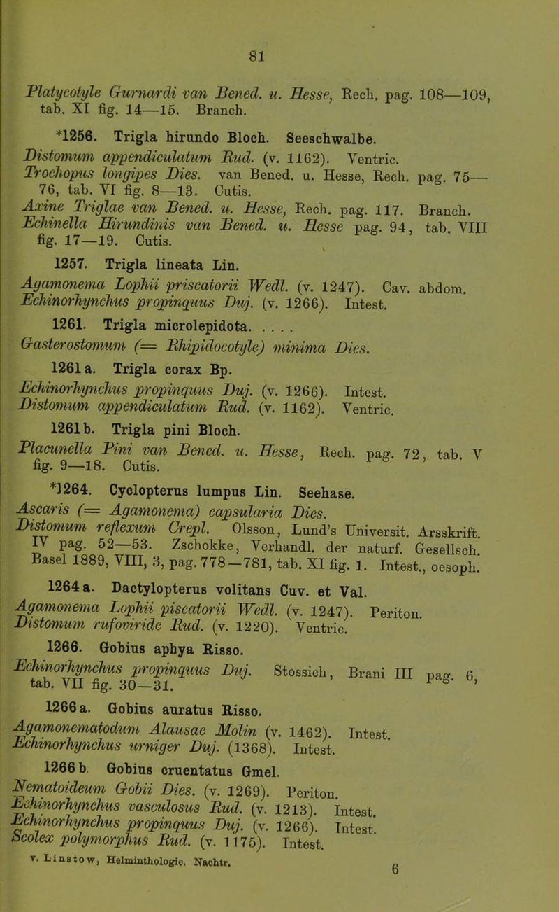 Platijcotyle Gurnardi van Bened. u. Hesse, Rech. pag. 108—109, tab. XI fig. 14—15. Branch. *1256. Trigla hirundo Bloch. Seeschwalbe. Distomum appendiculatuni JRud. (v. 1162). Ventric. Tvocliopus lonyipes Dies, van Bened. u. Hesse, Rech, pag, 75— 76, tab. VI fig. 8—13. Cutis, Axine Tnglae van Bened. u. Hesse, Rech. pag. 117. Branch. Echinella Hirundinis van Bened. u. Hesse pag. 94, tab. VIII fig. 17—19. Cutis. N 1257. Trigla lineata Lin. Agammema Lophii priscatorii Wedl. (v. 1247). Cav. abdom. Echinorhynchus propinguus Duj. (v. 1266). Intest. 1261. Trigla microlepidota Gasterostmnum (= Rhipidocotyle) minima Dies. 1261a. Trigla corax Bp. Echincyrhynchtis propinguus Duj. (v. 1266). Intest. Distomum appendiculatum Bud. (v. 1162). Ventric. 1261b. Trigla pini Bloch. Blacunella Pmi van B&ned. u. Hesse, Rech. pag. 72 tab. V fig. 9—18. Cutis. ’ *1264. Cyclopterus lumpus Lin. Seehase. Ascaris (= Agamonema) capsularia Dies. Distomum reflexum Crepl. Olsson, Lund’s Universit. Arsskrift. IV pag. 52—53. Zschokke, Verhandl. der naturf. Gesellsch. Basel 1889, VIII, 3, pag. 778-781, tab. XI fig. l. Intest., oesoph. 1264 a. Dactylopterus volitans Cuv. et Val. Agamonema Lophii piscatorii Wedl. (v. 1247). Periton, I Distomum rufoviride Bud. (v. 1220). Ventric. 1266. Gobins aphya Risso. Echinorhynchus propinguus Duj. Stossich, Brani III paff 6 tab. VII fig. 30—31. ’ 1266 a. Gobins auratus Risso. Agamonematodum Alausae Molin (v. 1462). Intest. Echinorhynchus urniger Duj. (1368). Intest. 1266 b. Gobins crnentatns Gmel. Nematoideum Gohii Dies. (v. 1269). Periton. EcJdnorhynchus vasculosus Bud. (v. 1213). Intest. Echinorhynchus propinguus Duj. (v. 1266). Intest*. Scolex polymorphus Bud. (v. 1175). Intest. V. Linstow, Helminthologie. Nachtr,