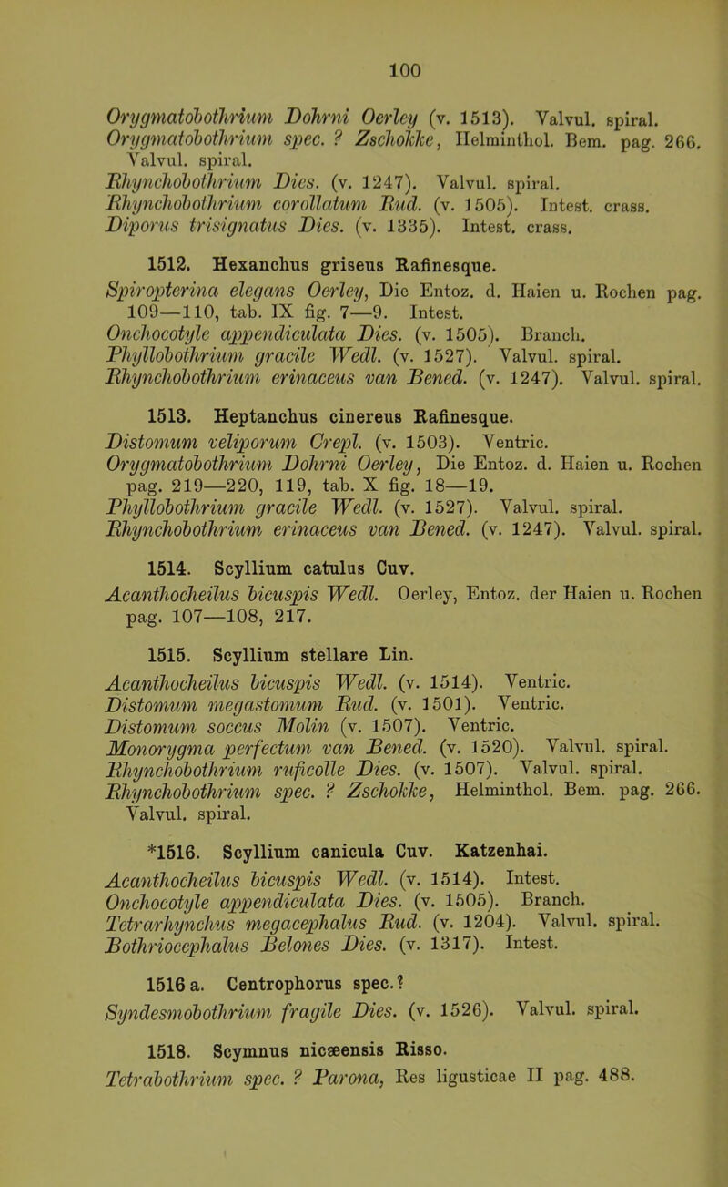 Orygmatohotlirümi Bohrni Oerley (v. 1513). Valvul. spiral. Orygmatohothrnim spec. ? ZscJiolclce, Ilelminthol. Bern. pag. 266. Valvul. spiral. Bhynchöbothrkmi Dies. (v. 1247). Valvul. spiral. Bhyncliöbothrium corollatum Rud. (v. 1505). Intest, crass. Diporus trisignatns Dies. (v. 1335). Intest, crass. 1512. Hexanchus griseus Rafinesque. Spiropterina elegans Oerley, Die Entoz. d. Haien u. Rochen pag, 109—110, tab. IX fig, 7—9. Intest. Onelioeotyle appendiculata Dies. (v. 1505). Brauch. Phyllobothrium gracile Wedl. (v. 1527). Valvul. spiral. RJiynchobotJirium erinaceus van Bened. (v. 1247). Valvul. spiral. 1513. Heptanchus cinereus Rafinesque. Distomum veliporum Crepl. (v. 1503). Ventric, Orygmatobothrium Bohrni Oerley, Die Entoz. d. Haien u. Rochen pag. 219—220, 119, tab. X fig. 18—19. Phyllobothrium gracile Wedl. (v. 1527). Valvul. spiral, Rhynchobothrium erinaceus van Bened. (v. 1247), Valvul, spiral. 1514. Scyllium catulus Cuv. Acanthocheilus bicuspis Wedl. Oerley, Entoz. der Haien u. Rochen pag. 107—108, 217. 1515. Scyllium stellare Lin. Acanthocheilus bicuspis Wedl. (v. 1514). Ventric. Distomum megastomum Rud. (v. 1501). Ventric. Distomum soccus Molin (v. 1507). Ventric. Monorygma perfectum van Bened. (v. 1520). Valvul. spiral. Rhynchobothrium ruficolle Dies. (v. 1507). Valvul. spiral. Rhynchobothrium spec. ? Zschohke, Helminthol. Bern. pag. 266. Valvul. spiral. *1516. Scyllium canicula Cuv. Katzenhai. Acanthocheilus bicuspis Wedl. (v. 1514). Intest. Onchocotyle appendiculata Dies. (v. 1505). Branch. Tetrarhynchus megacephalus Rud. (v. 1204). Valvul. spiral. Bothriocephalus Belones Dies. (v. 1317). Intest. 1516 a. Centrophorus spec. ? Syndesmobothrium fragile Dies. (v. 1526). Valvul. spiral. 1518. Scymnus nicaeensis Risso. Tetrabothrium spec. ? Parona, Res ligusticae II pag. 488.