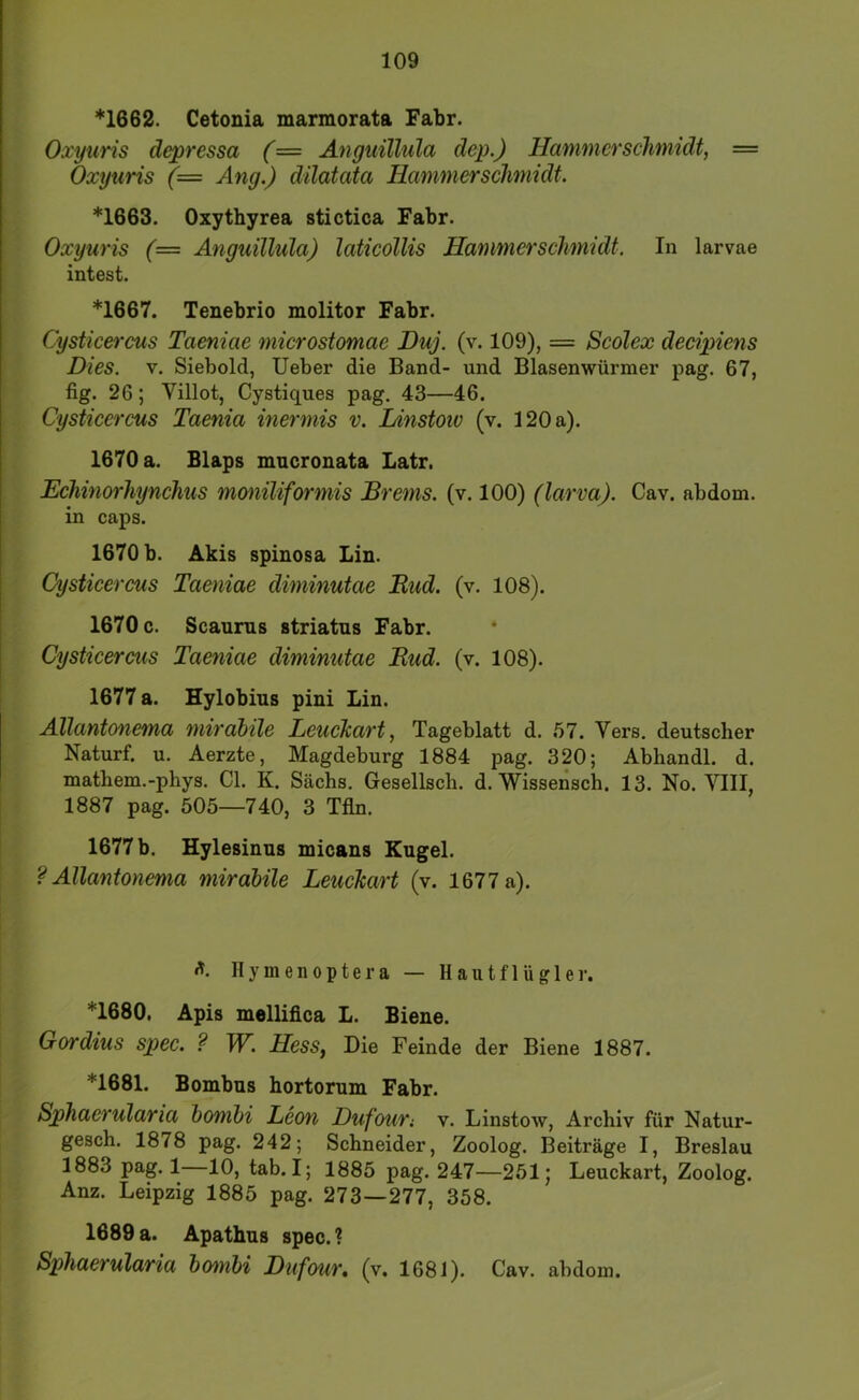 *1662. Cetonia marmorata Fahr. Oxyuris depressa (= Änguillula dep.) Hammerschmidt, = Oxyuris (= Äng.) dilatata Hammerschmidt. *1663. Oxythyrea stictica Fahr. Oxyuris (= Änguillula) laticollis Hammer Schmidt. In larvae intest. *1667. Tenebrio molitor Fahr. Cysticercus Taeniae microstomae Duj. (v. 109), = Scolex decipiens Dies. V. Siebold, lieber die Band- und Blasenwürmer pag. 67, fig. 26; Villot, Cystiques pag. 43—46. Cysticercus Taenia inermis v. Linstow (v. 120 a). 1670 a. Blaps mncronata Latr. Echinorhynchus mmiiliformis Brems, (v. 100) (larva). Cav. abdom. in caps. 1670 b. Akis spiuosa Lin. Cysticercus Taeniae diminutae Rud. (v. 108). 1670 c. Scaums striatns Fahr. Cysticercus Taeniae diminutae Rud. (v. 108). 1677 a. Hylobius pini Lin. Allantonema mirdbile Leuckart, Tageblatt d. 57. Vers, deutscher Naturf. u. Aerzte, Magdeburg 1884 pag. 320; Abhandl. d. mathem.-phys. CI. K. Sachs. Gesellsch. d. Wissensch. 13. No. VIII, 1887 pag. 505—740, 3 Tfln. 1677 b. Hylesinns micans Kugel. ? Allantonema mirabile Leuchart (v. 1677 a). A Ilymenoptera — Hautflügler. *1680, Apis mellihca L. Biene. Gordius spec. ? W. Hess, Die Feinde der Biene 1887. *1681. Bombus hortorum Fahr. Sphaerularia bombi Leon Dufour: v. Linstow, Archiv für Natur- gesch. 1878 pag. 242; Schneider, Zoolog. Beiträge I, Breslau 1883 pag. 1 10, tab.I; 1885 pag. 247—251; Leuckart, Zoolog. Anz. Leipzig 1885 pag. 273—277, 358. 1689a. Apathus spec.? Sphaerularia bombi Dufour, (v. 1681). Cav. abdom.