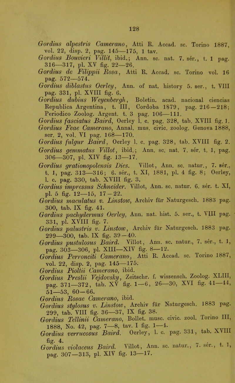 Gordius alpestris Camerano, Atti R. Accad. sc. Torino 1887, vol. 22, disp. 2, pag. 145—175, 1 tav. Gordius Bouvieri Villit, ibid.; Ann, sc. nat. 7. ser., t. 1 pag. 316—317, pl. XV fig. 22—26. Gordius de Filippii Bosa, Atti R. Accad. sc. Torino vol. 16 pag. 572—574. Gordius dihlastus Oerley, Ann. of nat. history 5. ser., t. VIII pag. 331, pl. XVIII fig. 6. Gordius duhius TVeyenbergh, Boletin. acad. nacional ciencias Republica Argentina, t. III, Cordoba 1879, pag. 216 — 218; Periodico Zoolog. Argent. t. 3 pag, 106—111, Gordius fasciatus Baird, Oerley 1. c, pag. 328, tab, XVIII fig, 1, Gordius Feae Camerano, Annal. naus. civic. zoolog. Genova 1888, ser. 2, vol, VI pag. 168—170. Gordius fidgur Baird, Oerley 1, c. pag. 328, tab. XVIII fig. 2. Gordius gemmatus Villot, ibid.; Ann. sc. nat. 7. ser, t, 1, pag, 306—307, pl. XIV fig. 13—17. Gordius grationopolensis Dies. Villot, Ann. sc. natur,, 7. ser., t. 1, pag. 313—316; 6. ser., t. XI, 1881, pl. 4 fig. 8; Oerley, 1. c. pag. 330, tab. XVIII fig. 3. Gordius impressus Schneider. Villot, Ann. sc. natur. 6, ser. t. XI, pl. 5 fig. 12—15, 17-22. Gordius maculatus v. Linstow, Archiv für Naturgesch. 1883 pag. 300, tab. IX fig, 41. Gordius pachydermus Oerley, Ann. nat. hist. 5. ser., t. VIII pag. - 331, pl. XVIII fig. 7. Gordius palustris v. Linstow, Archiv für Naturgesch. 1883 pag. 299—300, tab. IX fig. 39—40. Gordius pustulosus Baird. Villot, Ann. sc. natur., 7. ser., t. 1, pag. 303—306, pl. XIII—XIV fig. 8—12. Gordius Perronciti Camerano, Atti R. Accad. sc. Torino 1887, vol. 22, disp. 2, pag. 145—175. Gordius Pioltii Camerano, ibid. Gordius Preslii Vejdovslcy, Zeitschr. f, wissensch, Zoolog. XLIII, pag. 371—372, tab. XV fig. 1—6, 26—30, XVI fig. 41—44, 51—53, 60—66. Gordius Rosae Camerano, ibid. Gordius stylosus v. Linstow, Archiv für Naturgesch. 1883 pag. 299, tab. VIII fig. 36—37, IX fig. 38. Gordius Tellinii Camerano, Rollet, musc. civic. zool. Tonno III, 1888, No. 42, pag. 7—8, tav. I fig. 1—4. Gordius verrucosus Baird. Oerley, 1. c, pag. 331, tab. XVll fig. 4. . Gordius violaceus Baird. Villot, Ann. sc. natur., 7. ser., t. , pag. 307—313, pl. XIV fig. 13—17.