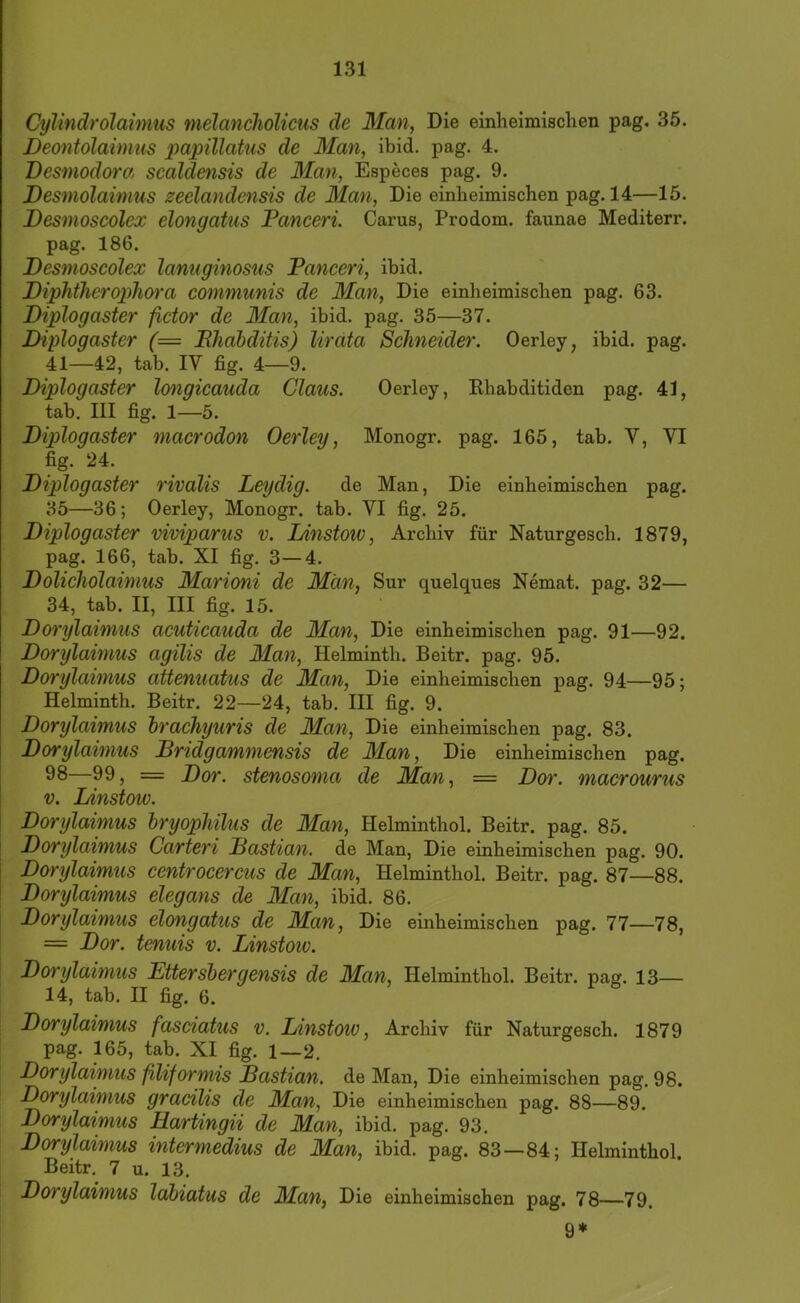Cylindrolaimus melancholicus de Man, Die einheimischen pag. 35. Deontolaimus papillatus de Man, ibid. pag. 4. Desmodora scaldensis de Man, Especes pag. 9. Desmolaimus zeelandensis de Man, Die einheimischen pag. 14—15. Desmoseolex elongatus Panceri. Carus, Prodom. faunae Mediterr. pag. 186. Desmoseolex lanuginosus Panceri, ibid. Diphtherophora communis de Man, Die einheimischen pag. 63. Diplogaster fictor de Man, ibid. pag. 35—37. Diplogaster (= Bhabditis) lirdta Schneider. Oerley, ibid, pag. 41—42, tab. IV fig. 4—9. Diplogaster longicauda Claus. Oerley, Ehabditiden pag. 41, tab. III fig. 1—5. Diplogaster macrodon Oerley, Monogr. pag. 165, tab. V, VI fig. 24. Diplogaster rivalis Leydig. de Man, Die einheimischen pag. 35—36; Oerley, Monogr. tab. VI fig. 25. Diplogaster viviparus v. Linstow, Archiv für Naturgesch. 1879, pag. 166, tab. XI fig. 3—4. Dolicholaimus Marioni de Man, Sur quelques Nemat. pag. 32— 34, tab. II, III fig. 15. Dorylaimus acuticauda de Man, Die einheimischen pag. 91—92. Dorylaimus agilis de Man, Helminth. Beitr. pag. 95. Doi'ylaimus attenuatus de Man, Die einheimischen pag. 94—95; Helminth. Beitr. 22—24, tab. III fig. 9. Dorylaimus brachyuris de Man, Die einheimischen pag. 83. Dorylaimus Drtdgammensis de Man, Die einheimischen pag. 98—99, = Dor. stenosoma de Man, — Dor. macrourus V. Linstoiü. Dorylaimus bryophilus de Man, Helminthol. Beitr. pag. 85. Dorylaimus Carteri Bastian, de Man, Die einheimischen pag. 90. Dorylaimus centrocercus de Man, Helminthol. Beitr. pag. 87—88. Dorylaimus elegans de Man, ibid. 86. Dorylaimus elongatus de Man, Die einheimischen pag. 77—78, = Dor. tenuis v. Linstoiv. Dorylaimus Ettersbergensis de Man, Helminthol. Beitr. pag. 13— 14, tab. II fig. 6. Dorylaimus fasciatus v. Dinstow, Archiv für Naturgesch. 1879 pag. 165, tab. XI fig. 1—2. Dorylaimus fHifoi’mis Bastian, de Man, Die einheimischen pag. 98. Dorylaimus gracilis de Man, Die einheimischen pag. 88—89. Dorylaimus Hartingii de Man, ibid. pag. 93. Dorylaimus intermedius de Man, ibid. pag. 83—84; Helminthol Beitr. 7 u. 13. Dorylaimus lahiatus de Man, Die einheimischen pag. 78—79. 9*