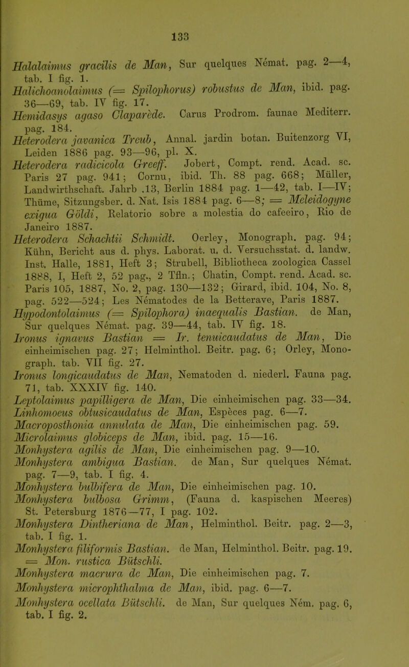 Halalahnus gracilis de Man, Sur quelques Nemat. pag. 2 4, tab. I fig. 1. . Halichoanolaimus (= Spüoiiihorus) robiistus de 3lan, ibid. pag. 36—69, tab. IV fig. 17. Hemidasys agaso Claparcde. Garns Prodrom, faunae Mediterr. pag. 184. Heterodera javanica Treub, Annal. jardin botan. Buitenzorg VI, Leiden 1886 pag. 93—96, pl. X. Heterodera radicicola Greejf. Jobert, Compt. rend. Acad. sc. Paris 27 pag. 941; Cornu, ibid. Th. 88 pag. 668; Müller, Landwirtbsebaft. Jabrb .13, Berlin 1884 pag. 1—42, tab. I IV; Tbürae, Sitzungsber. d. Nat. Isis 1884 pag. 6—8; = Meleidogyne exigua Göldi, Eelatorio sobre a molestia do cafeeiro, Bio de Janeiro 1887. Heterodera Sehachtii Schmidt. Oerley, Monograpb. pag. 94; Kühn, Bericht aus d. phys. Laborat. u. d. Versuchsstat. d. landw. Inst. Halle, 1881, Heft 3; Strubell, Bibliotheca zoologica Cassel 1888, I, Heft 2, 52 pag., 2 Tfln.; Cbatin, Compt. rend. Acad. sc. Paris 105, 1887, No. 2, pag. 130—132; Girard, ibid. 104, No. 8, pag. 522—524; Les Nematodes de la Betterave, Paris 1887. Hypodontolaimus (= Spilophora) inaegudlis Bastian, de Man, Sur quelques Nemat. pag. 39—44, tab. IV fig. 18. Ironus ignavus Bastian = Ir. tenuicaudatus de 3Ian, Die einheimischen pag. 27; Helminthol. Beitr. pag. 6; Orley, Mono- graph. tab. VII fig. 27. Bonus longicaudatiis de 31an, Nematoden d. niederl. Fauna pag. 71, tab. XXXIV fig. 140. Leptolaimus papilligera de 3Ian, Die einheimischen pag. 33—34. Linhomoeus obtusicaudatus de 3Ian, Especes pag. 6—7. Macroposthonia annulata de Man, Die einheimischen pag. 59. 31icrolaimus globiceps de 3Ian, ibid. pag. 15—16. 3Ionhystera agilis de Man, Die einheimischen pag. 9—10. 3Ionhystera ambigua Bastian, de Man, Sur quelques Nemat. pag. 7—9, tab. I fig. 4. 3Ionhystera bulbifera de 3Ian, Die einheimischen pag. 10. 3£onhystera bulbosa Grimm, (Fauna d. kaspischen Meeres) St. Petersburg 1876—77, I pag. 102. 3Ionhystera Dintheriana de Man, Helminthol. Beitr. pag. 2—3, tab. I fig. 1. Monhystera filiformis Bastian, de Man, Helminthol. Beitr. pag. 19. = 3Ion. rustica Bütschli. Monhystera macrura de Man, Die einheimischen pag. 7. Monhystera microphthalma de Man, ibid. pag. 6—7. Monhystera ocellata Bütschli. de Man, Sur quelques Nein. pag. 6, tab. I fig. 2.