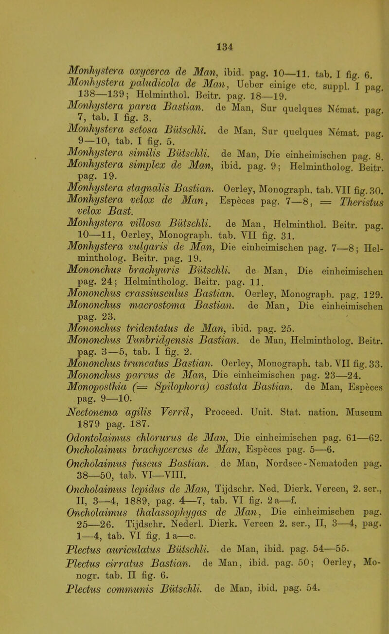Monhystera oxycerca de Man, ibid. pag. 10—ll. tab. I fig, 6. Monhysteva paludicola de Man, Ueber einige etc. suppl. I pai? 138—139; Helmintbol. Beitr. pag. 18—19. Monhystera parva Bastian, de Man, Sur quelques Nemat. patr 7, tab, I fig. 3. Monhystera sctosa Bütschli. de Man, Sur quelques Nemat pajz 9— 10, tab. I fig. 5. Monhystera similis Bütschli. de Man, Die einheimischen pag. 8. Monhystera simplex de Man, ibid. pag. 9; Helmintholog. Beitr. pag. 19. Monhystera stagnalis Bastian. Oerley, Monograph, tab. VII fig. 30. Monhystera velox de Man, Especes pag. 7—8, = Theristus velox Bast. Monhystera villosa Bütschli. de Man, Helmintbol. Beitr. pag. 10— 11, Oerley, Monograpb. tab. YII fig. 31. Monhystera vulgaris de Man, Die einheimischen pag. 7—8; Hel- mintholog. Beitr. pag. 19. Mononchus hrachyuris Bütschli. de Man, Die einheimischen pag. 24; Helmintholog, Beitr, pag. 11. Mononchus crassiusculus Bastian. Oerley, Monograph, pag, 129. Mononchus macrostoma Bastian, de Man, Die einheimischen pag. 23. Mononchus tridentatus de Man, ibid. pag. 25. Mononchus Tunhridgensis Bastian, de Man, Helmintholog. Beitr. pag. 3—5, tab. I fig, 2. Mononchus truncatus Bastian. Oerley, Monograph, tab. VII fig. 33. Mononchus parvus de Man, Die einheimischen pag. 23—24. Monoposthia (— Spilophora) costata Bastian, de Man, Especes pag. 9—10. Nectonema agilis Verril, Proceed. Unit, Stat. nation. Museum 1879 pag. 187. Odontdlaimus chlorurus de Man, Die einheimischen pag. 61—62. Oncholaimus hrachycercus de Man, Especes pag. 5—6. Oncholaimus fuscus Bastian, de Man, Nordsee-Nematoden pag. 38—50, tab. VI—VIII. Oncholaimus lepidus de Man, Tijdschr. Ned. Dierk. Vereen, 2, ser., II, 3—4, 1889, pag. 4—7, tab. VI fig. 2 a—f, Oncholaimus thalassophygas de Man, Die einheimischen pag. 25—26. Tijdschr. Nederl. Dierk. Vereen 2. ser., II, 3—4, pag. 1—4, tab. VI fig. 1 a—c. Plectus auriculatus Bütschli. de Man, ibid. pag. 54—55. Plectus drratus Bastian, de Man, ibid. pag. 50; Oerley, Mo- nogr. tab. II fig. 6. Plectus communis Bütschli. de Man, ibid. pag. 54.