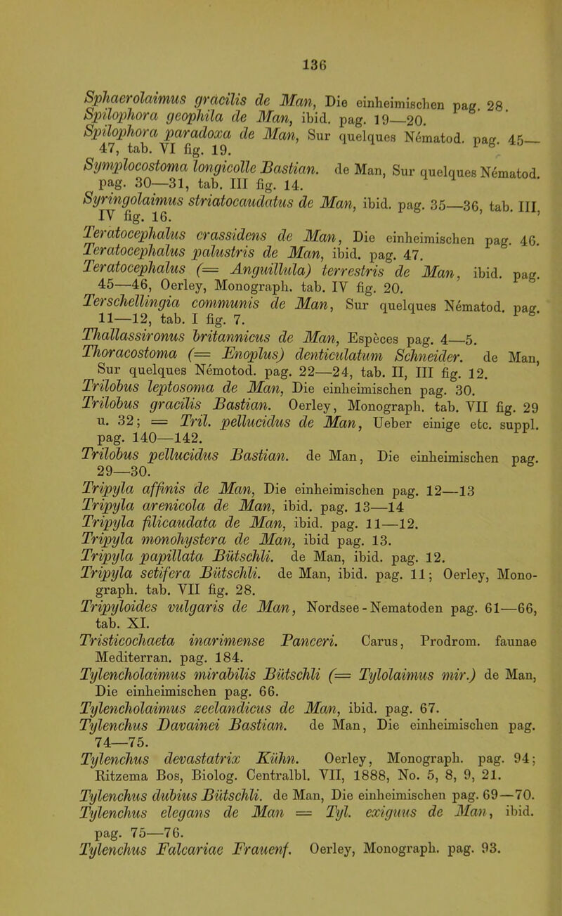 ^hcieTolaimus gväcilis de Die einheimischen pag 28 Spilophora geophila de Man, ibid. pag. 19—20. de Man, Sur quelques Nematod. pag. 45 Symplocostoma longicoUe Bastian, de Man, Sur quelques N4matod pag. 30—31, tab. III fig. 14. Syringolaimus striatocaudatus de Man, ibid. pag. 35—36 tab III IV fig. 16. ’ • > Tetatocephalus CTassidens de Man, Die einheimischen pag. 46. Teratocephalus xmlustris de Man, ibid. pag. 47. Teratocephalus (= Anguillula) terrestris de Man, ibid. pag. 45—46, Oerley, Monograph, tab. IV fig. 20. Terschellingia communis de Man, Sur quelques Nematod naff 11—12, tab. I fig. 7. ■ ^ Thallassironus britannicus de Man, Especes pag. 4 5. Thoracostoma (= Enoplus) denticulatum Schneider, de Man, Sur quelques Nemotod. pag. 22—24, tab. II, III fig. 12. Trilohus leptosoma de Man, Die einheimischen pag. 30. Trilohus gracilis Bastian. Oerley, Monograph, tab. VII fig. 29 u. 32; = Tril. pellucidus de Man, Ueber einige etc. suppl. pag. 140—142. Trilohus pellucidus Bastian, de Man, Die einheimischen pag. 29—30. Tripyla affinis de Man, Die einheimischen pag. 12—13 Tripyla arenicola de Man, ibid. pag. 13—14 Tripyla filicaudata de Man, ibid. pag. 11—12. Tripyla monohystera de Man, ibid pag. 13. Tripyla papillata Bütschli. de Man, ibid. pag. 12. Tripyla setifera Bütschli. de Man, ibid. pag. 11; Oerley, Mono- graph. tab. VII fig. 28. Tripyloides vulgaris de Man, Nordsee - Nematoden pag. 61—66, tab. XI. Tristicochaeta inarimense Banceri. Carus, Prodrom, faunae Mediterran, pag. 184. Tylencholaimus mirabilis Bütschli (= Tylolaimus mir.) de Man, Die einheimischen pag. 66. Tylencholaimus zeelandicus de Man, ibid. pag. 67. Tylenchus Bavainei Bastian. de Man, Die einheimischen pag. 74—75. Tylenchus devastatrix Kühn. Oerley, Monograph, pag. 94; Ritzema Bos, Biolog. Centralbl. VII, 1888, No. 5, 8, 9, 21. Tylenchus dubius Bütschli. de Man, Die einheimischen pag. 69—70. Tylenchus elegans de Man — Tyl. exiguus de Man, ibid. pag. 75—76. Tylenchus Falcariae Frauenf. Oerley, Monograph, pag. 93.
