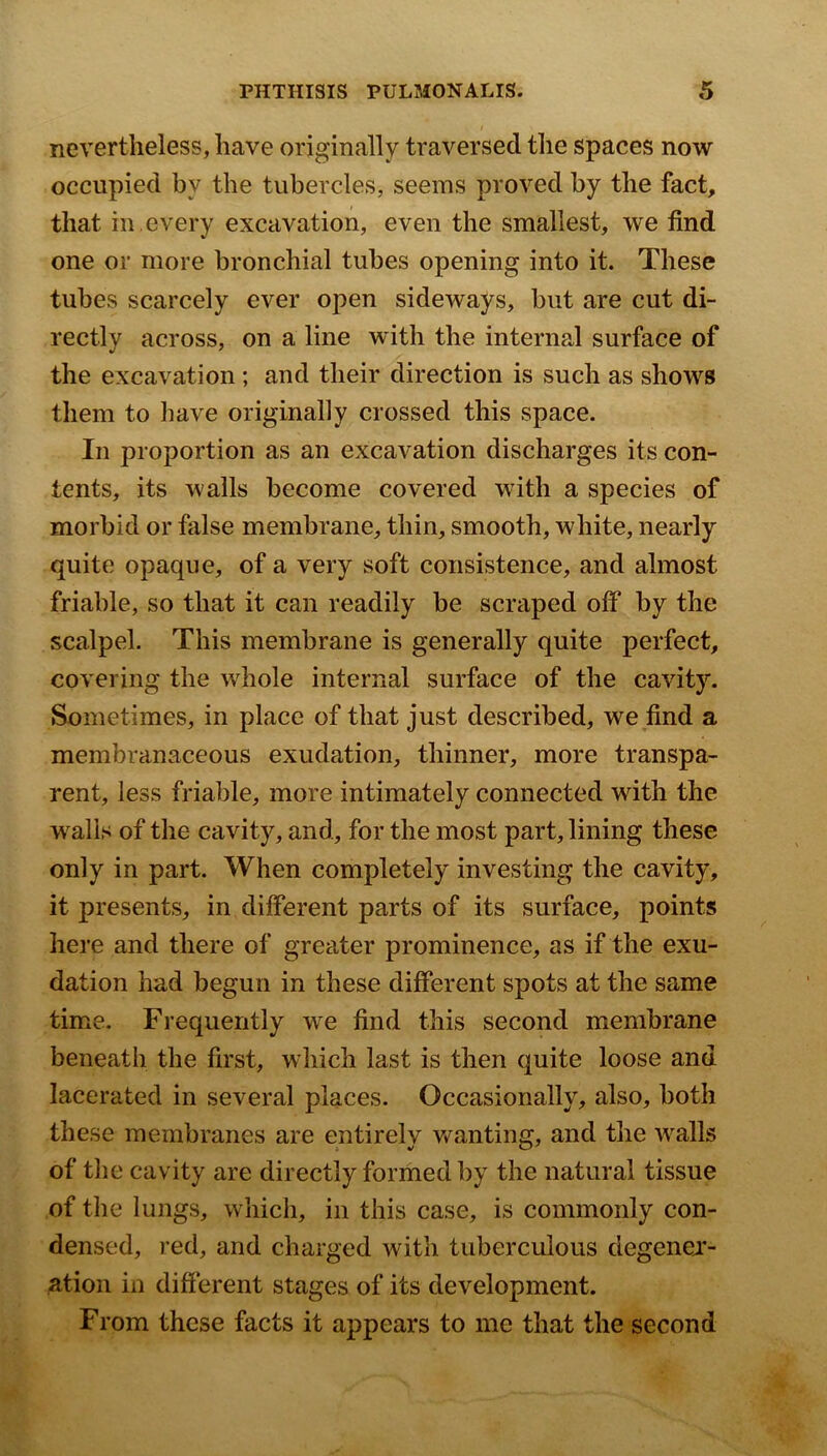 nevertheless, have originally traversed the spaces now occupied by the tubercles, seems proved by the fact, that ill. every excavation, even the smallest, we find one or more bronchial tubes opening into it. These tubes scarcely ever open sideways, but are cut di- rectly across, on a line with the internal surface of the excavation ; and their direction is such as shows them to have originally crossed this space. In proportion as an excavation discharges its con- tents, its walls become covered with a species of morbid or false membrane, thin, smooth, white, nearly quite opaque, of a very soft consistence, and almost friable, so that it can readily be scraped off by the scalpel. This membrane is generally quite perfect, covering the wdiole internal surface of the cavity. Sometimes, in place of that just described, we find a membranaceous exudation, thinner, more transpa- rent, less friable, more intimately connected with the w^alis of the cavity, and, for the most part, lining these only in part. When completely investing the cavity, it presents, in different parts of its surface, points here and there of greater prominence, as if the exu- dation had begun in these different spots at the same time. Frequently we find this second membrane beneath the first, wdiich last is then quite loose and lacerated in several places. Occasionally, also, both these membranes are entirely v/anting, and the w’^alls of the cavity are directly formed by the natural tissue of the lungs, which, in this case, is commonly con- densed, red, and charged with tuberculous degenej- ation in different stages of its development. From these facts it appears to me that the second