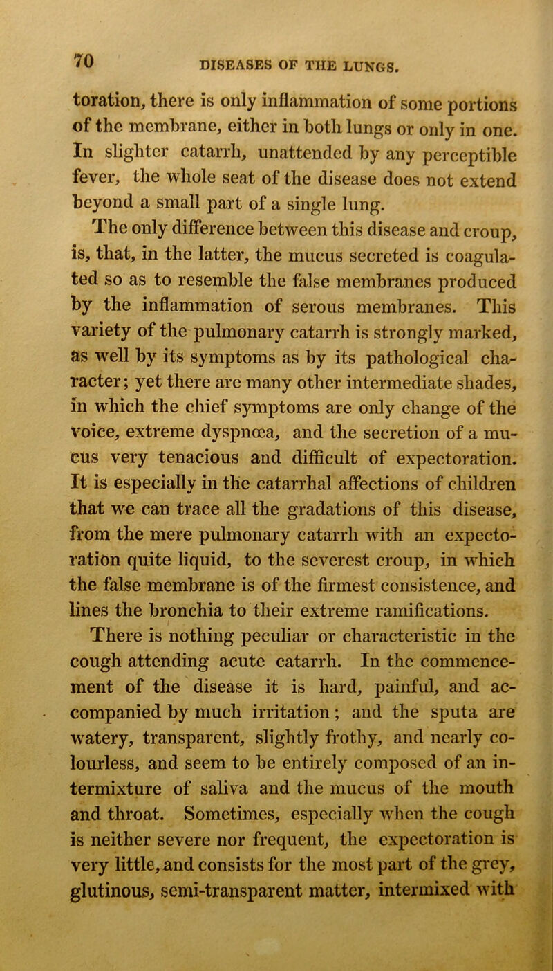 toration, there is only inflammation of some portions of the membrane, either in both lungs or only in one. In slighter catarrh, unattended by any perceptible fevei*, the whole seat of the disease does not extend beyond a small part of a single lung. The only difference between this disease and croup, is, that, in the latter, the mucus secreted is coagula- ted so as to resemble the false membranes produced by the inflammation of serous membranes. This variety of the pulmonary catarrh is strongly marked, as well by its symptoms as by its pathological cha- racter; yet there are many other intermediate shades, in which the chief symptoms are only change of the voice, extreme dyspnoea, and the secretion of a mu- cus very tenacious and difficult of expectoration. It is especially in the catarrhal affections of children that we can trace all the gradations of this disease, from the mere pulmonary catarrh with an expecto- ration quite liquid, to the severest croup, in which the false membrane is of the firmest consistence, and lines the bronchia to their extreme ramifications. There is nothing peculiar or characteristic in the cough attending acute catarrh. In the commence- ment of the disease it is hard, painful, and ac- companied by much irritation; and the sputa are watery, transparent, slightly frothy, and nearly co- lourless, and seem to be entirely composed of an in- termixture of saliva and the mucus of the mouth and throat. Sometimes, especially when the cough is neither severe nor frequent, the expectoration is very little, and consists for the most part of the grey, glutinous, semi-transparent matter, intermixed with