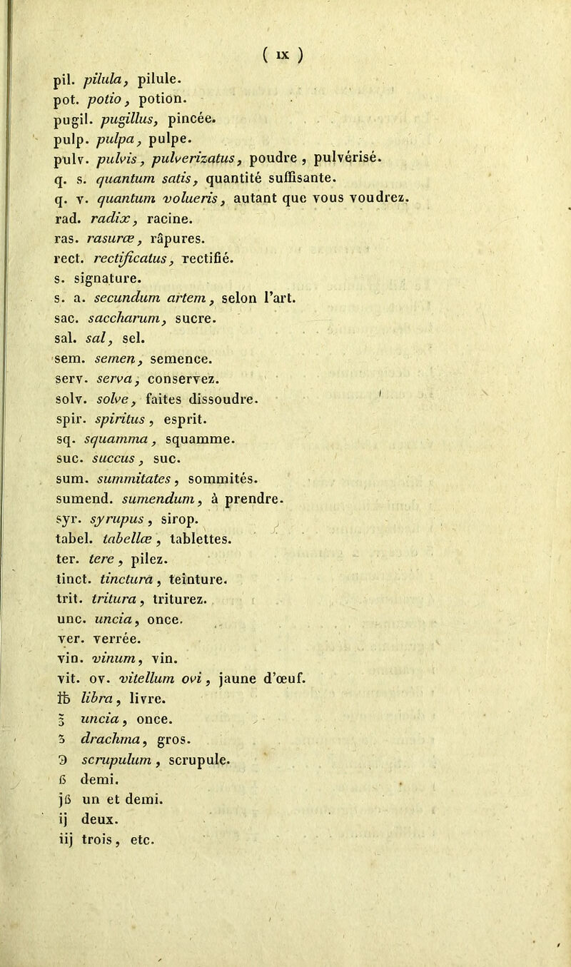 pii. pilula, pilule, pot. potio, potion, pugil. pugillus, pincée, pulp. pulpa, pulpe. pulv. pulvis, pulverizatus, poudre, pulvérisé. q. s. quantum satis, quantité suffisante. q. y. quantum volueris, autant que vous voudrez rad. radix, racine. ras. rasurœ, râpures. rect. rectijicatus, rectifié. s. signature. s. a. secundum artem, selon l’art. sac. saccharum, sucre. sal. sal, sel. sem. semen, semence. serv. serva, conservez. solv. solve, faites dissoudre. spir. spiritus, esprit. sq. squamma, squamme. suc. succus, suc. sum. summitates, sommités. sumend. sumendum, à prendre. syr. syrupus, sirop. tabel. tabellœ, tablettes. ter. tere , pilez. tinct. tinctura , teinture. trit. tritura, triturez. une. uncia, once. ver. verrée. vin. vinum, vin. vit. ov. vitellum ovi, jaune d’œuf, ib libra, livre. 5 uncia, once. 5 drachma, gros. 3 scrupulum, scrupule. 15 demi. j6 un et demi, ij deux, iij trois, etc.