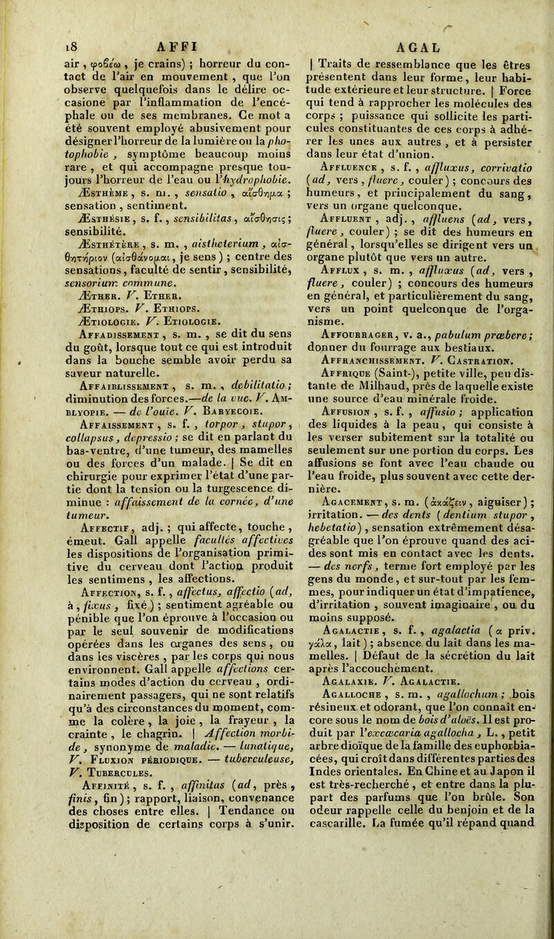 air , ipoêéio , je crains) ; horreur du con- tact de l’air en mouvement , que l’on observe quelquefois dans le délire oc- casione par l’inflammation de l’encé- phale ou de ses membranes. Ce mot a été souvent employé abusivement pour désigner l’horreur de la lumière on la pho- tophobie , symptôme beaucoup moins rare , et qui accompagne presque tou- jours l’horreur de l’eau ou l’iiydrophobie. Æsthème , s. m. , sensaiio , atoflïjp.a ; sensation , sentiment. Æsthésie, s. f. , sensibilitas, afo-Gyjcnç; sensibilité. Æsthétère , s. m. , aistheierium , ater- Gyjvvjpcov (alaQoivouou, je sens ) ; centre des sensations, faculté de sentir, sensibilité, sensorium commune. Æther. V. Ether. Æthiops. V. Ethiops. ÆtiolOgie. V. Etiologie. Affadissement , s. m. , se dit du sens du goût, lorsque tout ce qui est introduit dans la bouche semble avoir perdu sa saveur naturelle. Affaiblissement , s. m. , debilitatio ; diminution des forces.—de la eue. V. Am- blyopie. —de l’ouïe. V. Babyecoie. Affaissement, s. f. , torpor, stupor, collapsus, depressio ; se dit en parlant du bas-ventre, d’une tumeur, des mamelles ou des forces d’un malade. | Se dit en chirurgie pour exprimer l’état d’une par- tie dont la tension ou la turgescence di- minue : affaissement de la cornée, d’une tumeur. Affectif, adj. ; qui affecte, touche , émeut. Gall appelle facultés affectives les dispositions de l’organisation primi- tive du cerveau dont l’action produit les sentimens , les affections. Affection, s. f., affect us, affectio (ad, à , fucus , fixé ) ; sentiment agréable ou pénible que l’on éprouve à l’occasion ou par le seul souvenir de modifications opérées dans les organes des sens , ou dans les viscères , par les corps qui nous environnent. Gall appelle affections cer- tains modes d’action du cerveau , ordi- nairement passagers, qui ne sont relatifs qu’à des circonstances du moment, com- me la colère , la joie , la frayeur , la crainte , le chagrin. | Affection morbi- de , synonyme de. maladie. — lunatique, V. Fluxion périodique. — tuberculeuse, V. Tubercules. Affinité, s. f. , affinités (ad, près, finis , fin ) ; rapport, liaison, convpnance des choses entre elles. | Tendance ou disposition de certains corps à s’unir. | Traits de ressemblance que les êtres présentent dans leur forme, leur habi- tude extérieure et leur structure. | Force qui tend à rapprocher les molécules des corps ; puissance qui sollicite les parti- cules constituantes de ces corps à adhé- rer les unes aux autres , et à persister dans leur état d’union. Affluence , s. f. , affluxus, corrivatio (ad, vers , {lucre, couler) ; concours des humeurs, et principalement du sang, vers un organe quelconque. Affluent, adj., affluens (ad, vers, fluere, couler) ; se dit des humeurs en général, lorsqu’elles se dirigent vers un organe plutôt que vers un autre. Afflux , s. m. , affluxus (ad, vers , fluere, couler) ; concours des humeurs en général, et particulièrement du sang, vers un point quelconque de l’orga- nisme. Affouerager, v. a., pabulum prœbere; donner du fourrage aux bestiaux. Affranchissement. V. Castration. Affrique (Saint-), petite ville, peu dis- tante de Milhaud, près de laquelle existe une source d’eau minérale froide. Affusion , s. f. , affusio ; application des liquides à la peau , qui consiste à les verser subitement sur la totalité ou seulement sur une portion du corps. Les affusions se font avec l’eau chaude ou l’eau froide, plus souvent avec cette der- nière. Agacement, s. m. (àxotÇciv, aiguiser); irritation.—des dents (dentium stupor, hebetatio), sensation extrêmement désa- gréable que l’on éprouve quand des aci- des sont mis en contact avec les dents. — des nerfs, ternie fort employé par les gens du monde, et sur-tout par les fem- mes, pour indiquer un état d’impatience, d’irritation , souvent imaginaire , ou du moins supposé. Agalactie, s. f. , agalactia (a priv. yxla, lait ) ; absence du lait dans les ma- melles. | Défaut de la sécrétion du lait après l’accouchèment. Agalaxie. V. Agalactie. Agalloche , s. m. , agalloclium ; bois résineux et odorant, que l’on connaît en- core sous le nom de bois d’aloes. Il est pro- duit par Yexccecaria agalloclia , L., petit arbre dioïque de la famille des euphorbia- cées, qui croît dans différentes parties des Indes orientales. En Chine et au Japon il est très-recherché, et entre dans la plu- part des parfums que l’on brûle. Son odeur rappelle celle du benjoin et de la cascarille. La fumée qu’il répand quand