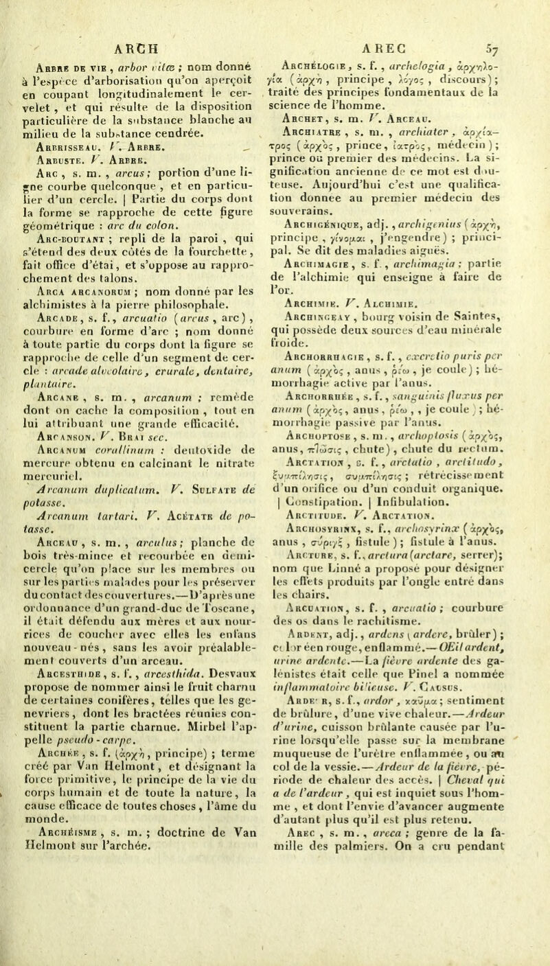 Arbre de vib , arbor rit ce ; nom donné à l’espi ce d’arborisation qu’on aperçoit en coupant longitudinalement le cer- velet , et qui résulte de la disposition particulière de la substance blanche au milieu de la substance cendrée. Arbrisseau. C. Arbre. — Arbuste. V. Arbre. Arc , s. m. , arcus; portion d’une li- gne courbe quelconque , et en particu- lier d’un cercle. | Partie du corps dont la forme se rapproche de cette figure géométrique : arc du colon. Arc-boutant ; repli de la paroi , qui s’étend des deux côtés de la fourchette, fait office d’étai, et s’oppose au rappro- chement des talons. Arca arcanorusi ; nom donné par les alchimistes à la pierre philosophale. Arcade, s. f., arcualio (arcus , arc) , courbure en forme d’arc ; nom donné à toute partie du corps dont la figure se rapproche de celle d‘un segment de cer- cle : arcade alvéolaire, crurale, dentaire, plantaire. Arcanb , s. m. , arcanum ; remède dont on cache la composition , tout en lui attribuant une grande efficacité. Arcanson. V. Brai scc. Arcanum corutlinum : deutoxide de mercure obtenu en calcinant le nitrate mercuriel. Arcanum duplicatum. V. Sulfate de potasse. Arcanum tartari. V. Acétatk de po- tasse. Arceau, s. m. , arculus; planche de bois très-mince et recourbée en demi- cercle qu’on place sur les membres ou sur les parties malades pour les préserver du contact des couvertures.—D’après une ordonnance d’un grand-duc de Toscane, il était défendu aux mères et aux nour- rices de coucher avec elles les enfans nouveau - nés , sans les avoir préalable- ment couverts d’un arceau. Abcesthide, s. f., arcestliida. Desvaux propose de nommer ainsi le fruit charnu de certaines conifères, telles que les ge- névriers, dont les bractées réunies con- stituent la partie charnue. Mirbel l’ap- pelle pseudo - carpe. Archée , s. f. {b-px'h ’ Principe) ; terme créé par Van Helmont, et désignant la force primitive, le principe de la vie du corps humain et de toute la nature, la cause efficace de toutes choses , l’âme du monde. Archaïsme , s. m. ; doctrine de Van Helmont sur l’archée. Archélogie, s. f. , urchelogia , àpynlo- yca (àpx:ri , principe , téyoç, , discours); traité des principes fondamentaux de la science de l’homme. Archet, s. m. C. Arceau. Archiatbe , s. m. , arcliiater, àp^îoe- Tpoç ( àpx'oç , prince , lorrpoç , médecin ) ; prince ou premier des médecins. La si- gnification ancienne de ce mot est dou- teuse. Aujourd’hui c’est une qualifica- tion donnée au premier médecin des souverains. Archigénique, adj., archigenius (■ip/'c, principe , ylvop.ua , j’engendre) ; princi- pal. Se dit des maladies aiguës. Arciiimagie, s. f , archimagia ; partie de l’alchimie qui enseigne à faire de l’or. Archimie. V. Alchimie. Archingeay, bourg voisin de Saintes, qui possède deux sources d’cati minérale froide. Archorrii agis , s. f. , cxcrclio paris per anum ( àp/oç , anus, p.-w , je coule) ; hé- morrhagie active par l’anus. Archorrhéë , s. f., sanguinis flu.rus per anum ( àp^'oç , anus , pto>, , je coule ) ; hé- morrhagie passive par l’anus. Archoptose , s. m., archoptosis (àp^'05, anus, tzIùgiç , chute), chute du rectum. Arctation , d. f. , arctulio , arctitudo , ^vp.-ïriA'/jcriç, cuu-nrcÀ'/itriç ; rétrécissement d’un orifice ou d’un conduit organique. | Constipation. | Infibulation. Arctituue. V. Arctation. Archosyrinx, s. f., arclwsyrinx (àp^oç, anus , e-iptyi- , fistule ) ; fistule à l’anus. Arcture, s. f..arclura(arclare, serrer); nom que Linné a proposé pour désigner les effets produits par l’ongle entré dans les éhairs. Arcuation, s. f. , arcualio; courbure des os dans le rachitisme. Ardent, adj., ardens yardere, brûler) ; et lor éen rouge, enflammé.— OEil ardent, urine ardente.—La fièvre ardente des ga- lénistcs était celle que Pinel a nommée inflammatoire bilieuse. V. Gausus. Arde- r, s.f., ardor , xaSpa; sentiment de brûlure, d’une vive chaleur.—Ardeur d’urine, cuisson brûlante causée par l’u- rine lorsqu’elle passe sur la membrane muqueuse de l’urètre enflammée, ou au col de la vessie. — Ardeur de la fièvre, pé- riode. de chaleur des accès. | Cheval qui a de l’ardeur, qui est inquiet sous l’hom- me , et dont l’envie d’avancer augmente d’autant plus qu’il est plus retenu. Arec , s. m. , areca ; genre de la fa- mille des palmiers. On a cru pendant