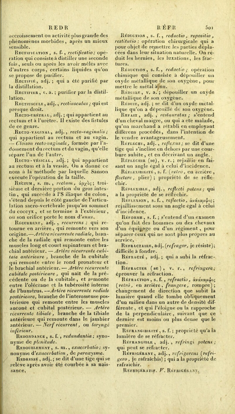 5oi REDR accroissement ou activité plus grande des phénomènes morbides, après un mieux sensible. Rectification, s. f. , rectificatio; opé- ration qui consiste à distiller une seconde fois, seuls ou après les avoir mêlés avec d’autres corps, certains liquides qu’on se propose de purifier. Rectifié, adj. ; qui a été purifié par la distillation. Rectifier, v. a. ; purifier par la distil- lation. Rectiusccle, adj., rectiusculus; qui est presque droit. Recto-urétral, adj. ; qui appartient au rectum et à l’urètre. 11 existe des fistules de ce genre. Recto-vaginal, adj., recto-vaginalis ; qui appartient au rectum et au vagin. — Cloison recto-vaginale, formée par l’a- dossement du rectum et du vagin, qu’elle sépare l’un de l’autre. Recto - vésical , adj.; éjui appartient au rectum et à la vessie. On a donné ce nom à la méthode par laquelle Sanson exécute l’opération de la taille. Rectum, s. ni. , rectum, àoyoç ; troi- sième et dernière portion du gros intes- tin, qui succède à PS iliaque du colon, s’étend depuis le côté gauche de l’articu- lation sacro-vertébrale jusqu’au sommet du coccyx , et se termine à l’extérieur, où son orifice porte le nom d’anus. Récurrent, adj. , recurrens ; qui re- tourne en arrière, qui remonte vers son origine.—Artère récurrente radiale, bran- che de la radiale qui remonte entre les muscles long et court supinateurs et bra- chial antérieur. — Artère récurrente cubi- tale antérieure , branche de la cubitale qui remonte entre le rond pronateur et le brachial antérieur. — Artère récurrente cubitale postérieure, qui naît de la pré- cédente ou de la cubitale, et remonte entre l’olécrane et la tubérosité interne de l’humérus. —Artère récurrente radiale postérieure, branche de l’interosseuse pos- térieure qui remonte entre les muscles anconé et cubital postérieur. — Artère récurrente tibiale, branche de la tibiale antérieure qui remonte dans le jambier antérieur. —- Nerf récurrent, ou laryngé inférieur. Redondance, s. f. , redundantia ; syno- nyme de plénitude. Redoublement, s. m., exaccrbatio ; sy- nonyme d’exacerbation, de paroxysme. Redressé , adj. ; se dit d’une tige qui se relève après avoir été courbée à sa nais- R É F R Réduction, s. f., reductio, repositio , restitutio ; opération chirurgicale qui a pour objet de remettre les parties dépla- cées dans leur situation naturelle. On ré- duit les hernies, les luxations, les frac- tures. Réduction, s. f., reductio; opération chimique qui consiste à dépouiller un oxyde métallique de son oxygène, pour mettre le métal à-nu. Réduire, v. a.; dépouiller un oxyde métallique de son oxygène. Réduit, adj. ; se dit d’un oxyde métal- lique qu’on a dépouillé de son oxygène. Refait, adj., restaurât us ; s’entend d’un cheval maigre, ou qui a été malade, qu’un marchand a rétabli en employant dill'érens procédés, dans l’intention de le vendre avantageusement. Réfléchi, adj., reflexus; se dit d’une tige qui s’incline en dehors par une cour- bure subite , et en décrivant un angle.. Réfléchir (se), v.r. ; rejaillir en fai- sant un angle égal à celui d’incidence. Réflexibilité , s. f. (rétro, eu arrière , flccterc, plier) ; propriété de se réflé- chir. Réflexible, adj., reflecti potens; qui a la propriété de se réfléchir. Réflexion, s. f. , reflectio, àvaxap«faç; rejaillissement sous un angle égal il celui d’incidence. Réforme , s. f. ; s’entend d’un examen qu’on fait des hommes ou des chevaux d’un équipage ou d’un régiment , pour séparer ceux qui ne sont plus propres au service. Réfractaire, adj. (refragor, je résiste); difficile à fondre. Réfracté , adj. ; qui a subi la réfrac- tion. Réfracter (se), v. r. , refringere; éprouver la réfraction. Réfraction, s. f. , vefractio, àv<xxap.<piç [rétro, en arrière, frangere, rompre) ; changement de direction que subit la lumière quand elle tombe obliquement d’un milieu dans un autre de densité dif- férente, et qui l’éloigne ou la rapproche de la perpendiculaire, suivant que ce dernier est moins ou plus dense que le premier. Réfrangibilité , s. f. ; propriété qu’a la lumière de se réfracter. Réfrangible , adj., refringi potens; qui peut se réfracter. Réfrigérant, adj., réfrigérons [refri- gero, je rafraîchis) ; qui a la propriété de rafraîchir.