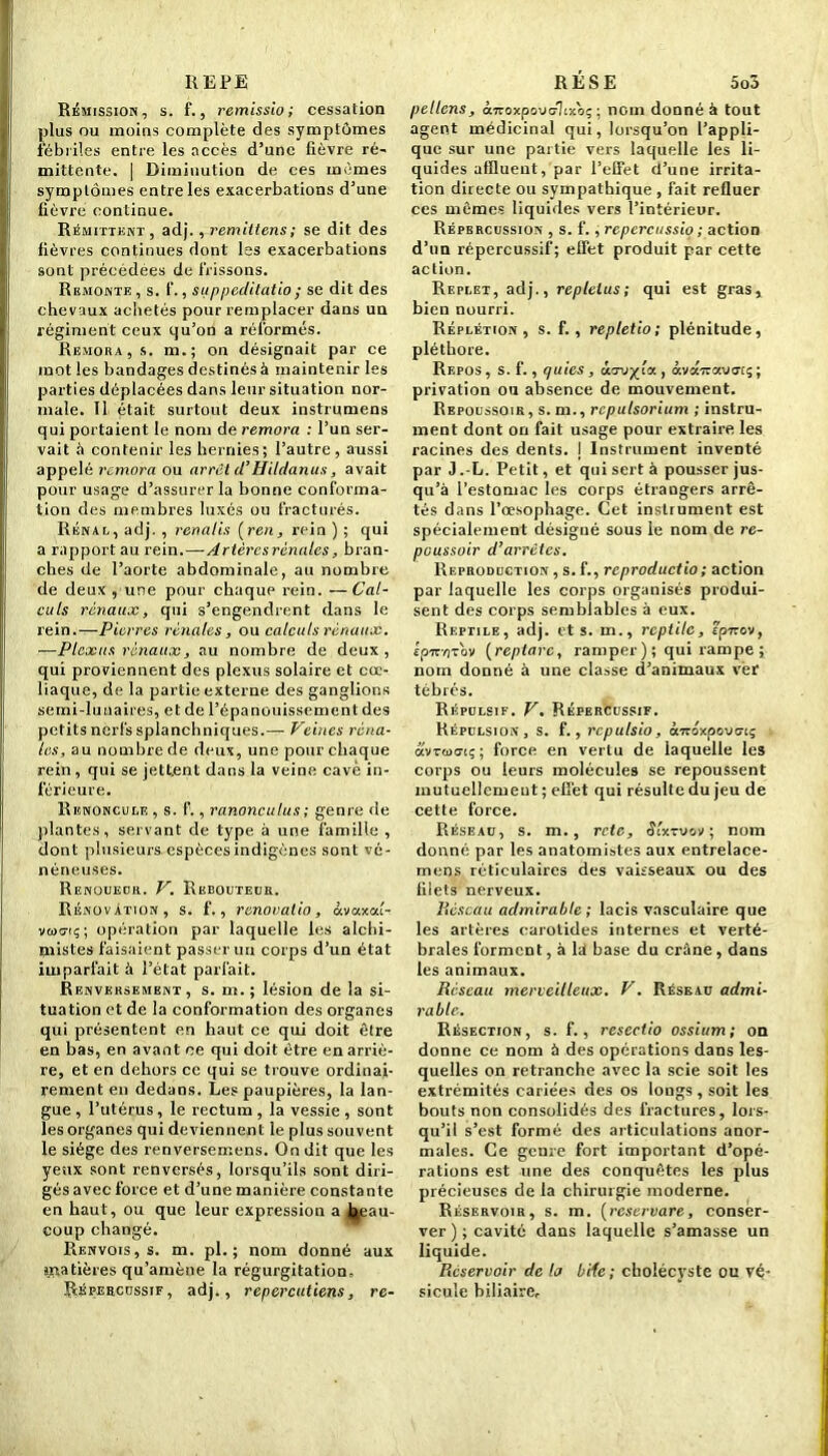 RE PE Rémission, s. f., remissio ; cessation plus ou moins complète des symptômes fébriles entre les accès d’une fièvre ré- mittente. | Diminution de ces mêmes symptômes entre les exacerbations d’une fièvre continue. Rémittent, adj., remittens; se dit des fièvres continues dont les exacerbations sont précédées de frissons. Remonte , s. f., suppcditatio ; se dit des chevaux achetés pour remplacer dans un régiment ceux qu’on a réformés. Rémora, s. m.; on désignait par ce mot les bandages destinés à maintenir les parties déplacées dans leur situation nor- male. Il était surtout deux instrumens qui portaient le nom de rémora : l’un ser- vait à contenir les hernies; l’autre, aussi appelé rcmora ou arrêt d’Hildanus, avait pour usage d’assurer la bonne conforma- tion des membres luxés ou fracturés. Rénal, adj. , renalis (ren, rein ) ; qui a rapport au rein. — Arlèrcsrénales, bran- ches de l’aorte abdominale, au nombre de deux , une pour chaque rein. —Cal- culs rénaux, qui s’engendrent dans le rein. — Pierres rénales, ou calculs rénaux. -—Plexus rénaux, au nombre de deux, qui proviennent des plexus solaire et cœ- liaque, de la partie externe des ganglions semi-lunaires, et de l’épanouissement des petits nerfs splanchniques.— Veines réna- les, au nombre de deux, une pour chaque rein, qui se jettent dans la veine cave in- férieure. Renoncule , s. f., ranonculus ; genre de plantes, servant de type à une famille , dont plusieurs espèces indigènes sont vé- néneuses. Renoueur. V. Rbeouteur. Rénovation, s. f., renovatio, àvaxaî- vmctç ; opération par laquelle les alchi- mistes faisaient passer un corps d’un état imparfait à l’état parfait. Renversement, s. m. ; lésion de la si- tuation et de la conformation des organes qui présentent en haut ce qui doit être en bas, en avant ce qui doit être en arriè- re, et en dehors ce qui se trouve ordinai- rement en dedans. Les paupières, la lan- gue , l’utérus, le rectum , la vessie , sont les organes qui deviennent le plus souvent le siège des renversemens. On dit que les yeux sont renversés, lorsqu’ils sont diri- gés avec force et d’une manière constante en haut, ou que leur expression a beau- coup changé. Renvois, s. m. pl. ; nom donné aux matières qu’amène la régurgitation, Répercussif, adj., repercutiens, re- RÉSE 5o3 pelions, àiroxpovolixoç ; nom donné à tout agent médicinal qui, lorsqu’on l’appli- que sur une partie vers laquelle les li- quides affluent, par l’effet d’une irrita- tion directe ou sympathique , fait refluer ces mûmes liquides vers l’intérieur. Répercussion , s. f. , repcrcussio ; action d’un répercussif; effet produit par cette action. Replet, adj., replclus ; qui est gras, bien nourri. Réplétion , s. f. , repletio; plénitude, pléthore. Repos , s. f., qutes , âorv^ta , àva-Trava-iç ; privation ou absence de mouvement. Repoussoir, s. m., rcpulsorium ; instru- ment dont on fait usage pour extraire les racines des dents. I Instrument inventé par J.-L. Petit, et qui sert à pousser jus- qu’à l’estomac les corps étrangers arrê- tés dans l’œsophage. Cet instrument est spécialement désigné sous le nom de re- poussoir d’arrêtés. Reproduction , s.f., rcproductio; action par laquelle les corps organisés produi- sent des corps semblables à eux. Reptile, adj. et s. m., reptile, tpirov, ipirntov (reptarc, ramper ); qui rampe ; nom donné à une classe d’animaux ver tébrés. Répulsif. V. Répercussif. Répulsion, s. f., rcpulsio, ànôxpovtni; avTMG-tç; force en vertu de laquelle les corps ou leurs molécules se repoussent mutuellement ; effet qui résulte du jeu de cette force. Réseau, s. m., rctc, Slx-rvoti ; nom donné par les anatomistes aux entrelace- mens réticulaires des vaisseaux ou des filets nerveux. Réseau admirable ; lacis vasculaire que les artères carotides internes et verté- brales forment, à là base du crâne, dans les animaux. Réseau merveilleux. V. Réseau admi- rable. Résection, s. f., reseetio ossium; on donne ce nom à des opérations dans les- quelles on retranche avec la scie soit les extrémités cariées des os longs , soit les bouts non consolidés des fractures, lors- qu’il s’est formé des articulations anor- males. Ce genre fort important d’opé- rations est une des conquêtes les plus précieuses de la chirurgie moderne. Réservoir, s. m. (reservare, conser- ver ) ; cavité dans laquelle s’amasse un liquide. Réservoir de la biic ; cholécyste ou vé- sicule biliaire.