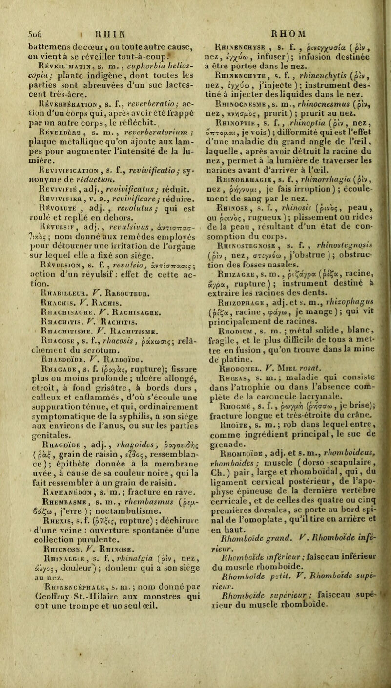 battemens decœur, ou toute autre cause, on vient à se réveiller tout-à-coup.4 Réveil-matin, s. ru. , cupliorbia hctios- copia; plante indigène, dont toutes les parties sont abreuvées d’un suc lactes- cent très-âcre. Réverbération, s. f., reverberalio ; ac- tion d’un corps qui, après avoir été frappé par un autre corps, le réfléchit. Réverbère , s. m. , reverbcratorium ; plaque métallique qu’on ajoute aux lam- pes pour augmenter l’intensité de la lu- mière. Revivification, s. f., revivificatio ; sy- nonyme de réduction. Revivifié, adj., revivificatus; réduit. Revivifier, v. a., rcvivificare; réduire. Révoluté , adj. , revolutus ; qui est roulé et replié en dehors. Révulsif, adj., revulsivus, àveusnau- locoç ; nom donné aux remèdes employés pour détourner une irritation de l’organe sur lequel elle a fixé son siège. Révulsion, s. f. , revutsio, àvilo-iract; ; action d’un révulsif: effet de cette ac- tion. Riiabillelr. V, Rebouteur. Rhachis. V. Rachis. Rhachisacre. V. Rachisagre. Rhachitis. V. Rachitis. Rhachitisme. V. Rachitisme. Riiacose , s. f., rbacosis, pa'xcao-iç; relâ- chement du scrotum. Riiabdoïde. V. Raedoïde. Rhagade, s. f. (payaç, rupture); fissure plus ou moins profonde; ulcère allongé, étroit, à fond grisâtre, à bords durs, calleux et enflammés, d’où s’écoule une suppuration ténue, et qui, ordinairement symptomatique.de la syphilis, a son siège aux environs de l’anus, ou sur les parties génitales. Rhagoïde , adj., rliagoidespayouSvis ( pài;, grain de raisin , tJSoç, ressemblan- ce); épithète donnée à la membrane uvée, à cause de sa couleur noire , qui la fait ressembler à un grain de raisin. Raphanédon , s. m. ; fracture en rave. Rhembasme, s. m. ; rhembasmus (pep- SâÇo>, j’erre ); noctambulisme. Rhkxis, s. f. (ô^?iç, rupture) ; déchirure d’une veine : ouverture spontanée d’une collection purulente. Rhicnose. V. Rhinose. Rhi nalgie , s. f., rhinalgia (plv, nez, dïyo;, douleur) ; douleur qui a son siège au nez. Rhinkncéphale, s. m.; nom donné par Geoffroy St.-Hilaire aux monstres qui ont une trompe et un seul œil. Rhinbrchyse , s. f. , ptvey^viaict (plv, nez, iyx'ju , infuser); infusion destinée à être portée dans le nez. Rhinenchyte, s. f. , rliincnchytis (plv, j nez, lyyim , j’injecte ); instrument des- ! tiné à injecter des liquides dans le nez. Riiinocnesmb,s. m., rhinoenesmus (plv, nez, xv/jopéoç, prurit) ; prurit au nez. Rhinoptik, s. î., rliinoptiu (plv, nez, « o7iTop.«t, je vois) ; dilformité qui est l’effet d’une maladie du grand angle de l’œil, laquelle, après avoir détruit la racine du nez, permet à la lumière de traverser les narines avant d’arriver à l’œil. Rhinorrhagie, s. f., rhinorrhagia (plv, nez , pvr/vvp.c, je fais irruption ) ; écoule- ment de sang par le nez. Rhinose, s. f., rliinosis (pivoç, peau, ! ou ptxvoç, rugueux) ; plissement ou rides \ de la peau , résultant d’un état de con- somption du corps. Rhinostegnose , s. f. , rhinostegnosis Ji (plv, nez, cr-Eyvsw , j’obstrue); obstruc- tion des fosses nasales. Rhizagre, s. m. , piÇaypoc (pi'Ça, racine, o.ypu, rupture); instrument destiné à extraire les racines des dents. Rhizopiiage, adj. et s. m., rhizophagus j (pt'Çot, racine, ipâyot, je mange); qui vit principalement de racines. Rhodium, s. m. ; métal solide, blanc, 1 fragile, et le plus difficile de tous à met- j tre en fusion , qu’on trouve dans la mine ! de platine. Rhodomel. V. Miel rosat. Rhoeas, s. m.; maladie qui consiste J dans l’atrophie ou dans l’absence com- plète de la caroncule lacrymale. Rhogmé , s. f., payp’h {p-nuaw , je brise); j fracture longue et très-étroite du crâne. < Riioïte, s. m.; rob dans lequel entre, | comme ingrédient principal, le suc de grenade. Rhomboïde , adj. et s.m., rhomboideus, rhomboïdes ; muscle ( dorso - scapulaire , Ch. ) pair, large et rhomboïdal, qui, du 1 ligament cervical postérieur, de l’apo- physe épineuse de la dernière vertèbre t •cervicale , et de celles des quatre ou cinq premières dorsales, se porte au bord spi- fl nal de l’omoplate , qu’il tire en arrière et . en haut. j Rhomboïde grand. F. Rhomboïde infé- rieur. Rhomboïde inférieur ; faisceau inférieur du muscle rhomboïde. Rhomboïde petit. V. Rhomboïde supé- rieur. Rhomboïde supérieur; faisceau supé- ‘f® rieur du muscle rhomboïde.