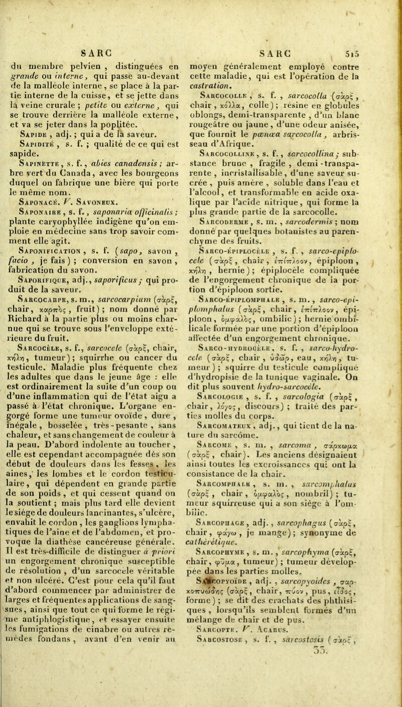 S ARC du membre pelvien , distinguées en grande ou interne, qui passe au-devant de la malléole interne, se place à la par- tie interne de la cuisse, et se jette dans la veine crurale ; petite ou externe, qui se trouve derrière la malléole externe, et va se jeter dans la poplitée. Sapidk , adj. ; qui a de la saveur. Sapidité , s. f. ; qualité de ce qui est sapide. Sapinette, s. f., abies canadensis ; ar- bre vert du Canada, avec les bourgeons duquel on fabrique une bière qui porte le même nom. Saponacé. V. Savoneux. Saponaire , s. f., saponaria ofjficinalis ; plante caryopbyllée indigène qu’on em- ploie en médecine sans trop savoir com- ment elle agit. Saponification, s. f. (sapo, savon, facio , je fais ) ; conversion en savon , fabrication du savon. Saporifique, adj., saporificus ; qui pro- duit de la saveur. Sarcocabpe, s. m., sarcocarpium (o-àpj, chair, xapnoç , fruit); nom donné par Richard à la partie plus ou moins char- nue qui se trouve sous l’enveloppe exté- rieure du fruit. Sarcocèle, s. f., sarcoccle (aàp?, chair, xiflyi, tumeur); squirrhe ou cancer du testicule. Maladie plus fréquente chez les adultes que dans le jeune âge : elle est ordinairement la suite d’un coup ou d’une inflammation qui de l’état aigu a passé à l’état chronique. L’organe en- gorgé forme une tumeur ovoïde , dure , inégale, bosselée, très - pesante , sans chaleur, et sans changement de couleur à la peau. D’abord indolente au toucher , elle est cependant accompagnée dès son début de douleurs dans les fesses, les aines, les lombes et le cordon testicu- laire, qui dépendent en grande partie de son poids, et qui cessent quand on la soutient ; mais plus tard elle devient le siège de douleurs lancinantes, s’ulcère, envahit le cordon , les ganglions lympha- tiques de l’aine et de l’abdomen, et pro- voque la diathèse cancéreuse générale. Il est très-difficile de distinguer à priori un engorgement chronique susceptible de résolution , d’un sarcocele véritable et non ulcéré. C’est pour cela qu’il faut d’abord commencer par administrer de larges et fréquentes applications de sang- sues, ainsi que tout ce qui forme le régi- me antiphlogistique, et essayer ensuite les fumigations de cinabre ou autres re- mèdes fondons , avant d’en venir au S A RC 515 moyen généralement employé contre cette maladie, qui est l’opération de la castration. Sarcocolle , s. f. , sarcocotla (o-àpi; , chair , xdMa, colle) ; résine en globules oblongs, demi-transparente , d’un blanc rougeâtre ou jaune, d’une odeur anisée, que fournit le pœnœa sarcocotla, arbris- seau d’Afrique. Sarcocolline , s. f., sarcocollina ; sub- stance brune , fragile , demi -transpa- rente , ineristallisable, d’une saveur su- crée , puis amère , soluble dans l’eau et l’alcool, et transformable en acide oxa- lique par l’acide nitrique, qui forme la plus grande partie de la sarcocolle. Sarcoderme , s. m. , sarcodermis ; nom donné par quelques botanistes au paren- chyme des fruits. Sarco-épiplocèle , s. f. , sarco-cpiplo- cele (o-àpÇ, chair, ItzI-k\oov , épiploon, xribi, hernie); épiplocèle compliquée de l’engorgement chronique de la por- tion d’épiploon sortie. Sarco-épiplomphale , s. m., sarco-epi- plomphalus (o-àpi;, chair, I-ki-kIoov , épi- ploon, ombilic); hernie ombi- licale formée par une portion d’épiploon affectée d’un engorgement chronique. Sarco-hydrocèle , s. f. , sarcu-liydro- cele (a'àp?, chair, v$œp, eau, xïjAt) , tu- meur); squirre du testicule compliqué d’hydropisie de la tunique vaginale. On dit plus souvent hydro-sarcocèle. Sarcologie , s. f. , sarcologia (c-àplj, chair, ).oyo;, discours) ; traité des par- ties molles du corps. Sarcomateux , adj., qui tient de la na- ture du sarcome. Sarcome , s. m, , sarcoma , o-xpxoïpa (<ràp? , chair). Les anciens désignaient ainsi toutes les excroissances qui ont la consistance de la chair. Sarcomphalb , s. m. , sarcomphatus (cap!;, chair, hp.^aïbç, nombril); tu- meur squirreuse qui a son siège à l’om- bilic. Sarcophage, adj., sarcophagus (o-àpï, chair, tpclyu , je mange); synonyme de cathérètique. Sarcophyme , s. m. , sarcophyma (expi;, chair, <pôpa, tumeur) ; tumeur dévelop- pée dans les parties molles, SaVcopyoïde , adj. , sarcopyoidcs , a-ap- xoirvojiîrjç (o-ôcpÇ , chair, tîuov , pus, ecÎoç , forme) ; se dit des crachats des phthisi- ques , lorsqu’ils semblent formés d’un mélange de chair et de pus. Sarcopte. V. Acarus. Saucostose , s. f. , sarcostcs'is xoc ,
