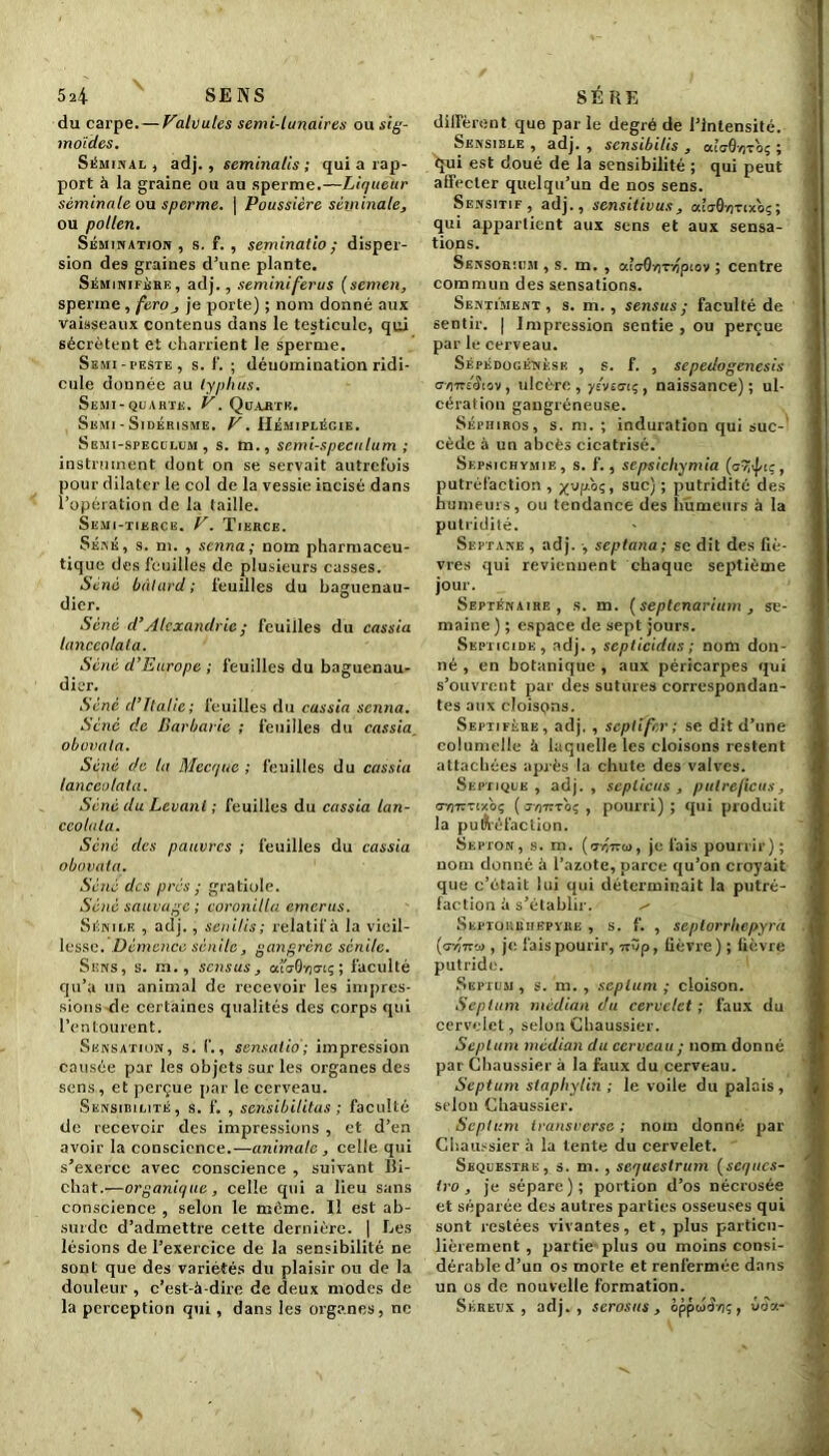 du carpe. — Valvules semi-lunaires ou sig- moïdes. Séminal, adj. , seminalis ; qui a rap- port à la graine ou au sperme.—Liqueur séminale ou sperme. | Poussière séminale, ou pollen. Sémination , s. f. , seminalio ; disper- sion des graines d’une plante. Séminifére, adj., seminiférus (semen, sperme , fero, je porte) ; nom donné aux vaisseaux contenus dans le testicule, qui sécrètent et charrient le sperme. Semi-peste, s. i'. ; dénomination ridi- cule donnée au lypli us. Semi-quarte. V. Qüaaitb. Semi - Sidérisme. V. Hémiplégie. Semi-speculum , s. m., semi-speculum ; instrument dont on se servait autrefois pour dilater le col de la vessie incisé dans l’opération de la taille. Semi-tierce. V. Tierce. Sexe, s. ni. , sonna ; nom pharmaceu- tique des feuilles de plusieurs casses. Séno bâtard; feuilles du baguenau- dier. Séné d’Alexandrie ; feuilles du cassia lanceolala. Séné d’Europe ; feuilles du baguenau- diez Séné d’Italie; feuilles du cassia senna. Séné de Barbarie ; feuilles du cassia_ obovata. Séné de ta Mecque ; feuilles du cassia laticeo/ata. Séné du Levant ; feuilles du cassia lan- ceolata. Scnc des pauvres ; feuilles du cassia obovata. Séné des prés ; gratiole. Séné sauvage ; coronilla emerus. Sénile , adj., senilis; relatif à la vieil- lesse. Démence sénile, gangrène sénile. Sens, s. m., sens us, aiaGrjo-iç ; faculté qu’a un animal de recevoir les impres- sions de certaines qualités des corps qui l’entourent. Sensation, s. f., sensaiio; impression causée par les objets sur les organes des sens, et perçue par le cerveau. Sensibilité, s. f. , sensibilitus ; faculté de recevoir des impressions , et d’en avoir la conscience.—animale, celle qui s’exerce avec conscience , suivant lli- chat.—organique, celle qui a lieu sans conscience , selon le môme. Il est ab- surde d’admettre cette dernière. | Les lésions de l’exercice de la sensibilité ne sont que des variétés du plaisir ou de la douleur , c’est-à-dire de deux modes de la perception qui , dans les organes, ne diffèrent que par le degré de l’intensité. Sensible , adj. , scnsibilis , ccc’<jQy)Toç ; qui est doué de la sensibilité ; qui peut affecter quelqu’un de nos sens. Sensitif, adj., sensilivus, cci(70y)Ttxoç; qui appartient aux sens et aux sensa- tions. Sensoridm , s. m. , aluOnrapiov ; centre commun des sensations. Sentiment, s. m. , sens us ; faculté de sentir. | Impression sentie , ou perçue par le cerveau. Sépédogénèsk , s. f. , sepedogenesis ovjTTE^tov, ulcère , yiveotç, naissance) ; ul- cération gangréneuse. Séphiros, s. m. ; induration qui suc- cède à un abcès cicatrisé. Sepsichymie, s. f., sepsicliymia (ar.ipcç, putréfaction , xvp.'oç, suc) ; putridité des humeurs, ou tendance des humeurs à la putridité. Septane , adj. -, septana; se dit des fiè- vres qui reviennent chaque septième jour. Septénaire, s. m. ( septenarium , se- maine ) ; espace de sept jours. Septicide , adj., septicidus ; nom don- né , en botanique , aux péricarpes qui s’ouvrent par des sutures correspondan- tes aux cloisçns. Septifèue, adj, , scplifnr ; se dit d’une columelle à laquelle les cloisons restent attachées après la chute des valves. Septique, adj., seplicus , pulreficus, <r»}7rTixb; (j/)7ttoç , pourri); qui produit la pu&éfaction. Septon, s. m. (ot57tû>, je fais pourrir) ; nom donné à l’azote, parce qu’on croyait que c’était lui qui déterminait la putré- faction à s’établir. -- Septorrhepyre , s. f. , septorrliepyra (<T737r» , jefaispourir, «vp, fièvre) ; fièvre putride. Septum , s. m. , septum ; cloison. Septum médian du cervelet; faux du cervelet, selon Chaussiez Septum médian du cerveau ; nom donné par Gbaussier à la faux du cerveau. Septum staphylin ; le voile du palais, selon Chaussiez Septum iransverse ; nom donné par Chaussier à la tente du cervelet. Séquestre, s. m. , scqueslrum (seques- tro , je sépare); portion d’os nécrosée et séparée des autres parties osseuses qui sont restées vivantes, et, plus particu- lièrement , partie plus ou moins consi- dérable d’un os morte et renfermée dans un os de nouvelle formation. Séreux, adj., serosus , oppoi^/i;, vau-