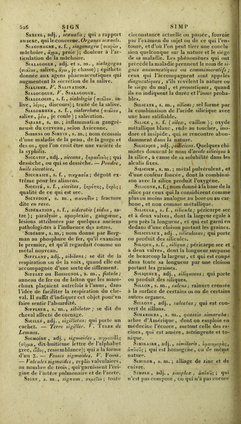 5î6 SfGN • Sexuel, adj., scxualis ; qui a rapport au sexe, qui le concerne. Organes sexuels. Siagonagre, s. f., siagonagra (auxyùv , mâchoire, aypa, proie); douleur à l’ar- ticulation de la mâchoire. Sialagogue , adj. et s. m. , sialagogus (oral.ov , salive., uyio , je chasse) ; épithète donnée aux agens pharmaceutiques qui augmentent la sécrétion de la salive. Sialisme. y. Salivation. SiALOGDGUE. V. SlALAGOGUE. Si a lologie , s. 1., sialologia (a iÿ.\ov . sa- live, )ioyo;, discours) ; traité de la salive. Sialorrhée, s. f., sialorrhcea ( aioD.ov , salive, p/o , je coule) ; salivation. Sibabe, s. m. ; inflammation gangré- neuse du cerveau, selon Avicenne. Sibbens ou Sirvin , s. m. ; nom écossais d’une maladie de la peau, de la gorge et des os , que l’on croit être une variété de la syphilis. Siccatif, adj., siccans, Çnpavltxoç ; qui dessèche, ou qui se dessèche. — Poudre, huile siccative. Sicchasie, s. f. , aix^uala; dégoût ex- trême pour les alimens. Siccitk, s. f., siccitas, tr.piar.ç, Çvjpoç ; qualité de ce qui est sec. Sicyédon , s. m., otxuyi^ov ; fracture dite en rave. Sidération, s. f., sideratio (sidus, as- tre ) ; paralysie , apoplexie , gangrène , lésions attribuées par quelques anciens pathologistes à l’influence dçs astres. Sidérum, s. m. ; nom donné par Berg- man au pbosphure de 1er, qu’il examina le premier, et qu’il regardait éomme un métal nouveau. Sifflant , adj., sibilans ; se dit de la respiration ou de la voix, quand elle est accompagnée d’une sorte de sifflement. Sifflet ou Rossignol, s. m. , fislula; anneau de fer ou de laiton que les maré- chaux plaçaient autrefois à l’anus, dans l’idée de faciliter la respiration du che- val. 11 suffit d’indiquer cet objet pour en faire sentir l’absurdité. Siffleur, s. m., sibilaior ; se dit du cheval allecté de cornage. Sigillé, adj., sigillulus; qui porte un cachet. — Terre sigillée. V. Terre de Lemnos. Sigmoïde, adj., sigmoides, aiypoti^bi (alypa., dix-huitième lettre de l’alphabet grec, zïêçç, ressemblance); qui a la forme d’un 2. — Fosses sigmoïdes. F. Fosse. — Valvules sigmoïdes, replis valvulaires, au nombre de trois , qui garnissent l’ori- gine de l’artère pulmonaire et de l’aorte. Signe, s. m., signum, ariu-sTov ; toute S 1 M P circonstance actuelle ou passée, fournie par l’examen du sujet ou de ce qui l’en- i toure, et d’ou l’on peut tirer une conclu- sion quelconque sur la nature et le siège fl de sa maladie. Les phénomènes qui ont fl précédé la maladie prennent le nom de si- I g nés anamnestiques ou commémoratifs ; 1 ceux qui l’accompagnent sont appelés i diagnostiques, s’ils révèlent la nature ou le siège du mal, et pronostiques, quand ils en indiquent la durée et l’issue proba- bles. Silicate, s. m., silicas; sel formé par ] la combinaison de l’acide silicique avec une base salifiable. Silice, s. f. (silex, caillou); oxyde ; métallique blanc, rude au toucher, ino- dore et insipide, qui se rencontre abon- damment dans la nature. Silicique , adj. ,'siïicieus. Quelques chi- mistes donnent le nom d’acide silicique à la silice, à cause de sa solubilité dans les ! alcalis fixes. Silicium , s. m. ; métal pulvérulent, et d’une couleur foncée , dont la combinai- son avec la silice produit l’oxygène. Silicone, s. f.; nom donné à la base de la silice par ceux qui la considèrent comme plus ou moins analogue au bore ou au car- bone , et non comme métallique. Silicule, s: f., silicula; péricarpe sec et à deux valves, dont la largeur égale à peu près la longueur, et qui est garni en dedans d’une cloison portant les graines. , Silicdlecx , adj. , siliculosus; qui porte ou produit des siliculcs. Silique, s.f. , siliqua ; péricarpe sec et . à deux valves, dont la longueur surpasse de beaucoup la largeur, et qui est coupé i dans toute sa longueur par une cloison portant les graines. Siliqueux, adj., siliquosus; qui porte ou produit des siliques. Sillon, s. m., sutcus; rainure creusée à la surface de certains os ou de certains autres organes. Sillonk, adj., sulcatus y qui est cou- j vert de sillons. Simarouba, s. m., quassia simaruba; J arbre d’Amérique , dont on emploie en médecine l’écorce, surtout celle des ra- ,■ cines, qui est amère, astringente et to- nique. Similaire , adj., similarh , èp.o'.otxcpriç, ; qui est homogène, ou de même r nature. Similor, s. m. ; alliage de zinc et de cuivre. Simple, adj., simplex, ixTr^ovjç ; qui n’est pas composé , ou qui n’a pas encore ,,