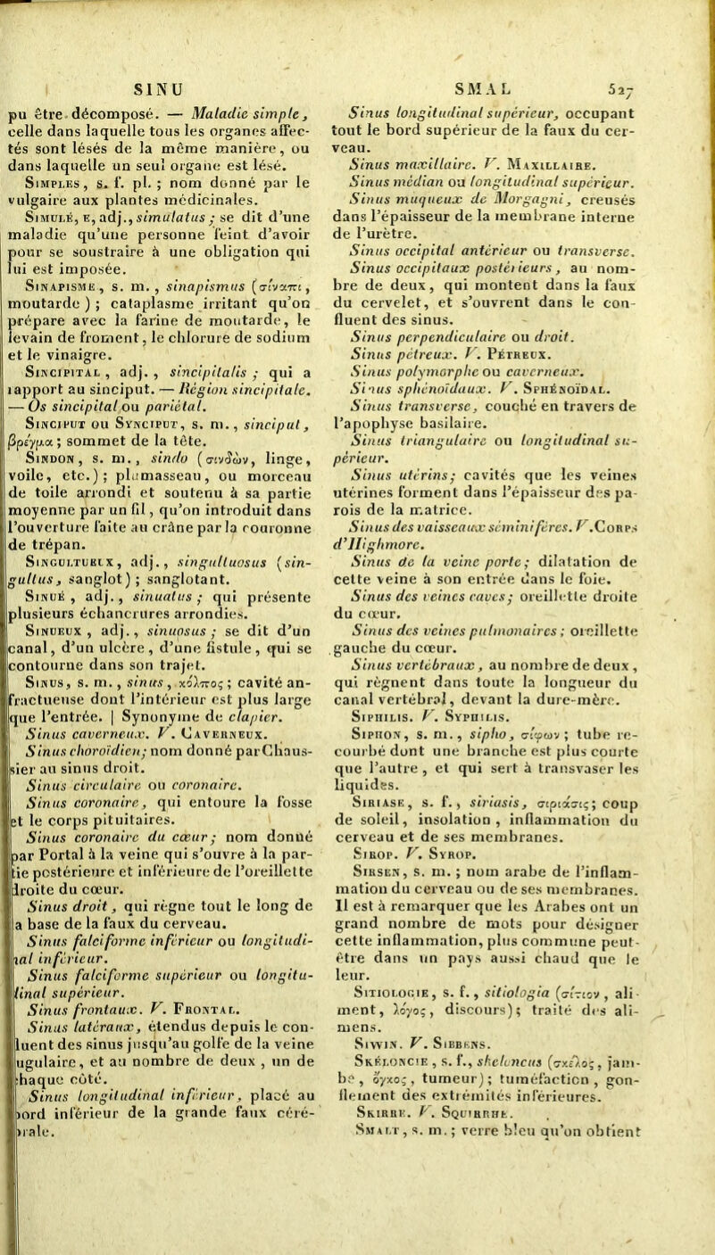 pu être décomposé. — Maladie simple, celle dans laquelle tous les organes affec- tés sont lésés de la même manière, ou dans laquelle un seul organe est lésé. Simples, s. 1'. pl. ; nom donné par le vulgaire aux plantes médicinales. Simulé, e, adj., simulatus ; se dit d’une maladie qu’une personne Ceint d’avoir pour se soustraire à une obligation qui lui est imposée. Sinapisme, s. m. , sinapismus (crevant, moutarde); cataplasme irritant qu’on prépare avec la farine de moutarde, le levain de froment, le chlorure de sodium et le vinaigre. Sincipital , adj. , sincipitalis ; qui a 1 apport au sinciput. — Région sincipitale. — Üs sincipital ou pariétal. Sincipui ou Synciput, s. m., sinciput, Ppéyp.a; sommet de la tète. Sindon, s. m., sindo (atvSwv, linge, voile, etc.); plumasseau, ou morceau !de toile arrondi et soutenu à sa partie moyenne par un (il, qu’on introduit dans l’ouverture faite au crâne par la couronne de trépan. Singultukix , adj., singulluosus (sin- gullus, sanglot); sanglotant. Sinué , adj., sinualus ; qui présente plusieurs échancrures arrondies. Sinueux, adj., sinuasus ; se dit d’un canal, d’un ulcère, d’une fistule, qui se 'contourne dans son trajet. | Sinus, s. m., sinus , xôlnoç ; cavité an- fractueuse dont l’intérieur est plus large que l’entrée. | Synonyme de clapier. jl Sinus caverneux. F. Caverneux. Sinus chorotdiert; nom donné parChaus- sier au sinus droit, j! Sinus circulaire ou coronaire. Sinus coronaire, qui entoure la fosse et le corps pituitaires. Sinus coronaire du cœur; nom donné ijpar Portai à la veine qui s’ouvre à la par- tie postérieure et inférieure de l’oreillette [droite du cœur. Sinus droit, qui règne tout le long de a base de la faux du cerveau. ! Sinus falciforme inferieur ou longitudi- nal inferieur. Sinus falciforme supérieur ou longita- linal supérieur. Sinus frontaux. F. Frontal. Sinus latéraux, étendus depuis le con- luent des sinus jusqu’au golfe de la veine jugulaire, et au Dombre de deux , un de ihaque côté. Sinus longitudinal inférieur, placé au >ord inférieur de la grande faux céré- >iale. Sinus longitudinal supérieur, occupant tout le bord supérieur de la faux du cer- veau. Sinus maxillaire. F. Maxillaire. Sinus médian ou longitudinal supérieur. Sinus muqueux de Morgagni, creusés dans l’épaisseur de la membrane interne de l’urètre. Sinus occipital antérieur ou transverse. Sinus occipitaux postéi ieurs , au nom- bre de deux, qui montent dans la faux du cervelet, et s’ouvrent dans le con- fluent des sinus. Sinus perpendiculaire ou droit. Sinus pétreux. F. Pépreux. Sinus polymorphe ou caverneux. Sinus sphénoïdaux. F. Sphénoïdal. Sinus transverse, couché en travers de l’apophyse basilaire. Sinus triangulaire ou longitudinal su- périeur. Sinus utérins; cavités que les veines utérines forment dans l’épaisseur des pa- rois de la matrice. Sinus des vaisseaux séminifércs. F.Corps d’JIighmore. Sinus de ta veine porte; dilatation de cette veine à son entrée dans le foie. Sinus des veines caves; oreillette droite du coeur. Sinus des veines pulmonaires ; oreillette gauche du cœur. Sinus vertébraux, au nombre de deux, qui régnent dans toute la longueur du canal vertébral, devant la dure-mère. Siphilis. F. Syphilis. Siphon, s. m., sipho, orcpcov ; tube re- courbé dont une branche est plus courte que l’autre , et qui sert à transvaser les liquides. Siriase, s. f., siriasis, o-tptao-tç; coup de soleil, insolation, inflammation du cerveau et de ses membranes. Sirop. F. Syrop. Sirsen, s. m. ; nom arabe de l’inflam- mation du cerveau ou de ses membranes. 11 est à remarquer que les Arabes ont un grand nombre de mots pour désiguer cette inflammation, plus commune peut- être dans un pays aussi chaud que le leur. Sitiologie , s. f., sitiologia (ottiov , ali ment, Xéyoç, discours); traité des ali- mens. SlVVIN. F. SlBBKNS. Skéloncîe , s. f., sheluncus (<7x/),o; , jam- be , oyxoç, tumeur); tuméfaction, gon- flement des extrémités inférieures. Skirre. P. Squirrhe. Smart, s. m. ; verre bleu qu’on obtient