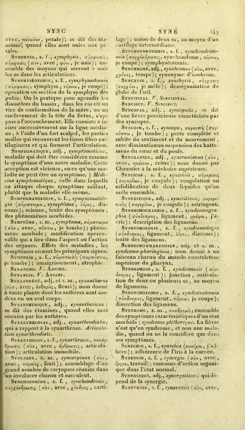SYÎNC avec, 7TSTctXov , pétale); se dit des éta- mines^ quand elles sont unies aux pé taies. Symphyse, s. f. , symphysis, o-up.tpuo-iç, euuyucrtç (cùv, avec , je nais); en- semble des moyens qui servent â unir les os dans les articulations. Symphyséotomie, s. f. , sympltyseotomiu ( cniatpuor;, symphyse , 'cepvco, je coupe) ; opération ou section de la symphyse des pubis. On la pratique pour agrandir 1rs diamètres du bassin, dans les cas où un vice de conformation de la mère, ou un enclavement de la tête du fœtus, s’op- pose à l’accouchement. Elle consiste à in- ciser successivement sur la ligne média- ne , â l’aide d’un fort scalpel, les parties molles qui recouvrent les tissus libro car- tilagineux et qui forment l’articulation. Symptomatique, adj., symptomaticus, maladie qui doit être considérée comme le symptôme d’une autre maladie. Cette acception est vicieuse, en ce qu’une ma- ladie ne peut être un symptôme. | Méde- cine symptomatique, celle dans laquelle on attaque chaque symptôme saillant, plutôt que la maladie elle-même. Symptomatologib , s. f., syrnpiomatolo- gui (crup.7r'rwp.a , symptôme, Aoyoç , dis- cours ) ; science , traité des symptômes , des phénomènes morbides. Symptôme , s. m., symptoma, oyp-Kraipa ( o-ùv , avec, iuittco , je tombe); phéno- mène morbide ; modification aperce- vable qui a lieu dans l’aspect ou l’action des organes. Effets des maladies , les symptômes en sont les principaux signes. SvMPTO.SK , S. f., <7Vp.TZT(D<7lç (o-Up.uiTTTO), je tombe); amaigrissement, atrophie. Synanchk. V. Angine. Synamcie. V. Angine. Synanthère, adj. et s. m., synanlhertis (o-lv , avec, àvQrjpoç, fleuri); nom donné à toute plante dont les anthères sont sou- dées en un seul corps. Syxanthériqub , adj., synantliericus ; se dit des étamines, quand elles sont réunies par les anthères. Synarthrodial, adj., sytiartlwodialis; qui a rapport à la synarthrose. Articula- tion synarthrodiale. Synaf.turûsk , s. f., synarthrosis, o-uvdp- dpwo'.ç ( <j\iv , avec, dpOpmacç , articula- tion) ; articulation immobile. Syncarpe , s. m. , syncarpinus (ctvv, \ avec , xapivoc , fruit ) ; assemblage d’un grand nombre de caryopses réunies dans Un involucre charnu et succulent. Synchondrose , s. f. , syncliondrosis , cuy^oviîpwüt; , avec, ^dvtîpoî , carti- S Y NÉ 549 lage) ; ùnion de deux os, au moyen d’un cartilage intermédiaire. Synciiondrotomie , s. f., synchondroto- mia ((juj'^civopfuaiç, synchondrose, vtp.vw, je coupe) ; symphyséotomie. Synchrone, adj., synchronus (o-ùv, avec, ^povo;, temps); synonyme d’isochrone. Synchyse , 3. f., synchysis , o-vy^uo-t; (cvyyuw , je mêle); désorganisation du globe de l’œil. SyNCTPITAL. V. SlNCIPITAL. Synciput. V. SiNCiPur. Syncopal , adj. , syncopatis ; se dit d’une fièvre pernicieuse caractérisée par des syncopes. Syncope, s. f., syncope, rjvyxoTt'n (cuy- xotito , je tombe ) ; perte complète et subite du sentiment et du mouvement , avec diminutionou suspension des batte- mens du cœur et du pouls. Syncranien, adj., syncranianus (o-vv , avec, xpdviov , crâne); nom donné par Chaussier à la mâchoire supérieure. Syncrise , s. f. , syncrixîs , <jüyxpi<rtç (crvyxpiWo, je coagule); coagulation ou solidification de deux liquides qu’on mêle ensemble. Syncritique, adj, , syncriticus, ovr/xpi- tixo; ( aTjyxpivw , je coagule ) ; astringent. Syndesmographie , s. f., syndesmogra- phia ( (7 vviïeop.oç, ligament, ypctqna , j’é- cris); description des ligamens. Syndesmologie , s. f. , syndcsmologia (avvêttjp.oç , ligament, Xoyo;, discours); traité des ligamens. Syndesmo-pharyngien , adj. et s. m., syndesmo-pliaringicus ; nom donné à un faisceau charnu du muscle constricteur supérieur du pharynx. Syndesmose, s. f. , syndesmosis ( trûv- detjp.oç , ligament ) ; jonction , articula- tion de deux ou plusieurs os, au moyen de ligamens. Syndesmotomie, s. f., syndesmotomia (a-vvSca-poç, ligameut, rép-jco, je coupe); dissection des ligamens. Syndrome, s. m., ovvSpcph ; ensemble des symptômes caractéristiques d’un état morbide ; syndrome pléthorique. La fièvre n’est qu’un syndrome, et non une mala- die, quand on ne la considère que dans ses symptômes. Synéchie, s. {., synechia (cnmyw, j’ad- hère) ; adhérence de l’iris à la cornee. Synergie, s. f. , synergia (<shv, avec, fpyov, travail) ; concours d’action organi- que dans l’état normal. Synergique, adj., synergelicus ; qui dé- pend de la synergie. Synkvrose , s. f., synevrosis (?lv, avec,