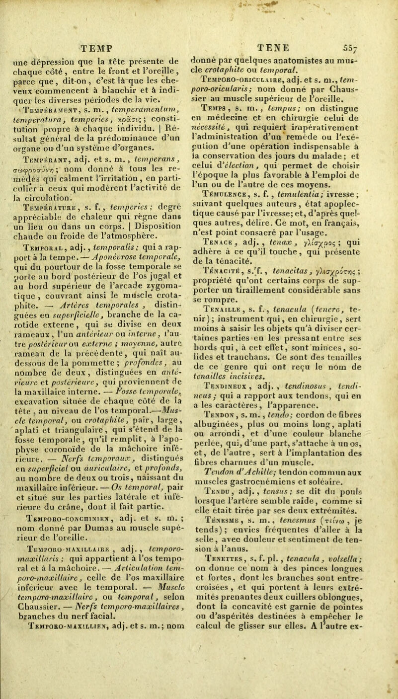 TEMP une dépression que la tête présente de chaque côté , entre le front et l’oreille , parce que, dit-on , c’est là que les che- veux commencent à blanchir et à indi- quer les diverses périodes de la vie. Tempérament, s. m., 1 cmpcramentum, temperatura, temperies, xpôccrtç ; consti- tution propre à chaque individu. | Ré- sultat général de la prédominance d’un organe ou d’un système d’organes. Tempérant, adj. et s. m., temperans, CTcixfjpoo-vvY] ; nom donné à tous les re- mèdes qui calment l’irritation, en parti- culier à ceux qui modèrent l’activité de la circulation. Température, s. f., temperies; degré appréciable de chaleur qui règne dans un lieu ou dans un corps. | Disposition chaude ou froide de l’atmosphère. Temporal, adj., lemporalis; qui a rap- port à la tempe. — Aponévrose temporale, qui du pourtour de la fosse temporale se porte au bord postérieur de l’os jugal et au bord supérieur de l’arcade zygoma- tique , couvrant ainsi le muscle crota- phite. — Artères temporales , distin- guées en superficielle, branche de la ca- rotide externe, qui se divise en deux rameaux, l’un antérieur ou interne, l’au- tre postérieur on externe ; moyenne, autre rameau de la précédente, qui naît au- dessous de la pommette ; profondes, au nombre de deux , distinguées en anté- rieure et postérieure, qui proviennent de la maxillaire interne. — Fosse temporale, excavation située de chaque côté de la tête , au niveau de l’os temporal.—Mus- cle temporal, ou crotaphite, pair, large, aplati et triangulaire , qui s’étend de la fosse temporale, qu’il remplit, à l’apo- physe coronoïde de la mâchoire infé- rieure. —■ Nerfs temporaux, distingués en superficiel ou auriculaire, et profonds, au nombre de deux ou trois, naissant du maxillaire inférieur. — Os temporal, pair et situé sur les parties latérale et infé- rieure du crâne, dont il fait partie. Temporo-conchinien , adj. et s. ni.; nom donné par Dumas au muscle supé- rieur de l’oreille. Temporo-maxillaire , adj. , temporo- maxillaris ; qui appartient à l’os tempo- ral et à la mâchoire. — Articulation tem- poro-maxillaire, celle de l’os maxillaire inférieur avec le temporal. — Muscle temporo-maxillaire, ou temporal, selon Ghaussier. — Nerfs temporo-maxillaircs, branches du nerf facial. Temporo-màxillien, adj. et s. m.; nom TENE 55- donné par quelques anatomistes au mus- cle crotaphite ou temporal. Temporo-oriculaire, adj. et s. ni., tem- poro-oricularis ; nom donné par Ghaus- sier au muscle supérieur de l’oreille. Temps, s. m., tempus; on distingue en médecine et en chirurgie celui de nécessité, qui requiert impérativement l’administration d’un remède ou l’exé- pution d’une opération indispensable à la conservation des jours du malade; et celui d’élection, qui permet de choisir l’époque la plus favorable à l’emploi de l’un ou de l’autre de ces moyens. Témulence, s. f., temulentia ; ivresse; suivant quelques auteurs, état apoplec- tique causé par l’ivresse; et, d’après quel- ques autres, délire. Ce mot, en français, n’est poiut consacré par l’usage. Tenace, adj., tenax, yViayao; ; qui adhère à ce qu’il touche, qui présente de la ténacité. Ténacité, s.’f. , tenacitas, yhcr-^pôrri; > propriété qu’ont certains corps de sup- porter un tiraillement considérable sans se rompre. Tenaille, s. f., ienacula (tenere, te- nir); instrument qui, en chirurgie, sert moins à saisir les objets qu’à diviser cer- taines parties en les pressant entre ses bords qui, à cet effet, sont minces, so- lides et tranchans. Ge sont dès tenailles de ce genre qui ont reçu le nom de tenailles incisives. Tendineux, adj., tendinosus, tendi- neus; qui a rapport aux tendons, qui en a les caractères, l’apparence. Tendon , s. m., tendo; cordon de libres albuginées, plus ou moins long, aplati ou arrondi, et d’une couleur blanche perlée, qui, d’une part, s’attache à un os, et, de l’autre, sert à l’implantation des fibres charnues d’un muscle. Tendon d’Achille; tendon commun aux muscles gastrocuémiens et soléaire. Tendu, adj., tensus ; se dit du pouls lorsque l’artère semble raide, comme si elle était tirée par ses deux extrémités. Ténesme, s. m., tenesmus (tei'vm , je tends) ; envies fréquentes d’aller à la selle, avec douleur et sentiment de ten- sion à l’anus. Tenettes , s. f. pl., tcnacula, volsetta ; on donne ce nom à des pinces longues et fortes, dont les branches sont entre- croisées , et qui portent à leurs extré- mités prenantes deux cuillers oblongues, dont la concavité est garnie de pointes ou d’aspérités destinées à empêcher le calcul de glisser sur elles. A l’autre ex-