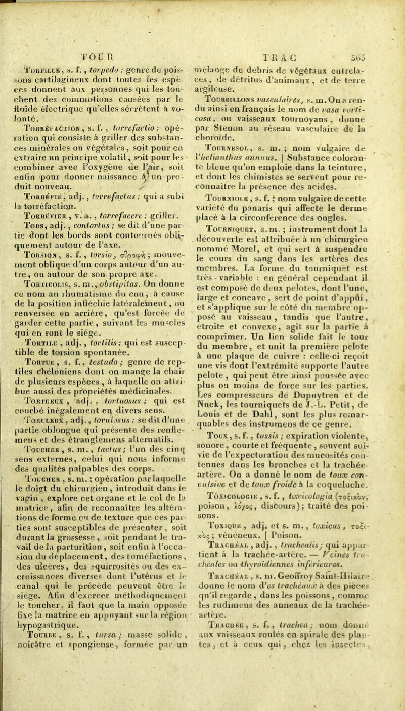 tou n Torrille, s. T., torpédo ; genre de pois- sons cartilagineux dont toutes les espè ces donnent aux personnes qui les tou client des commotions causées par le fluide électrique qu’elles sécrètent è vo- lonté. Tonnés action , s. 1’., torrefaclio ; opé- ration qui consiste à griller des substan- ces minérales ou végétales, soit pour en extraire un principe volatil, soit pour les combiner avec l’oxygène de l’air, soit colin pour donner naissance 0 un pro- duit nouveau. ✓ Torréfié, adj., torrefactus ; qui a subi la torréfaction. Torréfier, v.a., lorrefacere; griller. Toks, adj., contorlus ; se dit d’une par- tie dont les bords sont contournés obli- quement autour de l’axe. Torsion, s. f., torsio, dlpoyn ; mouve- ment oblique d’un corps autour d’un au- tre, ou autour de son propre axe. Torticolis, s. m., obstipitas. On donne ce nom au rhumatisme du cou, à cause de la position infléchie latéraletaent, ou renversée en arrière, qu’est forcée de garder cette partie, suivant les muscles qui en sont le siège. Tortii.e , adj., loriitis; qui est suscep- tible de torsion spontanée. Tortue, s. f., testudo ; genre de rep- tiles chéloniens dont on mange la chait de plusieurs espèces , à laquelle on attri- bue aussi des propriétés médicinales. Tortueux , adj. , tortuosus ; qui est courbé inégalement en divers sens. Toruleux , adj., toruuisus ; se dit d’une partie oblongue qui présente des renfle- inens et des étranglemeus alternatifs. Toucher, s. m., indus; l’un des cinq sens externes, celui qui nous informe des qualités palpables des corps. Toucher , s. m. ; opération par laquelle le doigt du chirurgien , introduit dans îe vagin , explore cet organe et le col de la matrice, afin de reconnaître les altéra- tions de forme ou de texture que ces pai- ties sont susceptibles de présenter, soit durant la grossesse , soit pendant le tra- vail de la parturition, soit enfin à l’occa- sion du déplacement, des tuméfactions , des ulcères, des squirrosités ou des ex- croissances diverses dont l’utérus et le canal qui le précède peuvent être le siège. Afin d’exercer méthodiquement le toucher, il faut que la main opposée fixe la matrice en appuyant sur la région hypogastrique. Tourbe, s. f. , tursa ; masse solide, noirâtre et spongieuse, formée par un T R A C 5ti3 mélange de débris de végétaux entrela- cés, de détritus d’animaux, et dp terre argileuse. Tourbillons vasculaires, s. m.Ona ren- du ainsi en français le nom de vasa vorli- cosa, ou vaisseaux tournoyans, donné par Stenon au réseau vasculaire de la choroïde. Tournesol, s. m. ; nom vulgaire de Vhclianthus anmtus. | Substance coloran- te bleue qu’on emploie dans la teinture, et dont les chimistes se servent pour re- connaître la présence des acides. Tourniole , s. f. ; nom vulgaire de cette variété du panaris qui affecte le derme placé à la circonférence des ongles. Tourniquet, s.m. ; instrument dont la découverte est attribuée il un chirurgien nommé Morel, et qui sert à suspendre te cours du sang dans les artères des membres. La forme du tourniquet est très - variable : en générai cependant il est composé de deux pelotes, dont l’une, large et concave, sert de point d’appui, et s’applique sur le coté du membre op- posé au vaisseau , tandis que l’autre, étroite et convexe, agit sur la partie à comprimer. Un lien solide fait le tour du membre, et unit la première pelote à une plaque de cuivre : celle-ci reçoit une vis dont l’extrémité supporte l’autre pelote , qui peut être ainsi poussée avec plus ou moins de force sur les parties. Les compresseurs de Dupuytren et de Nuck, les tourniquets de -T.-L. Petit, de Louis et de Dabi, sont les plus remar- quables des instrumens de ce genre. Toux, s. f., lusses ; expiration violente, sonore, courte et fréquente, souvent sui- vie de l’expectoration des mucosités con- tenues dans les bronches et la trachée artère. On a donné le nom de toux con- vulsive et de toux froide à la coqueluche. Toxicologie , s. f., tuxicologia (toÇixov, poison, Xoyoç, discours); traité des poi- sons. Toxique, adj. et s. m., loxicus, toçi- x'oç; vénéneux. | Poison. Trachéal , adj., trackealis; qui appar- tient à la trachée-artère. — Veines tu. d ica les ou thyroïdiennes inferieures. Trachéal, r. m.Geoifroy Saint-Hilaire donne le nom d’es trachéaux à des pièces qu’il regarde, dans les poissons , comme les rudimens des anneaux de la trachée- artère. Trachée, s. f., tracliea; nom donné aux vaisseaux roulés en spirale des plao tes, cl à ceux qui, chez les iuseçtcs