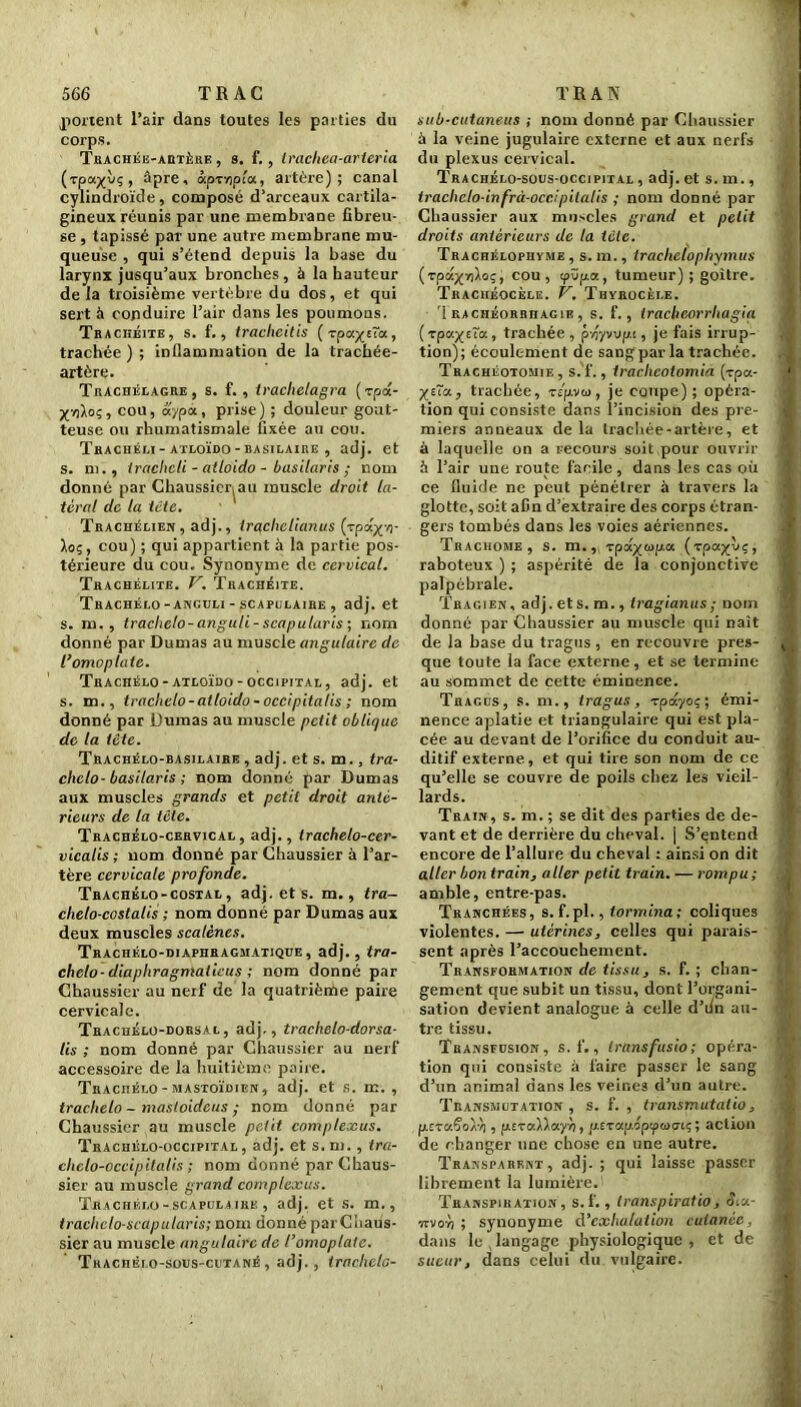 portent l’air dans toutes les parties du corps. Trachée-artère , s. f. , tracliea-arteria (rp u%vç , âpre, àprnpî a, artère); canal cylindroïde, composé d’arceaux cartila- gineux réunis par une membrane fibreu- se , tapissé par une autre membrane mu- queuse , qui s’étend depuis la base du larynx jusqu’aux bronches , à la hauteur delà troisième vertèbre du dos, et qui sert à conduire l’air dans les poumons. Trachéite, s. f., tracheitis (rpa^cîot, trachée); inflammation de la trachée- artère. Trachèlagre, s. f. , traclielagra (rpa- X-oloç, cou, aypoL, prise) ; douleur gout- teuse ou rhumatismale fixée au cou. TrACHÉLI - ATLOÏDO - BASILAIRE , adj. et s. m., trachcli - atloido - basilaris ; nom donné par Cbaussicr,au muscle droit la- téral de la tète. Trachélien, adj., irachelianus (rpa^'/)- 3ioç, cou) ; qui appartient à la partie pos- térieure du cou. Synonyme de cervical. Trachélite. V. Trachéite. Trachélo-anculi - scapulaire , adj. et s. m. , traclielo-anguti-scapularis ; nom donné par Dumas au muscle angulaire de l’omoplate. Trachélo - atloïdo - occipital , adj. et s. m., traclielo-atloido-occipitalis ; nom donné par Dumas au muscle petit oblique de la tête. Trachélo-basilaire , adj. et s. m., tra- cheto- basilaris ; nom donné par Dumas aux muscles grands et petit droit anté- rieurs de la tête. Tracbélo-cervical , adj., trachelo-cer- vicalis ; nom donné par Chaussier à l’ar- tère cervicale profonde. Trachélo-costal , adj. et s. m., tra- chelo-costalis ; nom donné par Dumas aux deux muscles scalènes. Trachélo-diaphragmatiqüe, adj., tra- chelo-diapliragmaiicus ; nom donné par Chaussier au nerf de la quatrième paire cervicale. Tracuélo-dorsal, adj., trachelo-dorsa- lis ; nom donné par Chaussier au nerf accessoire de la huitième paire. Traciiélo - mastoïdien, adj. et s. m. , traclielo - mastoideus ; nom donné par Chaussier au muscle petit complexus. Trachélo-occipital , adj. et s. m. , tra- chelo-occipitalis ; nom donné par Chaus- sier au muscle grand complexus. Trachélo-scapulaike , adj. et s. m., irachclo-scapularis; nom donné parC’naus- sier au muscle angulaire de l’omoplate. Traciiélo-sous-cutané , adj. , iraclielo- sub-cutaneus ; nom donné par Chaussier â la veine jugulaire externe et aux nerfs du plexus cervical. Trachélo-sous-occipital , adj. et s. m., irachclo-infrà-occ.ipilalis ; nom donné par Chaussier aux muscles grand et petit droits antérieurs de la tète. Trachélophvme , s. m., trachclopliymus (rpaj(»Aoç, cou, tpvpa, tumeur) ; goitre. Traciiéocèle. V. Thyrocèle. 1 RACHÉORRHAGiE, s. f., tracheorrhagia (tpaxsïa, trachée, pnyvvp.i, je fais irrup- tion); écoulement de sang par la trachée. Trachéotomie, s. f., iracheolomia (rpet- X£~a 5 trachée, zép-va , je coupe); opéra- tion qui consiste dans l’incision des pre- miers anneaux de la trachée-artère, et à laquelle on a recours soit pour ouvrir à l’air une route facile, dans les cas où ce fluide ne peut pénétrer à travers la glotte, soit afin d’extraire des corps étran- gers tombés dans les voies aériennes. Trachome, s. m., Tpa^topa (vpa^vç, raboteux ) ; aspérité de la conjonctive palpébrale. Tragien, adj. ets. m., tragianus; nom donné par Chaussier au muscle qui naît de la base du tragus , en recouvre pres- que toute la face externe, et se termine au sommet de cette éminence. Tragus, s. m., tragus, rpdyoç; émi- nence aplatie et triangulaire qui est pla- cée au devant de l’orifice du conduit au- ditif externe, et qui tire son nom de ce qu’elle se couvre de poils chez les vieil- lards. Train, s. m. ; se dit des parties de de- vant et de derrière du cheval, j S’entend encore de l’allure du cheval : ainsi on dit aller bon train, aller petit train. — rompu; amble, entre-pas. Tranchées, s. f.pl., tormina; coliques violentes. — utérines, celles qui parais- sent après l’accouchement. Transformation de tissu, s. f. ; chan- gement que subit un tissu, dont l’organi- sation devient analogue à celle d’un au- tre tissu. Transfosion, s. f., transfusio; opéra- tion qui consiste à faire passer le sang d’un animal dans les veines d’un autre. Transmutation, s. f. , transmutatio, prtaSoÀ'o , ptzalXayh, p.z?c/.p.épq>iaai<; ; action de changer une chose en une autre. Transparent, adj. ; qui laisse passer librement la lumière. Transpiration, s.f., Ironspiratio, Sia- vrvoï/ ; synonyme d’cxlialation cutanée, dans le , langage physiologique , et de sueur, dans celui du vulgaire.