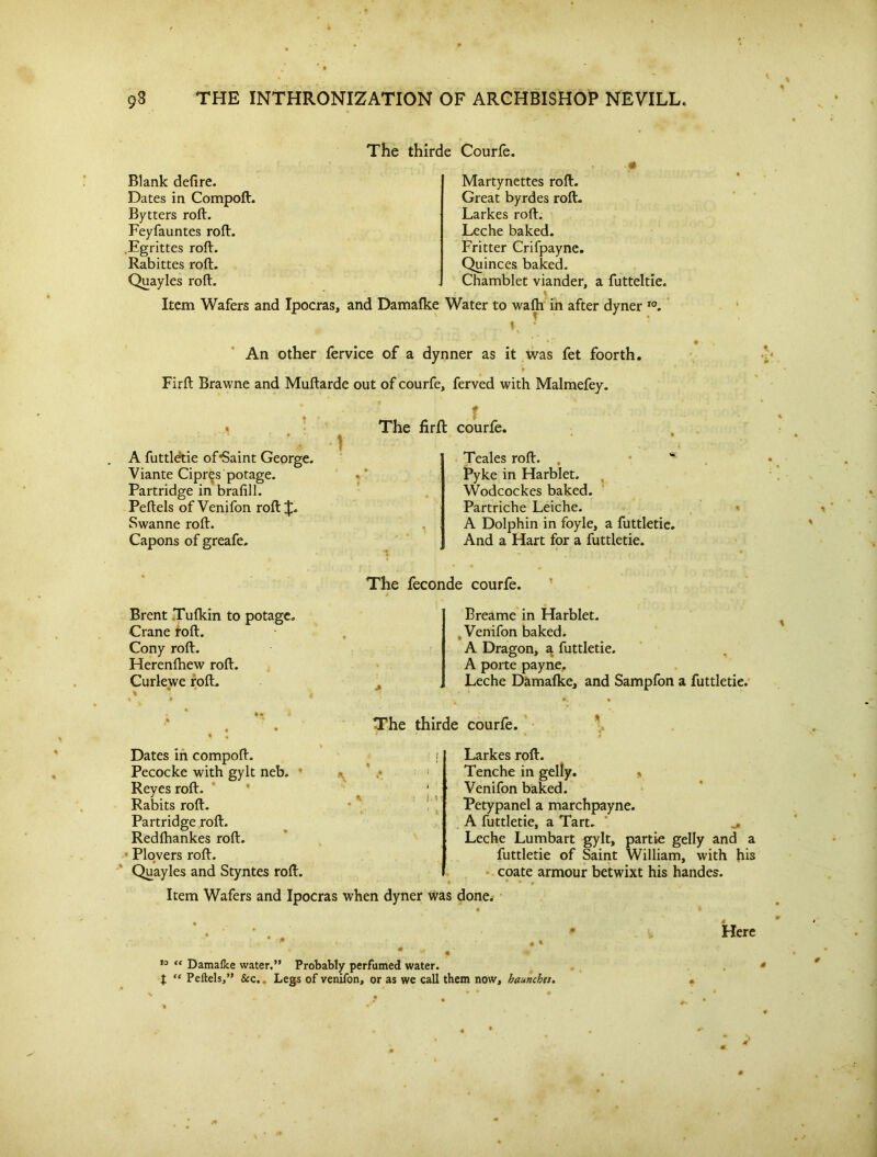 The thirde Courfe. Blank defire. Dates in Compoft. Bytters roft. Feyfauntes roft. Egrittes roft. Rabittes roft. Quayles roft. Item Wafers and Ipocras, and Martynettes roft. Great byrdes roft. Larkes roft. Leche baked. Fritter Crifpayne. Quinces baked. Chamblet viander, a futteltie. Damafke Water to wafh in after dyner I0. i • An other fervice of a dynner as it was fet foorth. * . V Firft Brawne and Muftarde out of courfe, ferved with Malmefey. The firft courfe. A futtletie of “Saint George. Viante Cipres potage. Partridge in brafill. Peftels of Venifon roft Swanne roft. Capons of greafe. Teales roft. . Pyke in Harblet. Wodcockes baked. Partriche Leiche. A Dolphin in foyle, a futtletie. And a Hart for a futtletie. Brent Tufkin to potage. Crane roft. Cony roft. Herenfhew roft. Curlewe roft. .9 • The feconde courfe. / Breame in Harblet. , Venifon baked. A Dragon, a futtletie. A porte payne. Leche Damafke, and Sampfon a futtletie. The thirde courfe. Dates in compoft. ! Pecocke with gylt neb. Reyes roft. ’ Rabits roft. Partridge roft. Redfhankes roft. Plovers roft. Quayles and Styntes roft. Item Wafers and Ipocras when dyner w; Larkes roft. Tenche in gelly. * Venifon baked. Petypanel a marchpayne. A futtletie, a Tart. ' ^ Leche Lumbart gylt, partie gelly and a futtletie of Saint William, with his coate armour betwixt his handes. 1 • f done. * . - * . • Here * • 9 I # * • ' 10 “ Damafke water.” Probably perfumed water. t “ Peftels,” &c.. Legs of venifon, or as we call them now, haunches. »