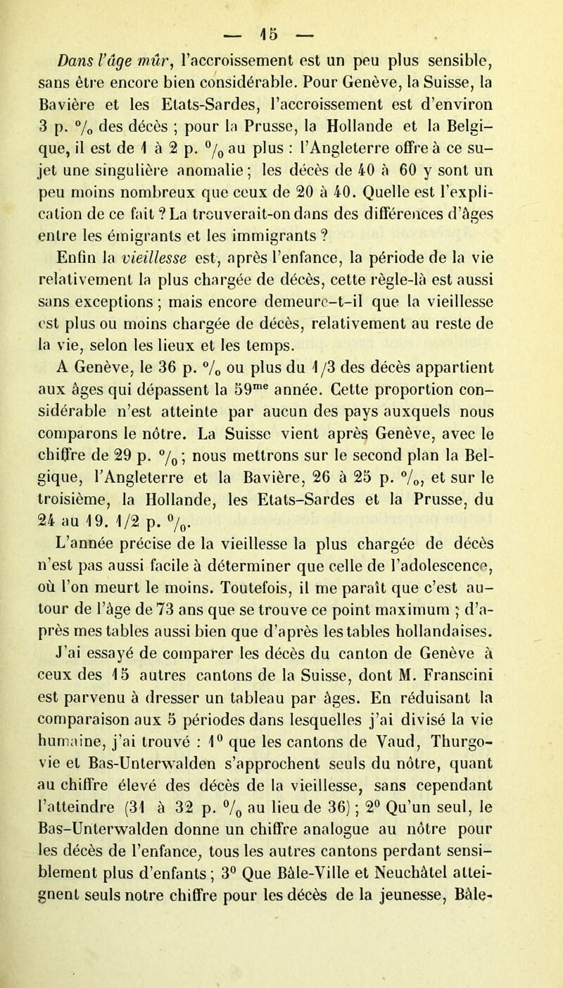 Dans l’âge mûr, l’accroissement est un peu plus sensible, sans être encore bien considérable. Pour Genève, la Suisse, la Bavière et les Etats-Sardes, l’accroissement est d’environ 3 p. % des décès ; pour la Prusse, la Hollande et la Belgi- que, il est de 1 à 2 p. °/0 au plus : l’Angleterre offre à ce su- jet une singulière anomalie; les décès de 40 à 60 y sont un peu moins nombreux que ceux de 20 à 40. Quelle est l’expli- cation de ce fait ? La trcuverait-on dans des différences d’âges entre les émigrants et les immigrants ? Enfin la vieillesse est, après l’enfance, la période de la vie relativement la plus chargée de décès, cette règle-là est aussi sans exceptions ; mais encore demeurc-t-il que la vieillesse est plus ou moins chargée de décès, relativement au reste de la vie, selon les lieux et les temps. A Genève, le 36 p. % ou plus du 1 /3 des décès appartient aux âges qui dépassent la 59me année. Cette proportion con- sidérable n’est atteinte par aucun des pays auxquels nous comparons le nôtre. La Suisse vient après Genève, avec le chiffre de 29 p. °/0; nous mettrons sur le second plan la Bel- gique, l’Angleterre et la Bavière, 26 à 25 p. °/0, et sur le troisième, la Hollande, les Etats-Sardes et la Prusse, du 24 au 19. 1/2 p. °/0. L’année précise de la vieillesse la plus chargée de décès n’est pas aussi facile à déterminer que celle de l’adolescence, où l’on meurt le moins. Toutefois, il me paraît que c’est au- tour de l’âge de 73 ans que se trouve ce point maximum ;■ d’a- près mes tables aussi bien que d’après les tables hollandaises. J’ai essayé de comparer les décès du canton de Genève à ceux des 15 autres cantons de la Suisse, dont M. Franscini est parvenu à dresser un tableau par âges. En réduisant la comparaison aux 5 périodes dans lesquelles j’ai divisé la vie humaine, j’ai trouvé : 1° que les cantons de Yaud, Thurgo- vie et Bas-Unterwalden s’approchent seuls du nôtre, quant au chiffre élevé des décès de la vieillesse, sans cependant l’atteindre (31 à 32 p. °/0 au lieu de 36) ; 2° Qu’un seul, le Bas-Unterwalden donne un chiffre analogue au nôtre pour les décès de l’enfance, tous les autres cantons perdant sensi- blement plus d’enfants; 3° Que Bâle-Ville et Neuchâtel attei- gnent seuls notre chiffre pour les décès de la jeunesse, Bâle-