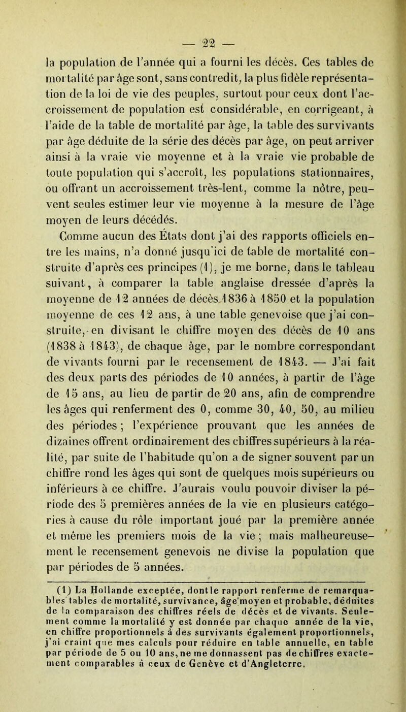 la population de l’année qui a fourni les décès. Ces tables de mortalité par âge sont, sans contredit, la plus fidèle représenta- tion de la loi de vie des peuples, surtout pour ceux dont l’ac- croissement de population est considérable, en corrigeant, à l’aide de la table de mortalité par âge, la table des survivants par âge déduite de la série des décès par âge, on peut arriver ainsi à la vraie vie moyenne et à la vraie vie probable de toute population qui s’accroît, les populations stationnaires, ou offrant un accroissement très-lent, comme la nôtre, peu- vent seules estimer leur vie moyenne à la mesure de l’âge moyen de leurs décédés. Comme aucun des États dont j’ai des rapports officiels en- tre les mains, n’a donné jusqu'ici de table de mortalité con- struite d’après ces principes (1), je me borne, dans le tableau suivant, â comparer la table anglaise dressée d’après la moyenne de 12 années de décès 1836 à 1850 et la population moyenne de ces 12 ans, â une table genevoise que j’ai con- struite, en divisant le chiffre moyen des décès de 10 ans (1838 à 1843), de chaque âge, par le nombre correspondant de vivants fourni par le recensement de 1843. — J’ai fait des deux parts des périodes de 10 années, â partir de l’âge de 15 ans, au lieu de partir de 20 ans, afin de comprendre les âges qui renferment des 0, comme 30, 40, 50, au milieu des périodes ; l’expérience prouvant que les années de dizaines offrent ordinairement des chiffres supérieurs â la réa- lité, par suite de l'habitude qu’on a de signer souvent par un chiffre rond les âges qui sont de quelques mois supérieurs ou inférieurs à ce chiffre. J’aurais voulu pouvoir diviser la pé- riode des 5 premières années de la vie en plusieurs catégo- ries à cause du rôle important joué par la première année et même les premiers mois de la vie; mais malheureuse- ment le recensement genevois ne divise la population que par périodes de 5 années. (IJ La Hollande exceptée, dontle rapport renferme de remarqua- it! es'tables de mortalité, survivance, àge'moyen et probable, déduites de la comparaison des chiffres réels de décès et de vivants. Seule- ment comme la mortalité y est donnée par chaque année de la vie, en chiffre proportionnels à des survivants également proportionnels, j’ai craint que mes calculs pour réduire en table annuelle, en table par période de 5 ou 10ans,neme donnassent pas de chiffres exacte- ment comparables à ceux de Genève et d’Angleterre.