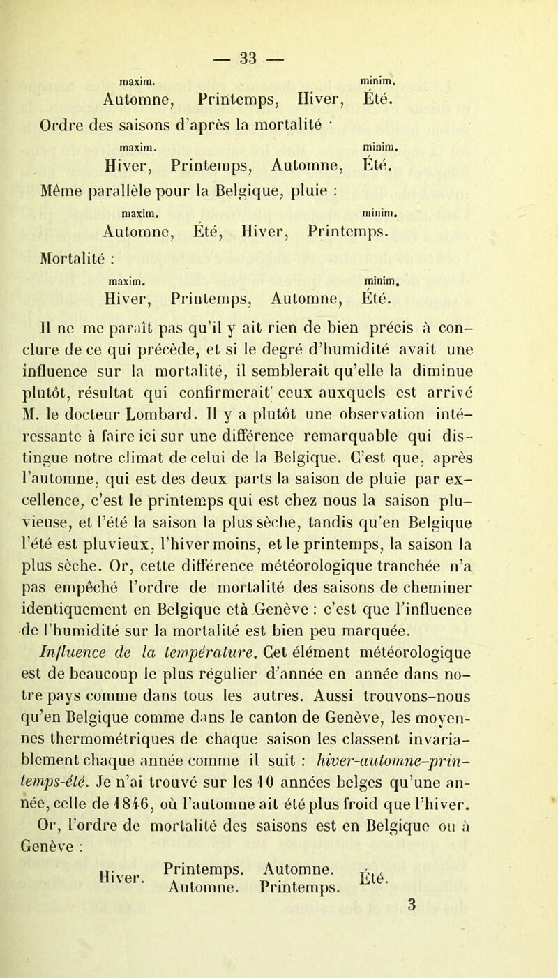 maxim. minim. Automne, Printemps, Hiver, Été. Ordre des saisons d’après la mortalité • maxim. minim. Hiver, Printemps, Automne, Été. Même parallèle pour la Belgique, pluie : maxim. minim. Automne, Été, Hiver, Printemps. Mortalité : maxim. minim. Hiver, Printemps, Automne, Été. Il ne me paraît pas qu’il y ait rien de bien précis à con- clure de ce qui précède, et si le degré d’humidité avait une influence sur la mortalité, il semblerait qu’elle la diminue plutôt, résultat qui confirmerait' ceux auxquels est arrivé M. le docteur Lombard. Il y a plutôt une observation inté- ressante à faire ici sur une différence remarquable qui dis- tingue notre climat de celui de la Belgique. C’est que, après l’automne, qui est des deux parts la saison de pluie par ex- cellence, c’est le printemps qui est chez nous la saison plu- vieuse, et l’été la saison la plus sèche, tandis qu’en Belgique l’été est pluvieux, l’hiver moins, et le printemps, la saison la plus sèche. Or, cette différence météorologique tranchée n’a pas empêché l’ordre de mortalité des saisons de cheminer identiquement en Belgique età Genève : c’est que l’influence de l’humidité sur la mortalité est bien peu marquée. Influence de la température. Cet élément météorologique est de beaucoup le plus régulier d’année en année dans no- tre pays comme dans tous les autres. Aussi trouvons-nous qu’en Belgique comme dans le canton de Genève, les moyen- nes thermométriques de chaque saison les classent invaria- blement chaque année comme il suit: hiver-automne-prin- temps-été. Je n’ai trouvé sur les 10 années belges qu’une an- née, celle de 1846, où l’automne ait été plus froid que l’hiver. Or, l’ordre de mortalité des saisons est en Belgique ou à Genève : H- Printemps. Automne. y,,, Hiver. A , 1 r> • . Eté. Automne. Printemps. 3