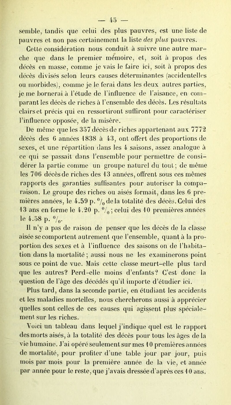 semble, tandis que celui des plus pauvres, est une liste de pauvres et non pas certainement la liste des plus pauvres. Celte considération nous conduit à suivre une autre mar- che que dans le premier mémoire, et, soit à propos des décès en masse, comme je vais le faire ici, soit à propos des décès divisés selon leurs causes déterminantes (accidentelles ou morbides), comme je le ferai dans les deux autres parties, je me bornerai à l’étude de l’influence de l’aisance, en com- parant les décès de riches à l’ensemble des décès. Les résultats clairs et précis qui en ressortiront suffiront pour caractériser l’influence opposée, de la misère. De même que les 357 décès de riches appartenant aux 7772 décès des 6 années 1838 à 43, ont offert des proportions de sexes, et une répartition dans les 4 saisons, assez analogue à ce qui se passait dans l’ensemble pour permettre de consi- dérer la partie comme un groupe naturel du tout; de même les 706 décès de riches des 13 années, offrent sous ces mêmes rapports des garanties suffisantes pour autoriser la compa- raison. Le groupe des riches ou aisés formait, dans les 6 pre- mières années, le 4.59 p. °/0dela totalité des décès. Celui des 13 ans en forme le 4.20 p. °/0 ; celui des 10 premières années le 4.58 p. %. Il n’y a pas de raison de penser que les décès de la classe aisée se comportent autrement que l’ensemble, quant à la pro- portion des sexes et à l’influence des saisons on de l’habita- tion dans la mortalité; aussi nous ne les examinerons point sous ce point de vue. Mais cette classe meurt-elle plus tard que les autres? Perd-elle moins d’enfants? C’est donc la question de l’àge des décédés qu’il importe d’étudier ici. Plus tard, dans la seconde partie, en étudiant les accidents et les maladies mortelles, nous chercherons aussi à apprécier quelles sont celles de ces causes qui agissent plus spéciale- ment, sur les riches. Voici un tableau dans lequel j’indique quel est le rapport des morts aisés, à la totalité des décès pour tous les Ages de la vie humaine. J’ai opéré seulement sur mes 10 premières années de mortalité, pour profiler d’une table jour par jour, puis mois par mois pour la première année de la vie, et année par année pour le reste, que j’avais dressée d’après ces 10 ans.