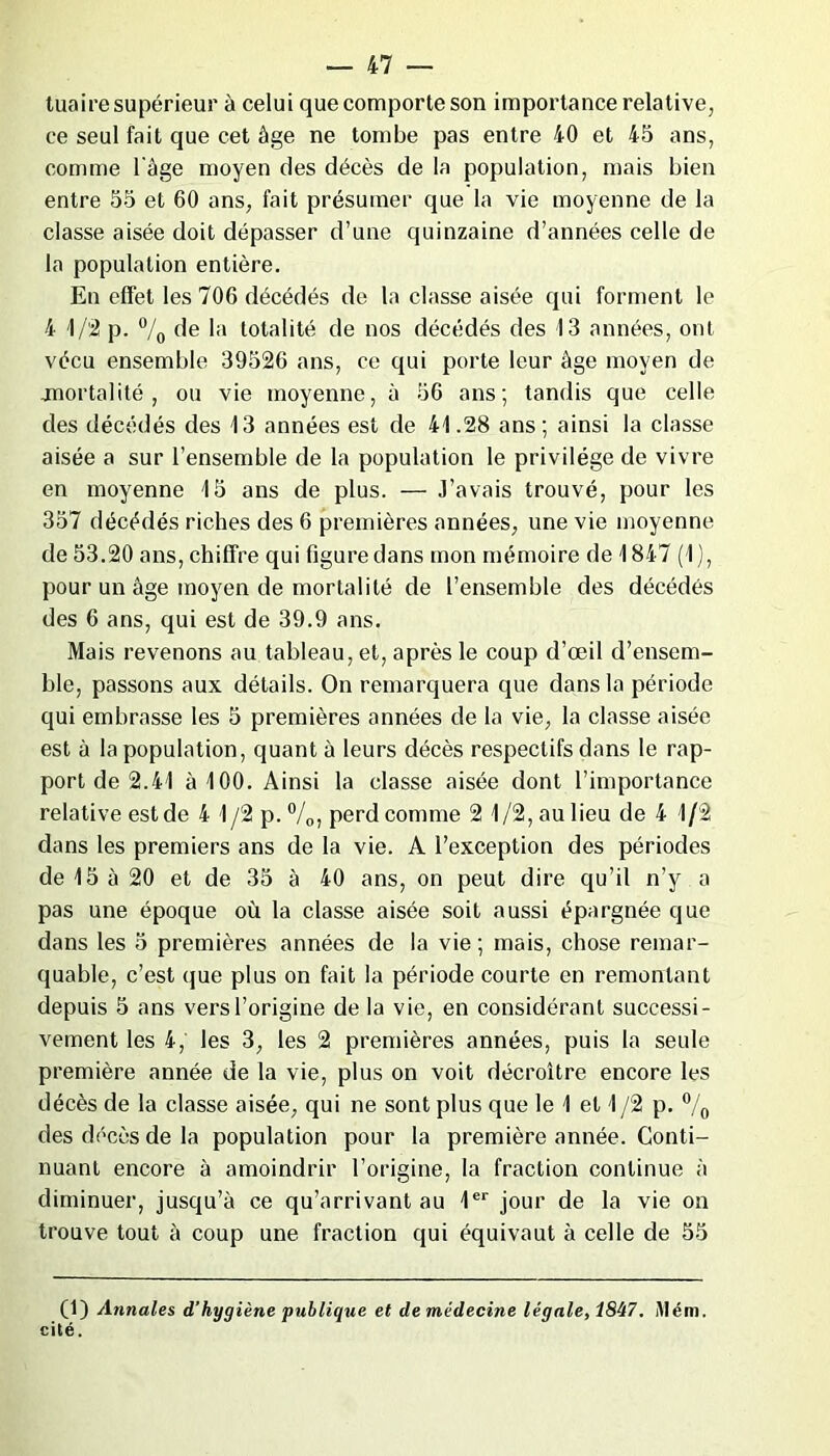 tuaire supérieur à celui que comporte son importance relative, ce seul fait que cet âge ne tombe pas entre 40 et 45 ans, comme l'âge moyen des décès de la population, mais bien entre 55 et 60 ans, fait présumer que la vie moyenne de la classe aisée doit dépasser d’une quinzaine d’années celle de la population entière. En effet les 706 décédés de la classe aisée qui forment le 4 1/2 p. °/0 de la totalité de nos décédés des 13 années, ont vécu ensemble 39526 ans, ce qui porte leur âge moyen de jnortalité , ou vie moyenne, à 56 ans; tandis que celle des décédés des 13 années est de 41.28 ans; ainsi la classe aisée a sur l’ensemble de la population le privilège de vivre en moyenne 15 ans de plus. — J’avais trouvé, pour les 357 décédés riches des 6 premières années, une vie moyenne de 53.20 ans, chiffre qui figure dans mon mémoire de 1847 (1), pour un âge moyen de mortalité de l’ensemble des décédés des 6 ans, qui est de 39.9 ans. Mais revenons au tableau, et, après le coup d’œil d’ensem- ble, passons aux détails. On remarquera que dans la période qui embrasse les 5 premières années de la vie, la classe aisée est à la population, quant à leurs décès respectifs dans le rap- port de 2.41 à 100. Ainsi la classe aisée dont l’importance relative est de 4 1 /2 p. 0/O) perd comme 2 1/2, au lieu de 4 1/2 dans les premiers ans de la vie. A l’exception des périodes de 15 â 20 et de 35 à 40 ans, on peut dire qu’il n’y a pas une époque où la classe aisée soit aussi épargnée que dans les 5 premières années de la vie; mais, chose remar- quable, c’est (jue plus on fait la période courte en remontant depuis 5 ans vers l’origine de la vie, en considérant successi- vement les 4, les 3, les 2 premières années, puis la seule première année de la vie, plus on voit décroître encore les décès de la classe aisée, qui ne sont plus que le 1 et 1 /2 p. °/0 des décès de la population pour la première année. Conti- nuant encore à amoindrir l’origine, la fraction continue à diminuer, jusqu’à ce qu’arrivant au 1er jour de la vie on trouve tout à coup une fraction qui équivaut à celle de 55 (1) Annales d’hygiène publique et de médecine légale, 1847. i\Iém. cité.