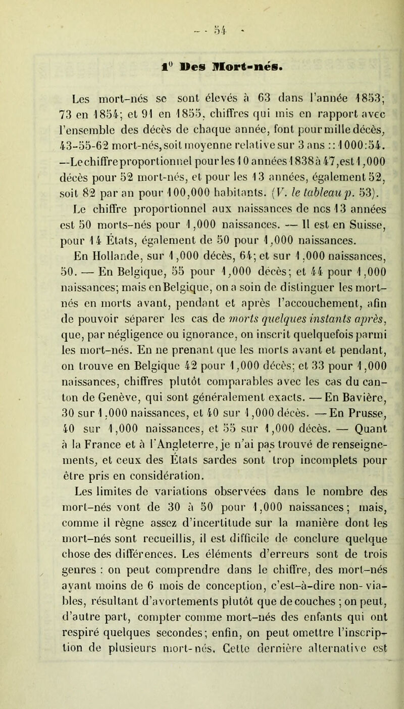 ftu lies 9Iort>nés. Les mort-nés se sont élevés à 63 dans l’année 1833; 73 en 1834; et 91 en 1835. chiffres qui mis en rapport avec l’ensemble des décès de chaque année, font pour mille décès, 43-55-62 mort-nés,soit moyenne relativesur 3 ans ::1000:54. —Lechiffreproportionnel pour les 10 années 1838à 47,est ! ,000 décès pour 52 mort-nés, et pour les 13 années, également 52, soit 82 par an pour 100,000 habitants. (F. le tableaup. 53). Le chiffre proportionnel aux naissances de ncs 13 années est 50 morts-nés pour 1,000 naissances. — 11 est en Suisse, pour 14 États, également de 50 pour 1,000 naissances. En Hollande, sur 1,000 décès, 64; et sur 1,000 naissances, 50. — En Belgique, 55 pour 1,000 décès; et 44 pour 1.000 naissances; mais en Belgique, on a soin de distinguer les mort- nés en morts avant, pendant et après l’accouchement, afin de pouvoir séparer les cas de morts quelques instants après, que, par négligence ou ignorance, on inscrit quelquefois parmi les mort-nés. En ne prenant que les morts avant et pendant, on trouve en Belgique 42 pour 1,000 décès; et 33 pour 1,000 naissances, chiffres plutôt comparables avec les cas du can- ton de Genève, qui sont généralement exacts. — En Bavière, 30 sur 1,000 naissances, et 40 sur 1,000 décès. —En Prusse, 40 sur 1,000 naissances, et 55 sur 1,000 décès. — Quant à la France et à l'Angleterre, je n’ai pas trouvé de renseigne- ments, et ceux des Étals sardes sont trop incomplets pour être pris en considération. Les limites de variations observées dans le nombre des mort-nés vont de 30 à 50 pour 1,000 naissances; mais, comme il règne assez d’incertitude sur la manière dont les mort-nés sont recueillis, il est difficile de conclure quelque chose des différences. Les éléments d’erreurs sont de trois genres : on peut comprendre dans le chiffre, des mort-nés ayant moins de 6 mois de conception, c’est-à-dire non-via- bles, résultant d’avortements plutôt que découches ; on peut, d’autre part, compter comme mort-nés des enfants qui ont respiré quelques secondes; enfin, on peut omettre l’inscrip- tion de plusieurs mort-nés. Cette dernière alternative est