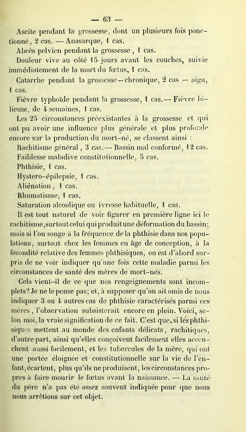 Ascite pendant la grossesse, dont un plusieurs fois ponc- tionné, 2 cas. —Anasarque, 1 cas. Abcès pelvien pendant la grossesse , 1 cas. Douleur vive au côté 15 jours avant les couches, suivie immédiatement de la mort du fœtus, 1 cas. Catarrhe pendant la grossesse —chronique, 2 cas — aigu, 1 cas. Fièvre typhoïde pendant la grossesse, 1 cas.— Fièvre bi- lieuse, de 4 semaines, 1 cas. Les 25 circonstances préexistantes à la grossesse et qui ont pu avoir une influence plus générale et plus profonde encore sur la production du mort-né, se classent ainsi : Rachitisme général, 3 cas.— Bassin mal conformé, 12 cas. Faiblesse maladive constitutionnelle, 5 cas. Phthisie, 1 cas. Hystero-épilepsie, 1 cas. Aliénation, 1 cas. Rhumatisme, 1 cas. Saturation alcoolique ou ivresse habituelle, 1 cas. Il est tout naturel de voir figurer en première ligne ici le rachitisme,surtout celui qui produit une déformation du bassin; mais si l’on songe à la fréquence de la phthisie dans nos popu- lations, surtout chez les femmes en âge de conception, à la fécondité relative des femmes phthisiques, on est d’abord sur- pris de ne voir indiquer qu’une fois cette maladie parmi les circonstances de santé des mères de mort-nés. Cela vient-il de ce que nos rengeignements sont incom- plets? Je ne le pense pas; et, à supposer qu’on ait omis de nous indiquer 3 ou 4 autres cas de phthisie caractérisés parmi ces mères, l’observation subsisterait encore en plein. Voici, se- lon moi, la vraiesignification de ce fait. C’est que, si les phthi- siques mettent au monde des enfants délicats, rachitiques, d’autre part, ainsi qu’elles conçoivent facilement elles accou- chent aussi facilement, et les tubercules de la mère, qui ont une portée éloignée et constitutionnelle sur la vie de l’en- fant, écartent, plus qu’ils ne produisent, les circonstances pro- pres à faire mourir le fœtus avant la naissance. — La santé du père n’a pas été assez souvent indiquée pour que nous nous arrêtions sur cet objet.