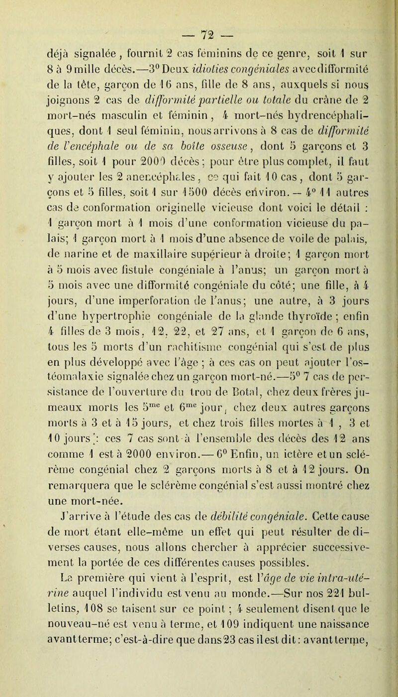 déjà signalée , fournit 2 cas féminins de ce genre, soit 1 sur 8 à 9 mille décès.—3°Deux idioties congéniales avecdiflbrrnité de la tête, garçon de '1(5 ans, fdle de 8 ans, auxquels si nou§ joignons 2 cas de difformité partielle ou totale du crâne de 2 mort-nés masculin et féminin , 4 mort-nés hydrencéphali- ques, dont 1 seul féminin, nous arrivons à 8 cas de difformité de l'encéphale ou de sa boite osseuse, dont 5 garçons et 3 filles, soit 1 pour 2009 décès; pour être plus complet, il faut y ajouter les 2 anencéphdes, ce qui fait 10 cas , dont 5 gar- çons et 5 filles, soit 1 sur 1500 décès environ. — 4° 11 autres cas de conformation originelle vicieuse dont voici le détail : 1 garçon mort à 1 mois d’une conformation vicieuse du pa- lais; 1 garçon mort à I mois d’une absence de voile de palais, de narine et de maxillaire supérieur à droite; 1 garçon mort à 5 mois avec fistule congéniale à l’anus; un garçon mort à 5 mois avec une difformité congéniale du côté; une fille, à 4 jours, d’une imperforation de l’anus; une autre, à 3 jours d’une hypertrophie congéniale de la glande thyroïde ; enfin 4 filles de 3 mois, 12. 22, et 27 ans, et 1 garçon de 6 ans, tous les 5 morts d’un rachitisme congénial qui s’est de plus en plus développé avec l’âge ; à ces cas on peut ajouter l’os- téomnlaxie signalée chez un garçon mort-né.—5° 7 cas de per- sistance de l’ouverture du trou de Botal, chez deux frères ju- meaux morts les 5,ne et 6me jour, chez deux autres garçons morts à 3 et à 15 jours, et chez trois filles mortes 5 1,3 et 10 jours y ces 7 cas sont à l’ensemble des décès des 12 ans comme 1 esta 2000 environ.— 6° Enfin, un ictère et un sclé- rème congénial chez 2 garçons morts à 8 et à 12 jours. On remarquera que le sclérème congénial s’est aussi montré chez une mort-née. J’arrive à l’étude des cas de débilité congéniale. Cette cause de mort étant elle-même un effet qui peut résulter de di- verses causes, nous allons chercher à apprécier successive- ment la portée de ces différentes causes possibles. La première qui vient à l’esprit, est l'âge de vie intra-uté- rine auquel l’individu est venu au monde.—Sur nos 221 bul- letins, 108 se taisent sur ce point ; 4 seulement disent que le nouveau-né est venu à terme, et 109 indiquent une naissance avant terme; c’est-à-dire que dans23 cas ilesl dit : avantterme,