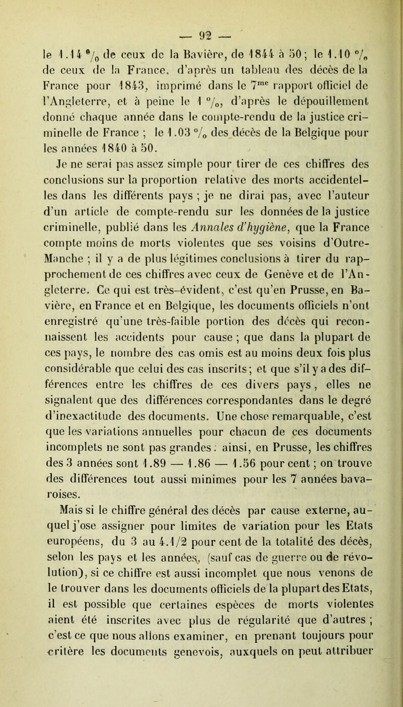 le 1.14 ®/0 de ceux de la Bavière, de 1844 à 50 ; le 1.10 % de ceux de la France, d’après un tableau des décès de la France pour 1843, imprimé dans le 7me rapport officiel de l’Angleterre, et à peine le 1 %; d’après le dépouillement donné chaque année dans le compte-rendu de la justice cri- minelle de France ; le 1.03 °/0 des décès de la Belgique pour les années 1840 à 50. Je ne serai pas assez simple pour tirer de ces chiffres des conclusions sur la proportion relative des morts accidentel- les dans les différents pays ; je ne dirai pas, avec l’auteur d’un article de compte-rendu sur les données de la justice criminelle, publié dans les Annales d’hygiène, que la France compte moins de morts violentes que ses voisins d'Outre- Manche ; il y a de plus légitimes conclusions à tirer du rap- prochement de ces chiffres avec ceux de Genève et de l’An- gleterre. Ce qui est très-évident, c’est qu’en Prusse, en Ba- vière, en France et en Belgique, les documents officiels n’ont enregistré qu'une très-faible portion des décès qui recon- naissent les accidents pour cause ; que dans la plupart de ces pays, le nombre des cas omis est au moins deux fois plus considérable que celui des cas inscrits; et que s’il y a des dif- férences entre les chiffres de ces divers pays, elles ne signalent que des différences correspondantes dans le degré d’inexactitude des documents. Une chose remarquable, c’est que les variations annuelles pour chacun de ces documents incomplets ne sont pas grandes, ainsi, en Prusse, les chiffres des 3 années sont 1.89 — 1.86 — 1.56 pour cent ; on trouve des différences tout aussi minimes pour les 7 années bava- roises. Mais si le chiffre général des décès par cause externe, au- quel j’ose assigner pour limites de variation pour les Etats européens, du 3 au 4.1/2 pour cent de la totalité des décès, selon les pays et les années, (sauf cas de guerre ou de révo- lution), si ce chiffre, est aussi incomplet que nous venons de le trouver dans les documents officiels de la plupart des Etats, il est possible que certaines espèces de morts violentes aient été inscrites avec plus de régularité que d’autres ; c’est ce que nous allons examiner, en prenant toujours pour critère les documents genevois, auxquels on peut attribuer