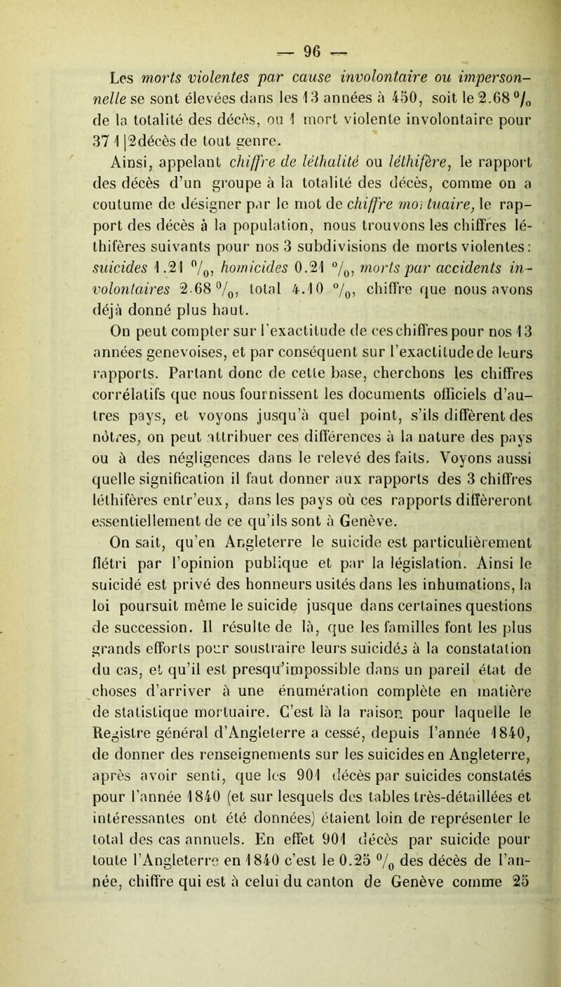 Les morts violentes par cause involontaire ou imperson- nelle se sont élevées dons les 1 3 années à 450, soit le 2.68 0/o de la totalité des décès, on 1 mort violente involontaire pour 37 1 |2décès de tout genre. Ainsi, appelant chiffre de léthalité ou lêthifère, le rapport des décès d’un groupe à la totalité des décès, comme on a coutume de désigner par le mot de chiffre mot hiaire, le rap- port des décès à la population, nous trouvons les chiffres lé- thifères suivants pour nos 3 subdivisions de morts violentes : suicides 1.21 °/0, homicides 0.21 °/0, morts par accidents in- volontaires 2-68 °/0, total 4.10 °/0, chiffre que nous avons déjà donné plus haut. On peut compter sur l’exactitude de ces chiffres pour nos 13 années genevoises, et par conséquent sur l’exactitude de leurs rapports. Partant donc de cette base, cherchons les chiffres corrélatifs que nous fournissent les documents officiels d’au- tres pays, et voyons jusqu’à quel point, s’ils diffèrent des nôtres, on peut attribuer ces différences à la nature des pays ou à des négligences dans le relevé des faits. Voyons aussi quelle signification il faut donner aux rapports des 3 chiffres léthifères enlr’eux, dans les pays où ces rapports différeront essentiellement de ce qu’ils sont à Genève. On sait, qu’en Angleterre le suicide est particulièrement flétri par l’opinion publique et par la législation. Ainsi le suicidé est privé des honneurs usités dans les inhumations, la loi poursuit même le suicide jusque dans certaines questions de succession. 11 résulte de là, que les familles font les plus grands efforts pour soustraire leurs suicidés à la constatation du cas, et qu’il est presqu’impossible dans un pareil état de choses d’arriver à une énumération complète en matière de statistique mortuaire. C’est là la raison pour laquelle le Registre général d’Angleterre a cessé, depuis l’année 1840, de donner des renseignements sur les suicides en Angleterre, après avoir senti, que les 901 décès par suicides constatés pour l'année 1840 (et sur lesquels des tables très-détaillées et intéressantes ont été données) étaient loin de représenter le total des cas annuels. En effet 901 décès par suicide pour toute l’Angleterre en 1840 c’est le 0.25 °/0 des décès de l’an- née, chiffre qui est à celui du canton de Genève comme 25
