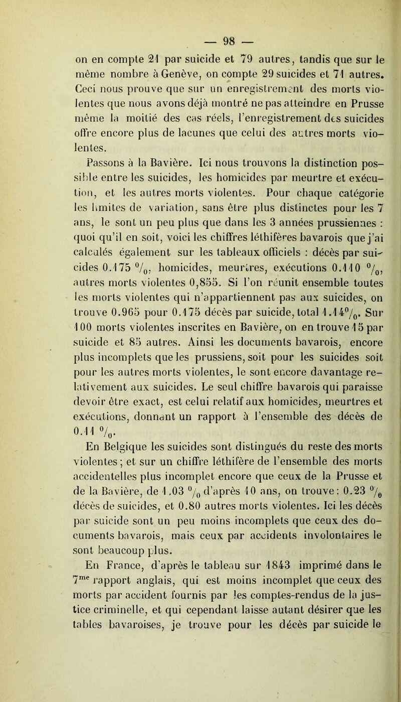 on en compte 21 par suicide et 79 autres, tandis que sur le même nombre à Genève, on compte 29 suicides et 71 autres. Ceci nous prouve que sur un enregistrement des morts vio- lentes que nous avons déjà montré ne pas atteindre en Prusse même la moitié des cas réels, l’enregistrement des suicides offre encore plus de lacunes que celui des autres morts vio- lentes. Passons à la Bavière. Ici nous trouvons la distinction pos- sible entre les suicides, les homicides par meurtre et exécu- tion, et les autres morts violentes. Pour chaque catégorie les limites de variation, sans être plus distinctes pour les 7 ans, le sont un peu plus que dans les 3 années prussiennes : quoi qu’il en soit, voici les chiffres lélhifères bavarois que j’ai calculés également sur les tableaux officiels : décès par sui- cides 0.175 °/0, homicides, meurtres, exécutions 0.110 °/0, autres morts violentes 0,855. Si l’on réunit ensemble toutes les morts violentes qui n’appartiennent pas aux suicides, on trouve 0.965 pour 0.175 décès par suicide, total 1.14°/0. Sur 100 morts violentes inscrites en Bavière, on en trouve 15 par suicide et 85 autres. Ainsi les documents bavarois, encore plus incomplets que les prussiens, soit pour les suicides soit pour les autres morts violentes, le sont encore davantage re- lativement aux suicides. Le seul chiffre bavarois qui paraisse devoir être exact, est celui relatif aux homicides, meurtres et exécutions, donnant un rapport à l’ensemble des décès de 0.11 o/o. En Belgique les suicides sont distingués du reste des morts violentes; et sur un chiffre léthifère de l’ensemble des morts accidentelles plus incomplet encore que ceux de la Prusse et de la Bavière, de 1.03 °/0 d’après 10 ans, on trouve: 0.23 °/0 décès de suicides, et 0.80 autres morts violentes. Ici les décès par suicide sont un peu moins incomplets que ceux des do- cuments bavarois, mais ceux par accidents involontaires le sont beaucoup plus. En France, d'après le tableau sur 1843 imprimé dans le 7me rapport anglais, qui est moins incomplet que ceux des morts par accident fournis par les comptes-rendus de la jus- tice criminelle, et qui cependant laisse autant désirer que les tables bavaroises, je trouve pour les décès par suicide le