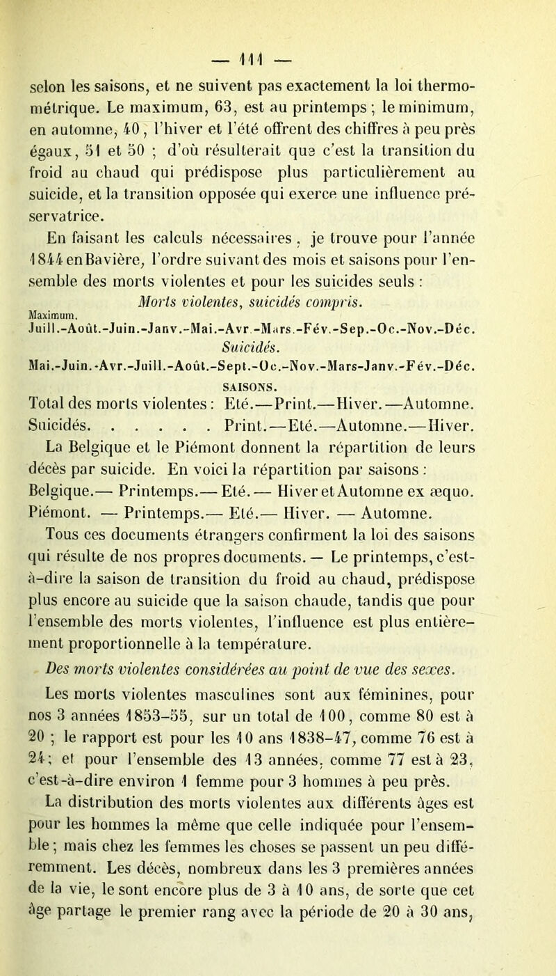 — 11 1 — selon les saisons, et ne suivent pas exactement la loi thermo- métrique. Le maximum, 63, est au printemps; le minimum, en automne, 40 , l’hiver et l’été offrent des chiffres à peu près égaux, 51 et 50 ; d’où résulterait que c’est la transition du froid au chaud qui prédispose plus particulièrement au suicide, et la transition opposée qui exerce une influence pré- servatrice. En faisant les calculs nécessaires , je trouve pour l’année 1844 enBavière, l’ordre suivant des mois et saisons pour l’en- semble des morts violentes et pour les suicides seuls : Morts violentes, suicidés compris. Maximum. J ui II.-Août.-Juin.-J an v.-Mai.-A vr -Mars-Fév.-Sep.-Oc.-Nov.-Déc. Suicidés. Mai.-Juin.-Avr.-Juill.-Août.-Sept.-Oc.-Nov.-Mars-Janv.-Fév.-Déc. SAISONS. Total des morts violentes : Eté.—Print.—Hiver.—Automne. Suicidés Print.—Eté.—Automne.—Hiver. La Belgique et le Piémont donnent la répartition de leurs décès par suicide. En voici la répartition par saisons : Belgique.— Printemps.— Eté.— Hiver et Automne ex æquo. Piémont. — Printemps.— Eté.— Hiver. — Automne. Tous ces documents étrangers confirment la loi des saisons qui résulte de nos propres documents. — Le printemps, c’est- à-dire la saison de transition du froid au chaud, prédispose plus encore au suicide que la saison chaude, tandis que pour l’ensemble des morts violentes, l’influence est plus entière- ment proportionnelle à la température. Des morts violentes considérées au point de vue des sexes. Les morts violentes masculines sont aux féminines, pour nos 3 années 1853-55, sur un total de 100, comme 80 est à 20 ; le rapport est pour les 10 ans 1838-47, comme 76 est à 24; et pour l’ensemble des 13 années, comme 77 est à 23, c’est-à-dire environ 1 femme pour 3 hommes à peu près. La distribution des morts violentes aux différents âges est pour les hommes la môme que celle indiquée pour l’ensem- ble; mais chez les femmes les choses se passent un peu diffé- remment. Les décès, nombreux dans les 3 premières années de la vie, le sont encore plus de 3 à 10 ans, de sorte que cet âge partage le premier rang avec la période de 20 à 30 ans,