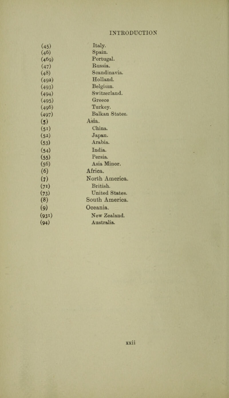 I (45) Italy. (46) Spain. (469) Portugal. (47) Russia. (48) Scandinavia. (492) Holland. (493) Belgium. (494) Switzerland. (495) Greece (496) Turkey. (497) Balkan States. (5) Asia. (51) China. (52) Japan. (53) Arabia. (54) India. (55) Persia. (56) Asia Minor. (6) Africa. ' (7) North America. (71) British. (73) United States. (8) South America. (9) Oceania. (931) New Zealand. (94) Australia.