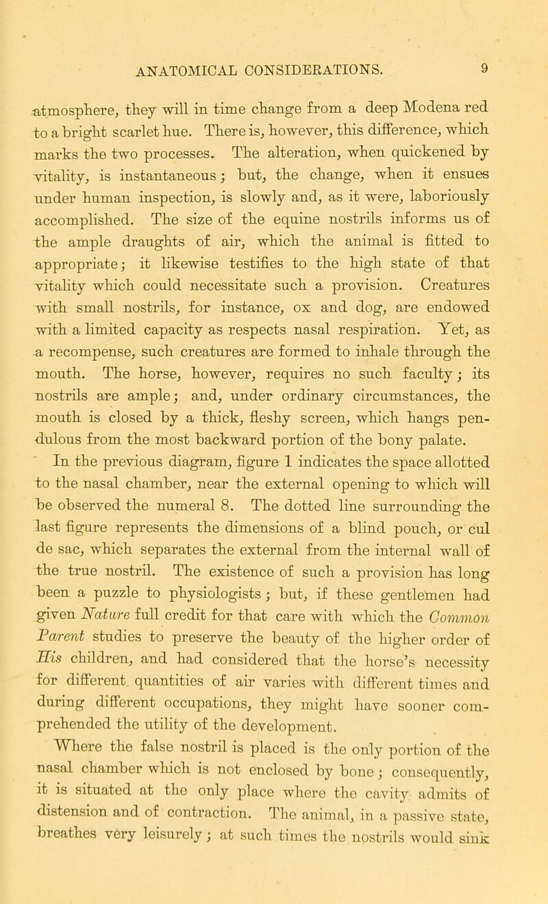 atmosphere, they will in time change from a deep Modena red to a bright scarlet hue. There is, however, this difference, which marks the two processes. The alteration, when quickened by vitality, is instantaneous; but, the change, when it ensues under human inspection, is slowly and, as it were, laboriously accomplished. The size of the equine nostrils informs us of the ample draughts of air, which the animal is fitted to appropriate; it likewise testifies to the high state of that vitality which could necessitate such a provision. Creatures with small nostrils, for instance, ox and dog, are endowed with a limited capacity as respects nasal respiration. Yet, as a recompense, such creatures are formed to inhale through the mouth. The horse, however, requires no such faculty; its nostrils are ample; and, under ordinary circumstances, the mouth is closed by a thick, fleshy screen, which hangs pen- dulous from the most backward portion of the bony palate. In the previous diagram, figure 1 indicates the space allotted to the nasal chamber, near the external opening to winch will be observed the numeral 8. The dotted line surrounding the last figure represents the dimensions of a blind pouch, or cul de sac, which separates the external from the internal wall of the true nostril. The existence of such a provision has long been a puzzle to physiologists; but, if these gentlemen had given Nat are full credit for that care with which the Common Parent studies to preserve the beauty of the higher order of Sis children, and had considered that the horse’s necessity for different, quantities of air varies with different times and during different occupations, they might have sooner com- prehended the utility of the development. Where the false nostril is placed is the only portion of the nasal chamber which is not enclosed by bone; consequently, it is situated at the only place where the cavity admits of distension and of contraction. The animal, in a passive state, breathes very leisurely; at such times the nostrils would sink