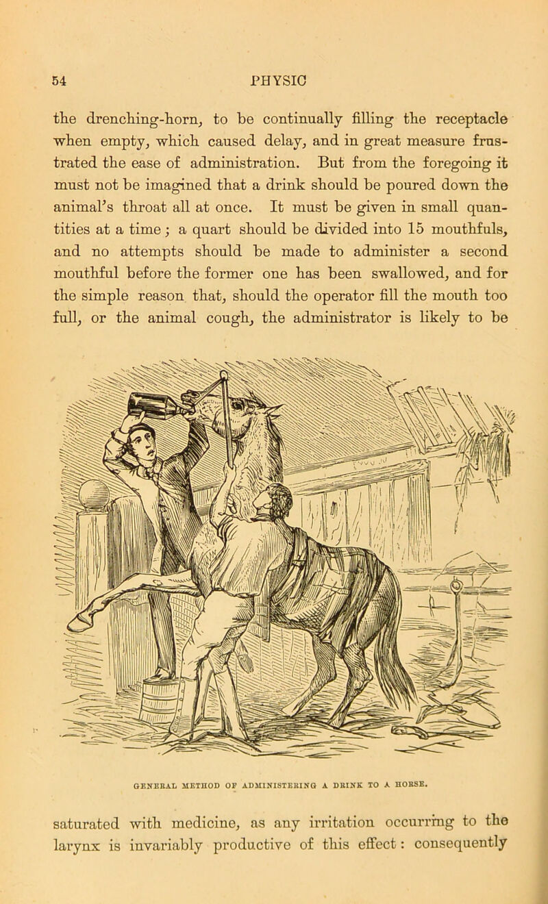 the drenching-horn, to be continually filling the receptacle when empty, which caused delay, and in great measure frus- trated the ease of administration. But from the foregoing it must not be imagined that a drink should be poured down the animal's throat all at once. It must be given in small quan- tities at a time ; a quart should be divided into 15 mouthfuls, and no attempts should be made to administer a second mouthful before the former one has been swallowed, and for the simple reason that, should the operator fill the mouth too full, or the animal cough, the administrator is likely to be GENERAL METHOD OP ADMINISTERING A DRINK TO A HORSE. saturated with medicine, as any irritation occurring to the larynx is invariably productive of this effect: consequently