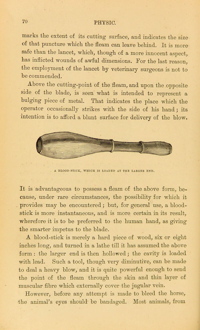 marks the extent of its cutting surface, and indicates the size of that puncture which the fleam can leave behind. It is more safe than the lancet, which, though of a more innocent aspect, has inflicted wounds of awful dimensions. For the last reason, the employment of the lancet by veterinary surgeons is not to be commended. Above the cutting-point of the fleam, and upon the opposite side of the blade, is seen what is intended to represent a bulging piece of metal. That indicates the place which the operator occasionally strikes with the side of his hand; its intention is to afford a blunt surface for delivery of the blow. A BLOOD-STICK, WHICH IS LOADED AT THE LABGEE END. It is advantageous to possess a fleam of the above form, be- cause, under rare circumstances, the possibility for which it provides may be encountered; but, for general use, a blood- stick is more instantaneous, and is more certain in its result, wherefore it is to be preferred to the human hand, as giving the smarter impetus to the blade. A blood-stick is merely a hard piece of wood, six or eight inches long, and turned in a lathe till it has assumed the above form : the larger end is then hollowed; the cavity is loaded with lead. Such a tool, though very diminutive, can be made to deal a heavy blow, and it is quite powerful enough to send the point of the fleam through the skin and thin layer of muscular fibre which externally cover the jugular vein. However, before any attempt is made to bleed the horse, the animaFs eyes should be bandaged. Most animals, from
