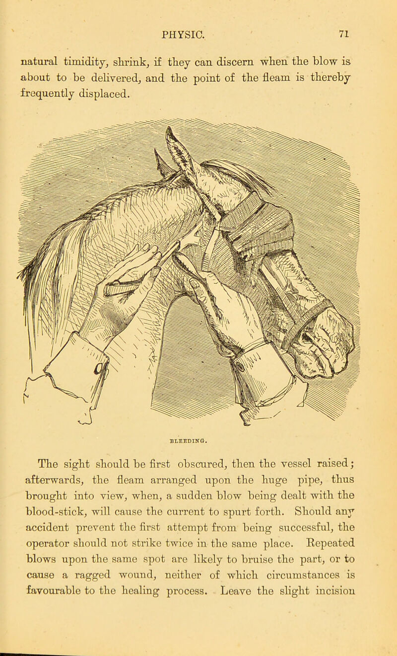 natural timidity, shrink, if they can discern when the blow is about to be delivered, and the point of the fleam is thereby frequently displaced. The sight should be first obscured, then the vessel raised; afterwards, the fleam arranged upon the huge pipe, thus brought into view, when, a sudden blow being dealt with the blood-stick, will cause the current to spurt forth. Should any accident prevent the first attempt from being successful, the operator should not strike twice in the same place. Repeated blows upon the same spot are likely to bruise the part, or to cause a ragged wound, neither of which circumstances is favourable to the healing process. Leave the slight incision