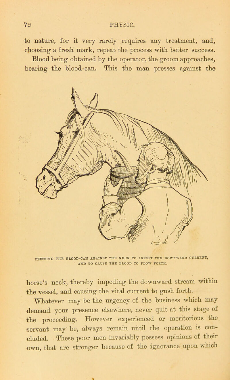 to nature, for it very rarely requires any treatment, and, choosing a fresh mark, repeat the process with better success. Blood being obtained by the operator, the groom approaches, bearing the blood-can. This the man presses against the MESSING THE BLOOD-CAN AGAINST THE NECK TO ARREST THE DOWNWARD CURRENT, AND TO CAUSE THE BLOOD TO FLOW FORTH. horse's neck, thereby impeding the downward stream within the vessel, and causing the vital current to gush forth. Whatever may be the urgency of the business which may demand your presence elsewhere, never quit at this stage of the proceeding. However experienced or meritorious the servant may be, always remain until the operation is con- cluded. These poor men invariably possess opinions of their own, that are stronger because of the ignorance upon which
