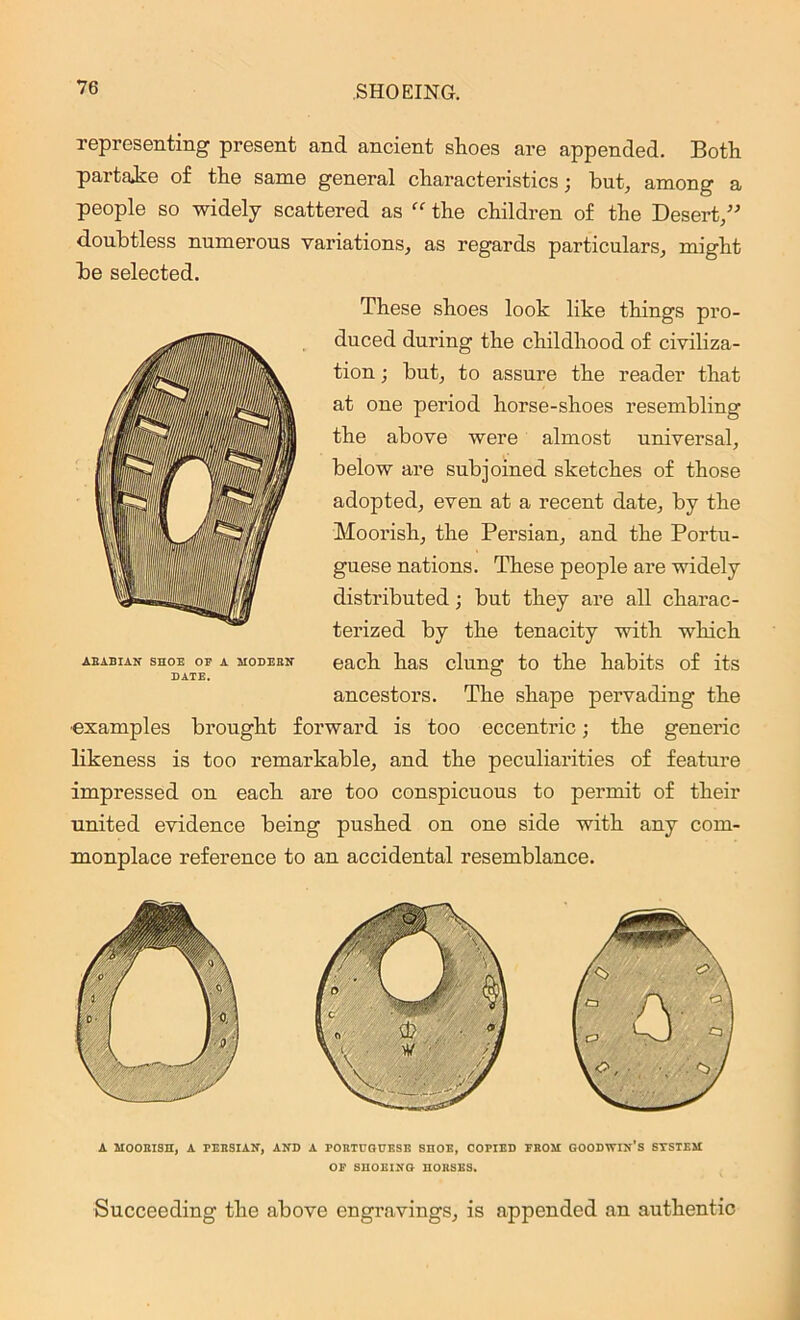 representing present and ancient shoes are appended. Both partake of the same general characteristics; but, among a people so widely scattered as “ the children of the Desert/-’ doubtless numerous variations, as regards particulars, might be selected. These shoes look like things pro- duced during the childhood of civiliza- tion ; but, to assure the reader that at one period horse-shoes resembling the above were almost universal, below are subjoined sketches of those adopted, even at a recent date, by the Moorish, the Persian, and the Portu- guese nations. These people are widely distributed; but they are all charac- terized by the tenacity with which aeabian- shoe op a modem.' each has clung to the habits of its ancestors. The shape pervading the •examples brought forward is too eccentric; the generic likeness is too remarkable, and the peculiarities of feature impressed on each are too conspicuous to permit of their united evidence being pushed on one side with any com- monplace reference to an accidental resemblance. A MOORISH, A PERSIAN, AND A PORTUGUESE SnOE, COPIED FROM GOODWIN’S SYSTEM OF SHOEING HORSES. Succeeding the above engravings, is appended an authentic