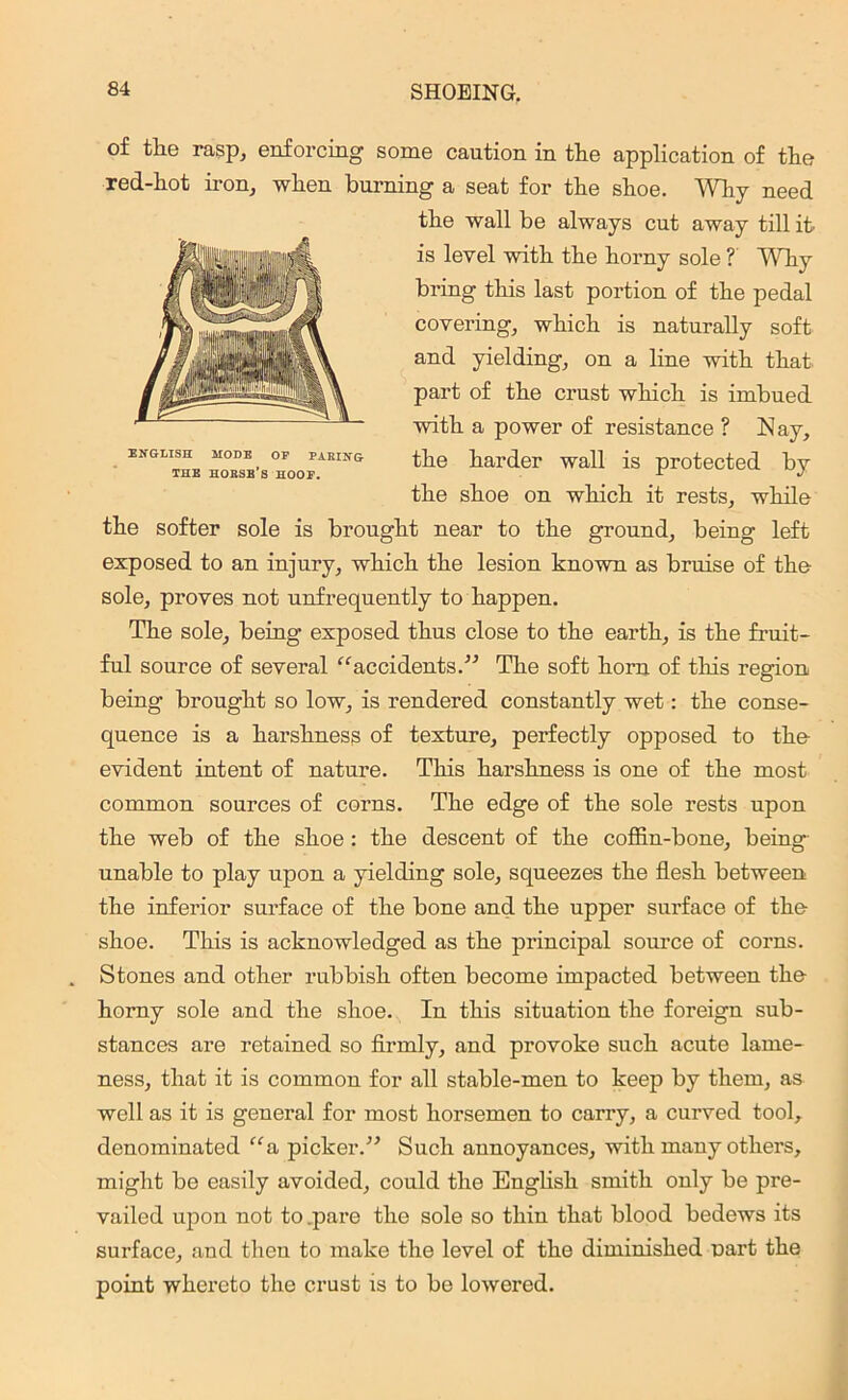 of the rasp, enforcing some caution in the application of the red-hot iron, when burning a seat for the shoe. Why need the wall be always cut away till it is level with the horny sole ? Why bring this last portion of the pedal covering, which is naturally soft and yielding, on a line with that part of the crust which is imbued with a power of resistance ? Nay, the harder wall is protected by the shoe on which it rests, while the softer sole is brought near to the ground, being left exposed to an injury, which the lesion known as bruise of the sole, proves not unfrequently to happen. The sole, being exposed thus close to the earth, is the fruit- ful source of several “accidents.” The soft horn of this region being brought so low, is rendered constantly wet: the conse- quence is a harshness of texture, perfectly opposed to the evident intent of nature. This harshness is one of the most common sources of corns. The edge of the sole rests upon the web of the shoe: the descent of the coffin-bone, being unable to play upon a yielding sole, squeezes the flesh between the inferior surface of the bone and the upper surface of the shoe. This is acknowledged as the principal source of corns. Stones and other rubbish often become impacted between the horny sole and the shoe. In this situation the foreign sub- stances are retained so firmly, and provoke such acute lame- ness, that it is common for all stable-men to keep by them, as well as it is general for most horsemen to carry, a curved tool, denominated “a picker.” Such annoyances, with many others, might be easily avoided, could the English smith only be pre- vailed upon not to .pare the sole so thin that blood bedews its surface, and then to make the level of the diminished part the point whereto the crust is to be lowered. ENGLISH MODE OF PARING THE HORSB’S HOOF.