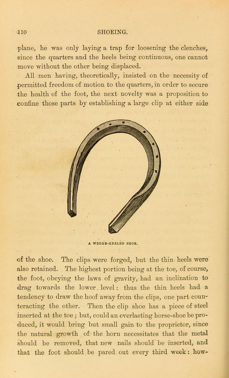 plane, lie was only laying a trap for loosening the clenches, since the quarters and the heels being continuous, one cannot move without the other being displaced. All men having, theoretically, insisted on the necessity of permitted freedom of motion to the quarters, in order to secure the health of the foot, the next novelty was a proposition to confine those parts by establishing a large clip at either side A WEDGB-HEKLED SHOE. of the shoe. The clips were forged, but the thin heels were also retained. The highest portion being at the toe, of course, the foot, obeying the laws of gravity, had an inclination to drag towards the lower. level: thus the thin heels had a tendency to draw the hoof away from the clips, one part coun- teracting the other. Then the clip shoe has a piece of steel inserted at the toe ; but, could an everlasting horse-shoe be pro- duced, it would bring but small gain to the proprietor, since the natural growth of the horn necessitates that the metal should be removed, that new nails should be inserted, and that the foot should be pared out every third week: how-