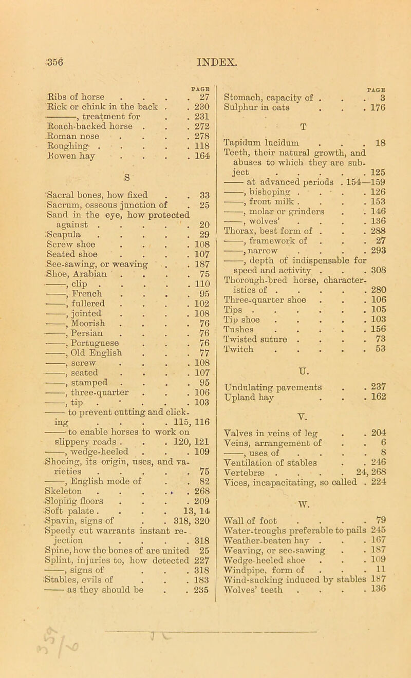 PAGE Ribs of horse . 27 Rick or chink in the back . . 230 , treatment for . 231 Roach-backed horse . . 272 Roman nose . 278 Roughing .... . 118 Rowen hay . 164 S Sacral bones, how fixed . 33 Sacrum, osseous junction of . 25 Sand in the eye, how protected against .... . 20 Scapula .... . 29 Screw shoe . 108 Seated shoe . 107 See-sawing, or weaving . 187 Shoe, Arabian . . 75 , clip .... . 110 , French . 95 , fullered . 102 , jointed . 108 , Moorish . 76 , Persian . 76 , Portuguese . 76 , Old English . 77 , screw . 108 , seated . 107 , stamped . 95 — , three-quarter . 106 , tip . . 103 to prevent cutting and click- ing .... 115, 116 to enable horses to work on slippery roads . 120, 121 , wedge-heeled . 109 ■Shoeing, its origin, uses, and va- rieties .... . 75 , English mode of . 82 Skeleton .... . 268 Sloping floors . 209 Soft palate .... 13, 14 Spavin, signs of 318, 320 Speedy cut warrants instant re- jection . 318 Spine, how the hones of are united 25 Splint, injuries to, how detected 227 , signs of ... 318 Stables, evils of ... 183 as they should be . . 235 Stomach, capacity of . PAGE . 3 Sulphur in oats • 176 T Tapidum lucidum 18 Teeth, their natural growth, and abuses to which they are sub- ject . 125 at advanced periods . 154— -159 , bishoping . . . 126 , front milk . . , 153 , molar or grinders . 146 , wolves’ , . 136 Thorax, best form of . . . 288 , framework of , . 27 , narrow . 293 , depth of indispensable for speed and activity . . 308 Thorough-bred horse, character- istics of . . . 280 Three-quarter shoe . 106 Tips .... • 105 Tip shoe • . 103 Tushes , . 156 Twisted suture . . . 73 Twitch • 53 U. Undulating pavements . . 237 Upland hay • 162 V. Valves in veins of leg . 204 Veins, arrangement of . • 6 , uses of . 8 Ventilation of stables . , 246 Vertebrm . • 24, 26S Vices, incapacitating, so oalled . 224 W. Wall of foot 79 Water-troughs preferable to pails 245 Weather-beaten hay . . 167 Weaving, or see-sawing . 187 Wedge-heeled shoe . 109 Windpipe, form of . 11 Wind-sucking* induced by stables 187 Wolves’ teeth . 136