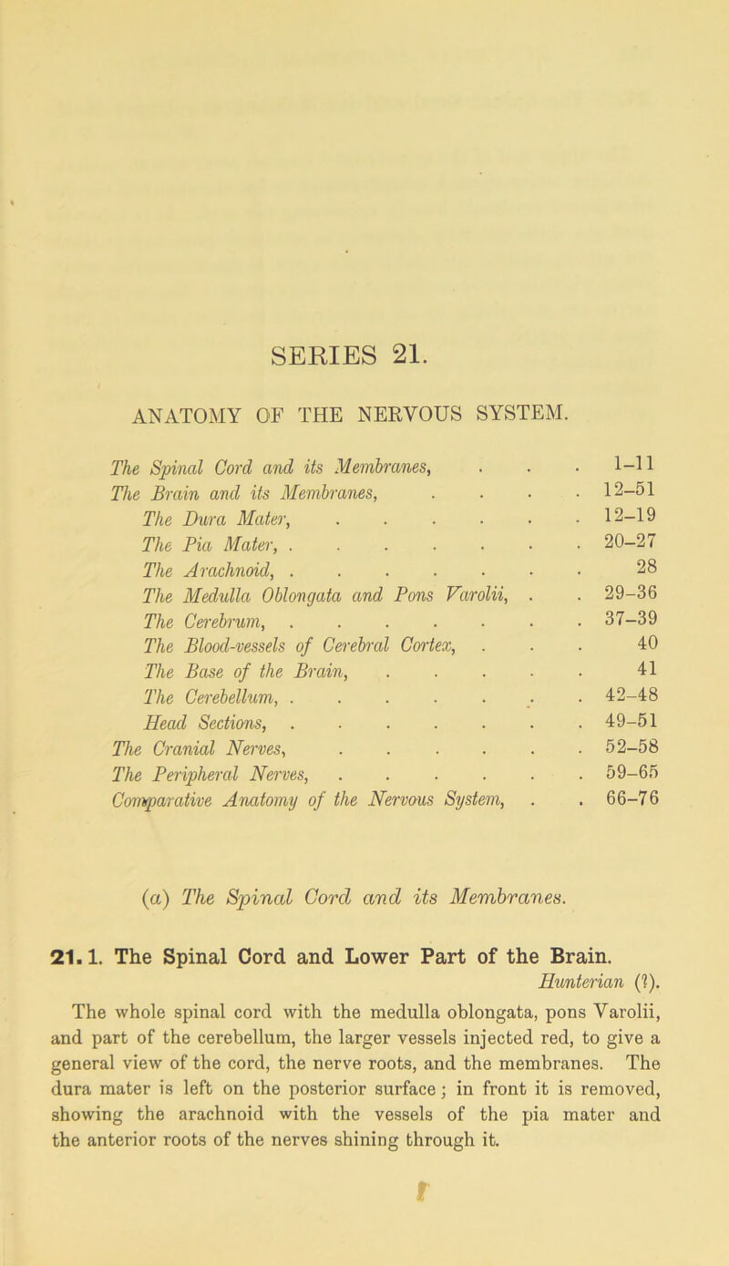 ANATOMY OF THE NERVOUS SYSTEM. The Spinal Cord and its Membranes, 1-11 The Brain and its Membranes, . 12-51 The Dura Mater, ..... . 12-19 The Pia Mater, ...... . 20-27 The Arachnoid, ...... 28 The Medulla Oblongata and Pons Varolii, . . 29-36 The Cerebrum, ...... . 37-39 The Blood-vessels of Cerebral Cortex, 40 The Base of the Brain, .... 41 The Cerebellum, ...... . 42-48 Head Sections, . 49-51 The Cranial Nerves, ..... . 52-58 The Peripheral Nerves, ..... . 59-65 Comparative Anatomy of the Nervous System, . 66-76 (a) The Sinnal Cord and its Membranes. 21.1. The Spinal Cord and Lower Part of the Brain. Hunterian (1). The whole spinal cord with the medulla oblongata, pons Varolii, and part of the cerebellum, the larger vessels injected red, to give a general view of the cord, the nerve roots, and the membranes. The dura mater is left on the posterior surface; in front it is removed, showing the arachnoid with the vessels of the pia mater and the anterior roots of the nerves shining through it. r