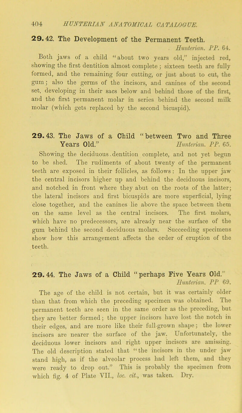 29.42. The Development of the Permanent Teeth. Hunterian. IJIJ. 64. Both jaws of a child “ about two years old,” injected red, showing the first dentition almost complete ; sixteen teeth are fully formed, and the remaining four cutting, or just about to cut, the gum; also the germs of the incisors, and canines of the second set, developing in their sacs below and behind those of the first, and the first permanent molar in series behind the second milk molar (which gets replaced by the second bicuspid). 29.43. The Jaws of a Child “between Two and Three Years Old.” Hunterian. PP. 65. Showing the deciduous. dentition complete, and not yet begun to be shed. The rudiments of about twenty of the permanent teeth are exposed in their follicles, as follows : In the upper jaw the central incisors higher up and behind the deciduous incisors, and notched in front where they abut on the roots of the latter; the lateral incisors and first bicuspids are more superficial, lying close together, and the canines lie above the space between them on the same level as the central incisors. The first molars, which have no predecessors, are already near the surface of the gum behind the second deciduous molars. Succeeding specimens show how this arrangement affects the order of eruption of the teeth. 29.44. The Jaws of a Child “perhaps Five Years Old.' Hunterian. PP 69. The age of the child is not certain, but it was certainly older than that from which the preceding specimen was obtained. The permanent teeth are seen in the same order as the preceding, but they are better formed; the upper incisors have lost the notch in their edges, and are more like their full-grown shape; the lower incisors are nearer the surface of the jaw. Unfortunately, the deciduous lower incisors and right upper incisors are amissing. The old description stated that “the incisors in the under jaw stand high, as if the alveolar process had left them, and they were ready to drop out.” This is probably the specimen from which fig. 4 of Plate VII., loc. cit., was taken. Dry.